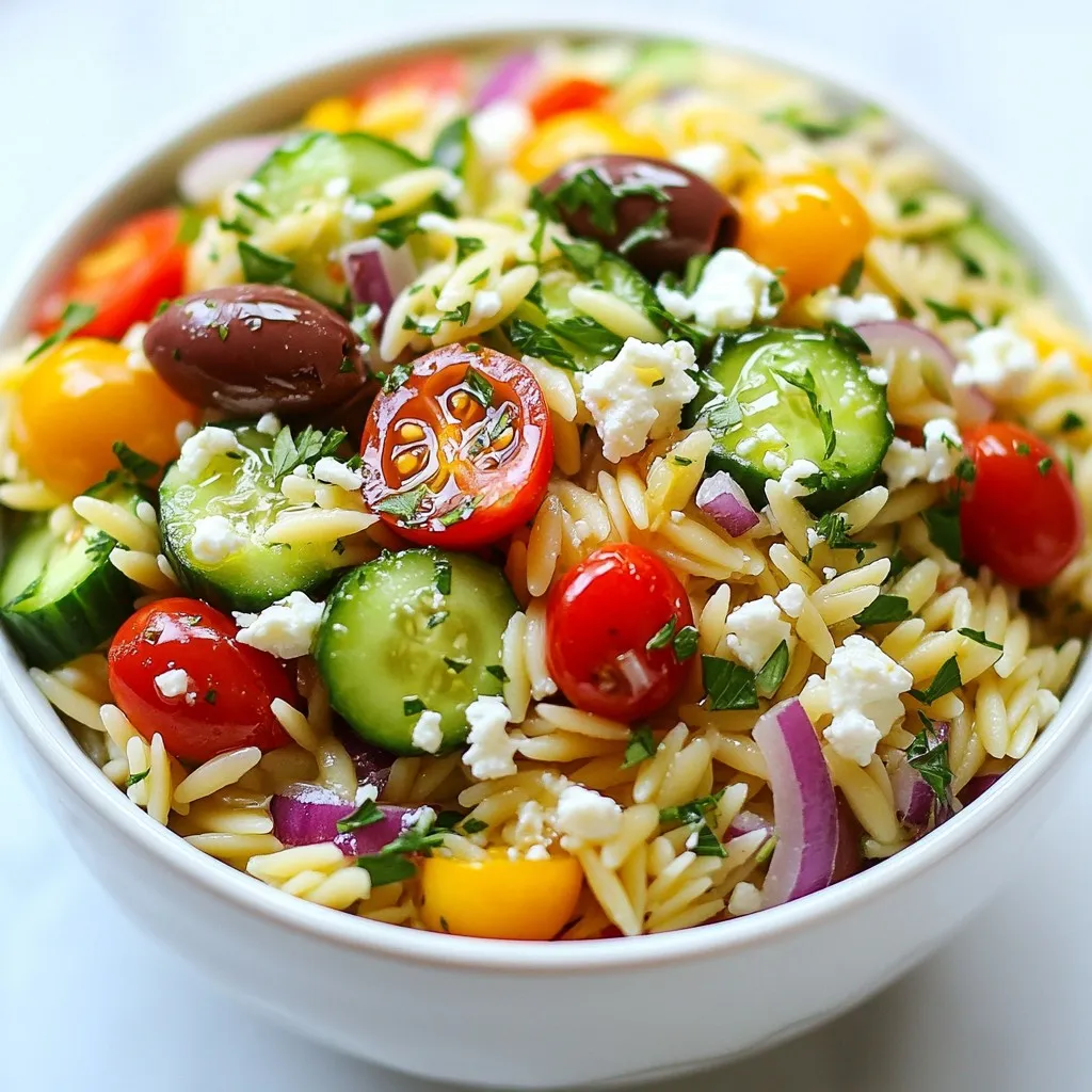To make a Greek Orzo Salad, you will need fresh and tasty ingredients. Each one adds flavor and texture. Here's what you'll gather: - 1 cup orzo pasta - 1 ½ cups cherry tomatoes, halved - 1 medium cucumber, diced into bite-sized pieces - ½ medium red onion, finely chopped - ½ cup Kalamata olives, pitted and sliced - 1 cup feta cheese, crumbled - ¼ cup fresh parsley, finely chopped - ⅓ cup extra-virgin olive oil - 2 tablespoons freshly squeezed lemon juice - 1 teaspoon dried oregano - Salt and freshly ground black pepper to taste Each ingredient plays its part. The orzo pasta is the star. It brings a nice, chewy texture. Cherry tomatoes add sweetness and color. The cucumber provides crunch. Red onion gives a mild bite. Kalamata olives and feta cheese bring saltiness and creaminess. Fresh parsley adds a pop of green and a hint of freshness. The dressing is equally important. Extra-virgin olive oil gives richness. Lemon juice adds brightness. Dried oregano brings that classic Mediterranean flavor. Salt and pepper round out the taste. With these ingredients, you can create a vibrant, flavorful dish that pleases everyone. Make sure to choose fresh, high-quality items for the best results. This salad shines with bright colors and bold flavors, making it a delight on any table. {{ingredient_image_2}} To cook the orzo, start by bringing a pot of water to a boil. Add salt to the water. Salting the water helps the pasta absorb flavor. Cook the orzo according to the package directions until it is al dente. After cooking, drain the orzo in a colander. Rinse it under cold water. This cools the pasta and stops it from cooking further. Set the orzo aside to cool completely. Next, grab a large mixing bowl. Chop the cherry tomatoes in half. Dice the cucumber into small pieces. Finely chop the red onion. Slice the Kalamata olives into rounds. Crumble the feta cheese into small pieces. Add all these ingredients into the bowl. Stir gently to combine them. Be careful not to mash the feta. In a small bowl, whisk together the extra-virgin olive oil and freshly squeezed lemon juice. Add dried oregano, salt, and pepper. Whisk until the dressing is smooth and well mixed. This process is called emulsification. It helps the dressing blend well, making it a tasty addition to the salad. Once the orzo is cool, add it to the bowl with the vegetables and feta. Drizzle the dressing over the salad. Use a spatula or a large spoon to gently mix everything. Make sure the pasta is coated well with the dressing. Taste the salad and adjust the seasoning if needed. If you want more flavor, add more salt, pepper, or lemon juice. Cover the bowl with plastic wrap or a lid. Refrigerate the salad for at least 30 minutes. This chilling time lets the flavors mix and taste even better. To boost your Greek Orzo Salad, try adding some fresh herbs. Fresh mint or dill works wonderfully. You can also include roasted red peppers for a hint of sweetness. For a spicy kick, toss in some red pepper flakes or sliced jalapeños. These small changes can make a big difference. When serving, consider using a large, colorful bowl to show off the salad. A sprinkle of extra feta or parsley on top adds a nice touch. This salad pairs well with grilled chicken or fish. It also shines as a side dish at summer picnics. You can serve it cold or at room temperature, depending on your preference. To make your salad visually appealing, focus on color and texture. Use a mix of bright cherry tomatoes and crisp cucumbers. The creamy feta contrasts nicely with the crunchy vegetables. Make sure to cut everything into similar sizes for a uniform look. Adding some toasted pine nuts or sunflower seeds can offer a nice crunch too. Pro Tips Cook Orzo Al Dente: Make sure to cook the orzo until just al dente to prevent it from becoming mushy after mixing with the other ingredients. Chill for Flavor: Allow the salad to chill in the refrigerator for at least 30 minutes before serving. This helps the flavors meld together for a more delicious taste. Customize Ingredients: Feel free to add or substitute other ingredients like bell peppers, artichokes, or even chickpeas for a twist on this classic salad. Fresh Herbs Matter: Using fresh parsley instead of dried can elevate the flavor of your salad, so don’t skimp on the fresh herbs! {{image_4}} You can boost your Greek Orzo Salad with protein. Grilled chicken adds a hearty touch. Simply slice it thin and toss it in. Shrimp is another great choice. Cook them quickly on the grill or stovetop. For a plant-based option, use chickpeas. They bring a nice texture and protein punch. Just rinse and drain a can, then mix them in. Each option makes the salad more filling and satisfying. If you need a gluten-free salad, swap the orzo for quinoa or rice. Both still give that nice grainy feel. For a vegan version, leave out the feta cheese. You can use avocado for creamy goodness instead. Nutritional yeast can add a cheesy flavor without dairy. These adjustments keep the dish tasty while meeting dietary needs. Using seasonal vegetables can make your salad even better. In summer, ripe tomatoes and cucumbers shine. In fall, add roasted squash or beets for sweetness. Winter calls for hearty greens like kale or spinach. Spring brings fresh peas or asparagus. Mixing in these seasonal delights keeps your salad fresh and exciting. You can change it up every time you make it. To keep your Greek Orzo Salad fresh, store any leftovers in an airtight container. Make sure to press down the lid to remove excess air. This helps preserve the salad’s crunch and flavor. Place the container in the fridge, and use it within three days for the best taste. If you notice any moisture, use a paper towel to absorb it before sealing. This keeps the veggies crisp. You can freeze Greek Orzo Salad, but be aware it may change texture. If you choose to freeze, do it before adding feta and dressing. Place the salad in a freezer-safe container and seal it tightly. When you are ready to eat, thaw it in the fridge overnight. After thawing, add fresh feta and dressing for a bright flavor. For the best quality, consume your salad within three days if refrigerated. If frozen, aim to eat it within a month. After that, the flavors might fade, and the textures may suffer. Always check for any off smells or changes in color before eating. Enjoy your delicious creation while it’s fresh! Orzo is a small, rice-shaped pasta made from durum wheat. It cooks quickly and is great in salads. You can use orzo in many dishes, like soups and casseroles. In a Greek Orzo Salad, orzo acts as a base that holds flavors well. Its texture complements fresh veggies, making every bite satisfying. Yes, you can make Greek Orzo Salad in advance. This salad tastes better after resting. The flavors meld together over time. Prepare the salad up to a day ahead. Just keep it covered in the fridge. If you want the best taste, let it chill for at least 30 minutes before serving. This makes sure the dressing soaks in, enhancing the flavors. If you can't eat feta, there are tasty alternatives. Try goat cheese for a tangy flavor. Creamy ricotta cheese can also work, adding a smooth texture. For vegan options, use crumbled tofu or a dairy-free cheese. Each substitute changes the taste slightly, so choose one that fits your diet best. In this post, we explored the tasty Greek Orzo Salad. We covered the key ingredients like orzo, fresh veggies, olives, and feta cheese. You learned how to cook orzo, prepare veggies, and make an easy dressing. I shared tips to boost flavor and suggested variations to match your diet. Keep these points in mind as you make your salad a crowd-pleaser. Whether it’s for a meal or a snack, this dish is sure to impress! Enjoy creating your perfect orzo salad.