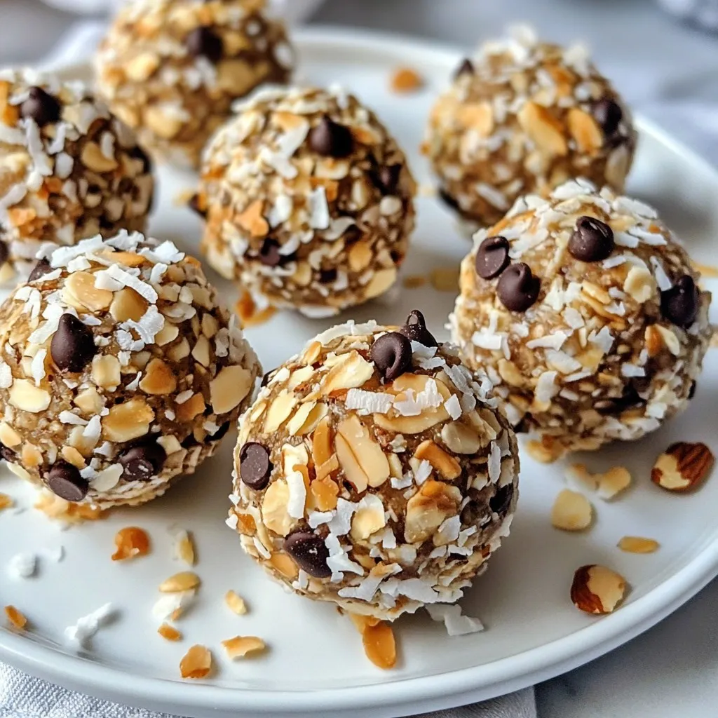 - 1 cup rolled oats - 1 cup shredded unsweetened coconut - 1/2 cup creamy almond butter - 1/4 cup natural honey or maple syrup - 1/4 cup dark chocolate chips - 1/4 cup chopped almonds - 1 teaspoon pure vanilla extract - Pinch of flaky sea salt - Prep Time: 15 minutes - Total Time: 45 minutes - Servings: 12-15 To make these energy balls, gather your ingredients first. You want to have everything ready. The rolled oats and shredded coconut form the base. They give great texture. The creamy almond butter adds a rich taste and binds it all together. You can use honey or maple syrup for sweetness. Dark chocolate chips add a nice touch of indulgence. Chopped almonds give a nice crunch. Next, let's talk about prep time. It takes 15 minutes to get everything mixed. The total time, including chilling, is 45 minutes. You can make about 12 to 15 balls, depending on how big you want them. Remember, these energy balls are not just easy to make; they are also fun! You can enjoy them as a snack at any time. {{ingredient_image_2}} In a large mixing bowl, combine 1 cup of rolled oats with 1 cup of shredded coconut. Stir well to mix them evenly. This step sets a great base for your energy balls. In another bowl, whisk together 1/2 cup of creamy almond butter, 1/4 cup of natural honey or maple syrup, 1 teaspoon of pure vanilla extract, and a pinch of flaky sea salt. Mix until the mixture is smooth and creamy. This will bring sweetness and flavor to your energy balls. Pour the wet mixture over the dry mixture. Add in 1/4 cup of dark chocolate chips and 1/4 cup of chopped almonds. Mix everything together until the mixture feels sticky and cohesive. This texture helps the energy balls hold together. Scoop out tablespoon-sized portions of the mixture and roll them into balls. Aim for about 12 to 15 energy balls, depending on your size choice. Place the rolled balls on a parchment-lined baking sheet. This keeps them from sticking. Refrigerate your energy balls for at least 30 minutes. Chilling helps them set and firm up nicely. This step makes your snack easy to grab and enjoy later. You can change the Almond Joy Energy Balls to fit your diet. For a vegan option, use maple syrup instead of honey and choose dairy-free chocolate chips. This keeps the sweet taste while making it plant-based. If you need a gluten-free option, make sure your oats are labeled gluten-free. This small change helps you enjoy the snack without worry. To keep your Almond Joy Energy Balls fresh, store them in an airtight container. You can use a glass jar or a plastic food storage container. These balls stay good for about one week in the fridge. If you want to keep them longer, you can freeze them. They can last for up to three months in the freezer. Just let them thaw in the fridge before eating. Each Almond Joy Energy Ball has about 100 calories. They contain 3 grams of protein, 5 grams of fat, and 10 grams of carbohydrates. The key ingredients offer health benefits too. Almonds give you healthy fats and protein. Coconut adds fiber and helps with digestion. Dark chocolate has antioxidants, which are good for your heart. So, these snacks not only taste great but also provide good nutrition. Pro Tips Use Fresh Ingredients: Always opt for fresh, high-quality almond butter and dark chocolate chips to enhance the flavor of your energy balls. Adjust Sweetness: Feel free to adjust the amount of honey or maple syrup based on your preference for sweetness. Experiment with Mix-ins: Try adding different nuts, seeds, or dried fruits to customize your energy balls to your liking. Storage Tips: Store the energy balls in an airtight container in the refrigerator for up to a week or freeze for longer shelf life. {{image_4}} You can make your Almond Joy Energy Balls look great. Serve them in a clear glass jar. This way, everyone can see the tasty snacks inside. You can also arrange them on a nice platter. For extra flair, sprinkle shredded coconut on top of each ball. This adds a fun touch and makes them look even more appealing. Pair these energy balls with a cool drink. A glass of almond milk works well. You can also enjoy them with hot tea or coffee. If you're feeling adventurous, try them with fresh fruit like bananas or apples. These pairings make a great snack or quick breakfast! You can switch things up with different flavors. Try making a mint chocolate version. Just add a little peppermint extract to the mix. It gives a fresh taste that pairs well with chocolate. If you like peanut butter, swap almond butter for it. This gives the energy balls a rich, nutty flavor. Not a fan of almond butter? You can use cashew butter instead. It has a creamy texture and sweet taste. For a sweetener, honey works great, but maple syrup is a good choice too. Both options add natural sweetness without extra fuss. Change the flavors with the seasons. In fall, mix in some pumpkin spice. It adds warmth and coziness, perfect for chilly days. You can also add dried fruits like mango or pineapple for a tropical twist. This keeps the energy balls fun and fresh all year long. Yes, you can freeze Almond Joy Energy Balls. To freeze them, place the balls in a single layer on a baking sheet. Once frozen, transfer them to a freezer bag or airtight container. This method keeps them fresh and prevents sticking. For thawing, simply take out the number you want and leave them in the fridge overnight. They will be ready to eat the next day. Almond Joy Energy Balls last about a week in the fridge. Store them in an airtight container to keep them fresh. If you freeze them, they can last up to three months. Always check for any signs of spoilage, like a strange smell or texture, before eating. Yes, using a food processor makes this recipe easier. It can quickly mix the oats, coconut, and other ingredients. This saves time and helps achieve a smooth texture. Just pulse the dry ingredients first, then add the wet ones for a cohesive mixture. It’s a great tool for busy cooks. You can find gluten-free oats at most grocery stores. Check the health food aisle or the gluten-free section. Many brands label their oats as gluten-free. You can also look online for specialty stores that offer these oats. Always read the labels to ensure they meet your needs. Almond Joy Energy Balls are easy to make and full of flavor. With simple steps, you can whip up a tasty snack in no time. From the mix of oats, coconut, and almond butter, to the sweet touch of honey and chocolate, these treats shine. Remember to try the variations! You can even switch up the flavors or add some seasonal ingredients. Enjoy them as a quick snack or a fun dessert. These energy balls are sure to be a hit! Now, grab your ingredients and get started!