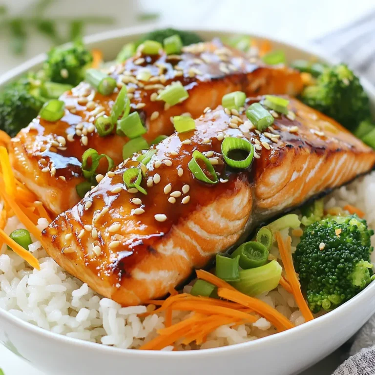 - 2 salmon fillets, skinless - 2 cups cooked jasmine rice, warm - 1 cup broccoli florets, steamed until tender - 1 cup carrots, shredded The main ingredients for Teriyaki Salmon Rice Bowls are simple yet flavorful. Salmon brings great taste and nutrition. Jasmine rice adds a soft base that complements the dish. Steamed broccoli and shredded carrots brighten up the bowl with color and crunch. - 1/2 cup low-sodium soy sauce - 1/4 cup honey - 2 tablespoons rice vinegar - 1 tablespoon freshly grated ginger - 2 cloves garlic, finely minced The teriyaki marinade is key to this dish. The soy sauce adds saltiness. Honey brings sweetness for balance. Rice vinegar adds a tangy touch. Ginger and garlic provide depth and warmth. Mixing these creates a perfect marinade to soak the salmon in. - 1/4 cup green onions, thinly sliced - Sesame seeds Garnishes finish your bowl beautifully. Green onions add a fresh crunch. Sesame seeds give a nutty flavor and a lovely look. These little touches make your dish pop. They also enhance the overall taste and experience of your meal. {{ingredient_image_2}} - Combine soy sauce, honey, rice vinegar, grated ginger, and minced garlic. - Whisk until thoroughly blended. Making the teriyaki marinade is quick and easy. First, gather your ingredients. The soy sauce adds saltiness, while honey brings sweetness. Rice vinegar gives a nice tang. Fresh ginger and garlic add depth and warmth. When you whisk these together, you create a tasty blend that will coat the salmon perfectly. - Place salmon fillets in a shallow dish. - Pour half of the marinade over the salmon and marinate for at least 15 minutes. Next, put your salmon fillets in a shallow dish. This allows the marinade to cover the fish well. Pour half of the marinade over the salmon. Make sure each fillet is coated. Let the salmon sit for at least 15 minutes. This helps the flavors soak in and makes the fish extra tasty. - Preheat grill or stovetop grill pan. - Cook salmon for 4-5 minutes on each side. - Brush with reserved marinade in the last minute. While the salmon marinates, preheat your grill or grill pan. You want it hot so the salmon gets a nice sear. Once hot, take the salmon out of the marinade. Place it on the grill. Cook each side for 4-5 minutes. In the last minute, brush the salmon with the reserved marinade. This adds more flavor and a nice glaze. - Divide rice into serving bowls. - Top with steamed broccoli, shredded carrots, and salmon. Now it’s time to build your rice bowls. Start by dividing the warm jasmine rice into two bowls. This rice is soft and fluffy, making a great base. Next, add the steamed broccoli and shredded carrots on top. The bright colors make the dish look good. Finally, place a piece of grilled salmon in each bowl. - Drizzle any leftover teriyaki sauce over the bowls. - Garnish with green onions and sesame seeds. For the final touch, drizzle any leftover teriyaki sauce over the bowls. This enhances the flavor. Then, sprinkle sliced green onions and sesame seeds on top. These add crunch and a pop of color. Your teriyaki salmon rice bowls are now ready to enjoy! To get a great sear on your salmon, heat your grill well. A hot grill helps lock in moisture. Once the salmon is on the grill, resist the urge to flip it too often. This keeps the fish juicy and tender. Cook for 4-5 minutes on each side. Add extra veggies or sides to your bowls. Edamame works well and adds protein. For a fun touch, serve with chopsticks. It makes the meal feel more authentic and adds to the experience. Make your bowls look vibrant by arranging the veggies in a colorful way. Place the salmon fillet slightly off-center. This small touch makes your dish look elegant and inviting. Enjoy the fun of plating as much as the meal itself! Pro Tips Marinate Longer for Depth: For a more intense flavor, consider marinating the salmon for up to 30 minutes or even longer in the refrigerator. Just be cautious not to over-marinate, as the acidity from the vinegar can start to break down the fish. Perfect Searing Technique: Ensure your grill or grill pan is hot before adding the salmon. This helps achieve a nice sear, locking in the juices and giving the fish a beautiful crust. Vegetable Variations: Feel free to mix and match vegetables based on seasonality or personal preference. Snap peas, bell peppers, or even avocado can be great additions to your rice bowls. Serving Suggestions: To elevate your dish, consider adding a side of pickled ginger or wasabi for extra flavor and authenticity. Pair with a light green tea for a complete meal experience. {{image_4}} You can switch the salmon for chicken or tofu. Chicken thighs work well. Tofu is great for a plant-based option. Just marinate it like salmon. The flavors will soak in beautifully. Try using teriyaki with pineapple for a sweet twist. This adds a fruity zing to your dish. You can also make homemade spicy mayo. Mix mayo with sriracha for a kick. It pairs well with salmon and adds creaminess. Adding pickled ginger can give your bowl extra flavor. It has a nice tang that brightens each bite. You can also include fresh avocado or radish slices. Both add a cool crunch and vibrant color. To keep your teriyaki salmon rice bowls fresh, store leftovers in an airtight container. This helps to lock in moisture and flavor. It’s best to keep the cooked ingredients separate. This way, the rice won’t absorb excess moisture from the salmon or veggies. Aim to eat leftovers within three days for the best taste. You can freeze marinated salmon before cooking it. Place the salmon fillets and marinade in a freezer-safe bag. Make sure to press out as much air as possible before sealing. Label the bag with the date and freeze for up to three months. When it’s time to cook, thaw the salmon overnight in the fridge. For reheating rice, add a splash of water and cover. This prevents it from drying out. To warm up the entire bowl, use the microwave. Heat in short bursts to avoid overcooking the salmon. Stir the rice and veggies every minute for even heating. If you are reheating on the stove, add a little water to prevent sticking. Keep the heat low and cover the pan. This helps retain moisture and keeps the salmon tender. To thicken your teriyaki sauce, you can use cornstarch. Mix one tablespoon of cornstarch with two tablespoons of water to create a slurry. Stir this mixture into your sauce while it simmers. Heat it until it thickens. You can also simmer the sauce longer to reduce it. This helps to concentrate the flavors and naturally thicken the sauce. Yes, you can use brown rice. Brown rice has a nuttier flavor. It also takes longer to cook. For brown rice, cook it for about 40-45 minutes. Make sure to adjust the water ratio to about 2.5 cups per cup of rice. This will help ensure it’s tender and fluffy. If you don’t have a grill, don’t worry! You can bake the salmon in the oven. Preheat your oven to 400°F (200°C). Place the salmon on a lined baking sheet. Bake for about 12-15 minutes, or until it flakes easily. You can also broil it for a few minutes at the end for a nice char. You can store your teriyaki salmon rice bowls in the fridge for up to 3 days. Use an airtight container to keep them fresh. For the best taste, keep the salmon and rice separate until serving. If you want to freeze them, do so without the rice. The salmon can last up to 3 months in the freezer. This blog post detailed how to make delicious teriyaki salmon rice bowls. You learned about the key ingredients, the step-by-step process, and important tips. Remember to experiment with different proteins and sauces for variety. Proper storage keeps your leftovers fresh, and reheating tips maintain flavor. Enjoy creating this dish at home for a healthy, tasty meal. You’ll impress your friends and family with your new cooking skills! Dive in and have fun with your culinary journey.