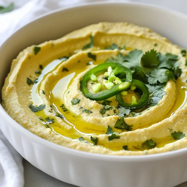 To make Jalapeño Lime Hummus, you need simple ingredients that pack a punch. Here’s what to gather: - 1 can (15 oz) chickpeas, drained and rinsed - 1/4 cup tahini - 1 jalapeño, seeds removed and roughly chopped - 2 tablespoons fresh lime juice - 2 tablespoons extra virgin olive oil - 2 cloves garlic, minced - 1/2 teaspoon ground cumin - Salt to taste - Water as needed (about 2-4 tablespoons) - Fresh cilantro, finely chopped, for garnish (optional) Each ingredient plays a key role in the flavor and texture of the hummus. Chickpeas form the base, giving a creamy feel. Tahini adds richness and depth. The jalapeño brings heat and a fresh taste. Fresh lime juice brightens the hummus, while olive oil adds smoothness. Garlic gives it a nice kick, and ground cumin adds warmth. Salt balances all the flavors. Water adjusts the consistency to your liking, making it as thick or smooth as you want. For a pretty finish, you can add cilantro on top. It looks nice and adds a fresh touch. Each bite delivers a burst of flavor that’s hard to resist. {{ingredient_image_2}} First, gather all your ingredients. You will need a can of chickpeas, tahini, a jalapeño, lime juice, olive oil, garlic, ground cumin, salt, and some water. For garnish, consider fresh cilantro. Rinse the chickpeas under cold water and drain them well. Remove the seeds from the jalapeño for less heat. Chop it roughly so it blends well. Now, put all the prepared ingredients into a food processor. Add the chickpeas, tahini, jalapeño, lime juice, olive oil, garlic, and cumin. Blend these on high speed until you achieve a smooth paste. This step is key. It makes the hummus creamy and rich. After blending, check the texture. If the hummus is too thick, add water. Start with one tablespoon at a time. Blend again until it feels just right. Next, taste your hummus. Add salt based on your preference. Blend briefly to mix in the salt. Your hummus should now be smooth, creamy, and full of flavor. To get a great texture for your hummus, focus on the blending. Start with the chickpeas, tahini, and other ingredients in a food processor. Pulse until you see a smooth paste. If it feels thick, add water slowly. Start with one tablespoon. Blend until creamy. This helps to achieve that nice, velvety feel. You want your hummus easy to scoop but not runny. To boost the flavor, consider adding more lime juice or garlic. The lime juice gives a fresh taste that brightens the dish. If you love spice, keep some jalapeño seeds. They add heat! Another option is to mix in roasted peppers. This adds depth to your hummus. Don’t forget to taste as you go. Season with salt until it feels just right. Make your hummus look as good as it tastes! Serve it in a decorative bowl. Drizzle olive oil on top for shine. You can also sprinkle chili flakes or lime zest for color. Surround the bowl with colorful veggie sticks or pita chips. This makes it fun and inviting. A little fresh cilantro on top adds a nice touch too! Pro Tips Adjusting Spice Level: If you want a milder hummus, consider using only half of the jalapeño or removing the seeds to lessen the heat. Add Creaminess: For an ultra-creamy texture, try adding a bit of Greek yogurt or more tahini to the mix. Flavor Variations: Experiment with other herbs, such as parsley or dill, for a unique twist on the flavor profile. Storing Hummus: Store any leftovers in an airtight container in the refrigerator for up to a week; drizzle with olive oil before serving again. {{image_4}} You can control the heat in your Jalapeño Lime Hummus. If you love spice, keep the seeds from the jalapeño. This will make the hummus hotter. If you prefer a milder taste, take out all the seeds. You can also add more jalapeño for extra heat or use a different pepper, like a poblano. Feel free to swap ingredients to fit your taste. Don’t have tahini? Use Greek yogurt for a creamy texture. You can also try black beans instead of chickpeas. This will give your hummus a different flavor. For a twist, mix in avocado for a rich, smooth dip. You can boost the flavor with herbs and spices. Try adding smoked paprika for a smoky taste. Fresh herbs like basil or parsley can add brightness. You can even mix in roasted red peppers for a sweet touch. Each of these ideas can make your hummus unique and fun! You can store leftover jalapeño lime hummus in an airtight container. Make sure the lid is on tight to keep it fresh. Place it in the fridge. It stays good for about 3 to 5 days. If you see any change in color or smell, it’s best to toss it. If you want to keep your hummus longer, freezing is a great option. To freeze, put the hummus in a freezer-safe container. Leave some space at the top because it will expand as it freezes. You can also use ice cube trays for smaller portions. Just pop out a cube when you want a quick snack! For the best flavor and quality, use your frozen hummus within 3 months. When you’re ready to eat, thaw it overnight in the fridge. Stir well before serving to mix the texture back together. Enjoy your tasty dip! Yes, you can make Jalapeño Lime Hummus a day or two before serving. It tastes great when chilled. Just store it in an airtight container in the fridge. The flavors meld and get better over time. When you are ready to serve, give it a quick stir. You might need to add a bit of water to loosen it up. You can serve Jalapeño Lime Hummus with many tasty items. Here are some ideas to try: - Fresh vegetable sticks like carrots, celery, or bell peppers - Pita chips or pita bread - Crackers or breadsticks - Tortilla chips - Grilled chicken or shrimp for a protein boost This hummus also pairs well as a spread on sandwiches or wraps. Yes, this hummus is gluten-free! All the ingredients, like chickpeas and tahini, are safe for those avoiding gluten. Just make sure any dippers you choose are also gluten-free. Enjoy this dip without worry. You learned how to make Jalapeño Lime Hummus, starting with simple, fresh ingredients. We covered preparing, blending, and adjusting the texture and flavor. I shared tips for perfecting your hummus and offered fun variations. Storing and enjoying leftovers is easy with my guidelines. Enjoy your hummus with friends and family. It's healthy, tasty, and fun to make!