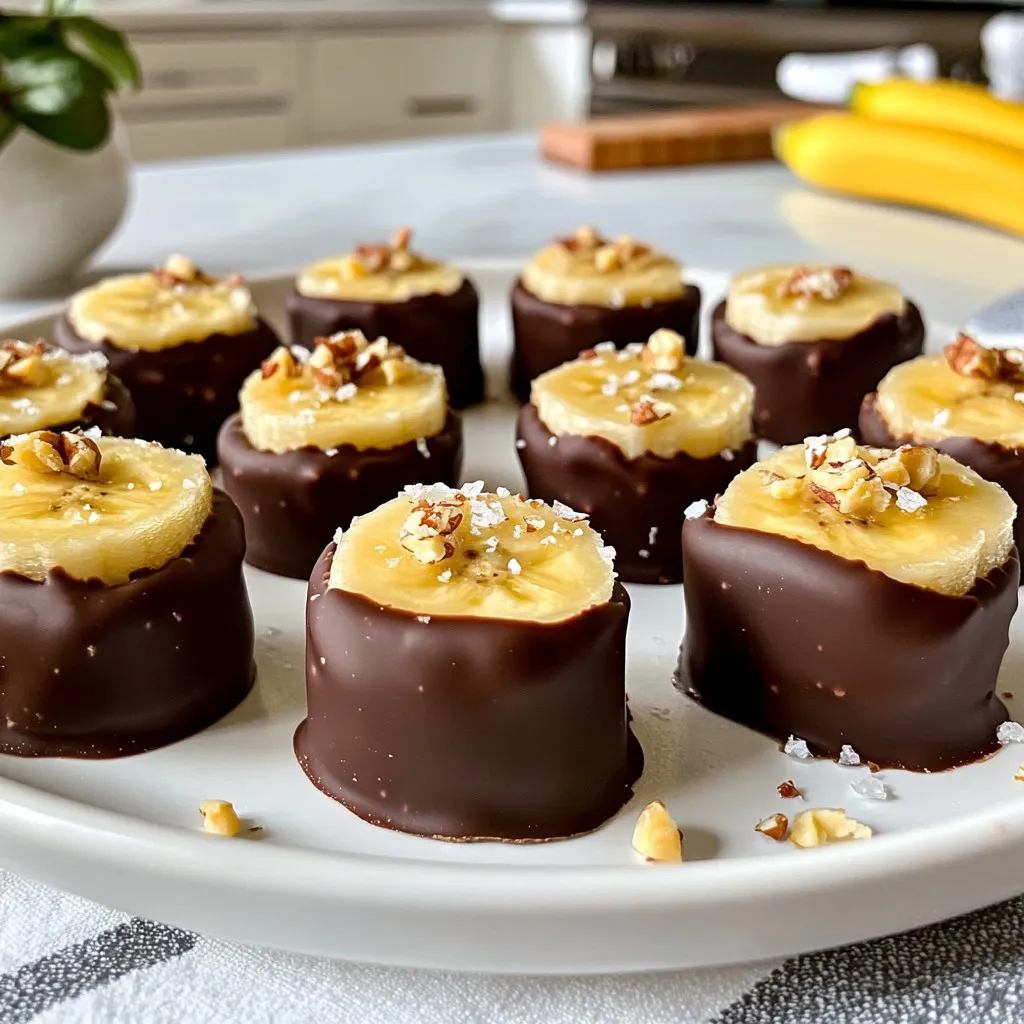 - 2 ripe bananas - 1 cup dark chocolate chips (or melting chocolate) - 1 tablespoon coconut oil - Sea salt, for sprinkling - Crushed nuts - Shredded coconut - Colorful sprinkles The right ingredients make all the difference in your chocolate-covered banana bites. Start with bananas that are ripe. They should be yellow with some brown spots. This means they are sweet and perfect for this treat. Next, choose your chocolate. I love dark chocolate chips for their rich taste. You can also use melting chocolate if you prefer. The coconut oil helps the chocolate melt smoothly and adds a slight flavor. Sea salt is key to balance the sweetness of the bananas and chocolate. Just a sprinkle will elevate your treat. Feel free to get creative with toppings. Crushed nuts add crunch, while shredded coconut gives a tropical twist. Colorful sprinkles make everything more fun and appealing, especially for kids. With these ingredients, you set yourself up for a delicious and fun experience! {{ingredient_image_2}} Start by peeling the ripe bananas. You want to see that nice yellow color. Slice the bananas into rounds about ½ inch thick. Each slice should be even for the best results. Arrange the banana slices on a plate and make sure they are not touching. This step helps keep them neat. In a microwave-safe bowl, combine 1 cup of dark chocolate chips with 1 tablespoon of coconut oil. The coconut oil helps the chocolate melt smoothly. Heat this mixture in the microwave. Do it in 30-second bursts to avoid burning. Stir the chocolate well after each burst. Once it is fully melted and smooth, it is ready to use. Now it’s time to coat the banana slices. Take a slice and dip it into the melted chocolate. Make sure to cover the whole slice. Gently shake off any excess chocolate before placing it on the baking sheet. This will help keep the bites from being too messy. Prepare a baking sheet by lining it with parchment paper. This step makes cleanup easy. Once all the slices are coated, place the baking sheet in the freezer. Let the banana bites chill for about 30 minutes. This allows the chocolate to harden. You can enjoy them right away or store them in an airtight container in the freezer for up to a week. To get a smooth chocolate coating, start with good chocolate. I suggest using dark chocolate chips or melting chocolate. Mix in a tablespoon of coconut oil. This helps the chocolate melt better. When melting, do it in short bursts. Heat for 30 seconds, then stir. Repeat until you have a smooth mix. If you see clumps, it means the chocolate is not fully melted. Keep stirring until it’s all melted and smooth. You can make your banana bites even better with toppings. Try adding crushed nuts for crunch. Shredded coconut gives a nice tropical taste. Colorful sprinkles add fun and make them look pretty. When you coat the banana bites, drizzle some melted chocolate on top for a lovely finish. Serve your bites on a nice plate to impress your guests. One big mistake is overheating the chocolate. If you heat it too long, it may burn and lose its shine. Always use short heating times and stir often. Another mistake is not letting the chocolate set. After coating, put the banana bites in the freezer for 30 minutes. This step is key for a perfect bite. If you skip this, the chocolate may not harden well. Pro Tips Choose the Right Bananas: Select bananas that are ripe but not overly soft. This will ensure they hold their shape when dipped in chocolate. Use Quality Chocolate: Opt for high-quality dark chocolate for the best flavor. If you're not a fan of dark chocolate, milk chocolate works well too! Keep It Cool: Make sure the melted chocolate stays warm while dipping. If it starts to harden, gently reheat it to maintain a smooth consistency. Experiment with Toppings: Get creative with your toppings! Try different combinations of nuts, seeds, or even spices like cinnamon for unique flavors. {{image_4}} You can easily change the taste of your chocolate-covered banana bites. One fun option is to add nut butter. Spread a thin layer of peanut or almond butter on the banana slices before dipping them in chocolate. This adds a creamy texture and rich flavor. You can also try different types of chocolate. Dark chocolate is tasty, but you can use milk or white chocolate too. Each type brings a new twist to the recipe. Add some fun by mixing chocolates. A swirl of dark and white chocolate looks great and tastes even better. If you're vegan, you can make these bites without dairy. Use vegan chocolate chips instead of regular ones. They melt just as well and taste delicious. You can also switch coconut oil for a different vegan fat if you like. Want a sugar-free version? Use sugar-free chocolate chips. They still melt nicely and keep the bites sweet. This way, everyone can enjoy a treat that fits their diet. To make your chocolate-covered banana bites even more special, serve them with fruit dips. A yogurt dip pairs well with the chocolate and banana. You can also try a tasty caramel sauce for drizzling. Another fun idea is to pair the bites with ice cream. Use vanilla or chocolate ice cream for a rich dessert. You can even make a sundae with the banana bites on top. Enjoy these creative ways to serve your tasty treats! To keep your chocolate covered banana bites fresh, store them in an airtight container. This will keep out moisture and air, which can ruin the chocolate. You can use a plastic container or a glass jar with a tight seal. When it comes to storage, the freezer is your best friend. You can keep these bites in the freezer for later enjoyment. The fridge is not ideal because the chocolate may become soft and lose its crunch. In the freezer, your chocolate covered banana bites can last about a week. This gives you plenty of time to enjoy them without worry. Look for signs of spoilage before eating. If the chocolate looks dull or has white spots, it might not taste good. Also, if the bananas smell off or look brown, it’s best to toss them out. Always trust your senses! Yes, you can use milk chocolate. It will taste sweeter and creamier. Dark chocolate gives a richer taste. Try both to see which you like best! These bites can last up to a week in the freezer. Store them in an airtight container to keep them fresh. They may lose some texture over time, so enjoy them soon! Absolutely! You can prepare them ahead of time. Just freeze them after coating, and they will be ready for snacks or parties later. You can try strawberries, apples, or even pineapple. Any firm fruit will hold up well. Get creative and have fun with your favorite fruits! Yes, they can be a healthy treat! Bananas are full of vitamins and fiber. Dark chocolate has antioxidants. Just keep portion sizes in mind for a balanced snack! In this post, we explored how to make delicious chocolate-covered banana bites. We covered key ingredients, step-by-step instructions, tips for the perfect coating, and fun variations. With simple steps, you can create a tasty treat at home. Remember to store them properly to enjoy longer. Feel free to experiment with flavors or toppings. These bites are easy to make and sure to please. Enjoy your tasty creations!