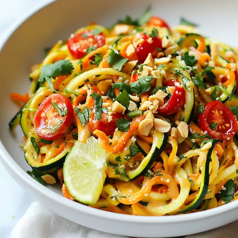 - 4 medium zucchinis, spiralized into noodles - 1 red bell pepper, thinly sliced into strips - 1 cup cherry tomatoes, halved - 1 carrot, julienned (thinly sliced into matchsticks) - 1/4 cup green onions, finely sliced - 1/2 cup unsweetened peanut butter Zucchini is the heart of this dish. Spiralizing it turns it into fun, noodle-like shapes. The red bell pepper adds a sweet crunch. Cherry tomatoes bring juiciness, while the carrot adds color and texture. Green onions provide a fresh bite, and peanut butter gives that rich, nutty flavor. - 2 tablespoons soy sauce (or tamari for a gluten-free option) - 2 tablespoons fresh lime juice - 1 tablespoon maple syrup or honey (your choice) - 1 tablespoon sriracha (feel free to adjust based on your spice preference) - 1 teaspoon garlic powder - 1 teaspoon fresh ginger, finely grated - Salt and freshly cracked black pepper, to taste The sauce is key to this dish's flavor. Soy sauce or tamari adds saltiness while lime juice gives brightness. Sweetener balances the taste, and sriracha adds heat. Garlic powder and ginger enhance the flavor. Adjust salt and pepper to your liking. - Chopped peanuts - Fresh cilantro Garnishes make your dish look and taste amazing. Chopped peanuts add crunch, while fresh cilantro brings a burst of freshness. These toppings not only enhance flavor but also make your dish visually appealing. Enjoy the textures and colors! {{ingredient_image_2}} Spiralizing Zucchini First, grab your spiralizer. Cut the ends off the zucchinis. Place one zucchini in the spiralizer and twist. Keep twisting until you have long noodles. Repeat this for all zucchinis. Salting and Draining Once you spiralize the noodles, place them in a colander. Lightly sprinkle salt over the noodles. Let them sit for about 15 minutes. This step helps draw out extra moisture. It prevents your dish from getting soggy. Mixing Ingredients In a small bowl, add the peanut butter, soy sauce, lime juice, and maple syrup. Next, include sriracha, garlic powder, and grated ginger. Whisk everything together until it is smooth and creamy. Adjusting Consistency If the sauce seems too thick, that's okay! Add a tablespoon of warm water. Mix again until you get your preferred consistency. Tossing Noodles and Veggies After the zucchini has drained, use a clean towel to pat them dry. In a large bowl, combine the zucchini noodles, sliced red bell pepper, halved cherry tomatoes, and julienned carrot. Pour the peanut sauce over the top. Seasoning to Taste Gently toss all the ingredients. Make sure every noodle and veggie is coated with sauce. Now, taste your dish! Add salt and freshly cracked black pepper as needed. If you like it spicier, mix in more sriracha. - Avoiding Sogginess To keep your zucchini noodles firm, salting is key. After spiralizing, sprinkle salt on the noodles and let them sit in a colander for 15 minutes. This process draws out extra moisture. After that, pat them dry with a towel. This simple step makes a big difference. - Ideal Cooking Time Zucchini noodles cook quickly. You only need to toss them in a hot pan for about 2-3 minutes. Overcooking can lead to mushiness. Keep an eye on them, and remove them from heat as soon as they soften. - Adjusting Spice Levels If you love heat, add more sriracha to your sauce. Start with one tablespoon, then taste. You can always add more if you like it spicy. For milder flavors, cut back on the sriracha or leave it out. - Substituting Ingredients Don't have peanut butter? Try almond or cashew butter instead. For a nut-free option, sun butter works well. Each nut butter brings a unique flavor to the dish, so feel free to experiment. - Serving Ideas Serve your noodles in deep bowls for a hearty meal. This keeps your dish warm longer and allows for easy mixing. A side of lime wedges adds a fresh touch. - Garnishing Techniques Garnish with chopped peanuts and fresh cilantro for a pop of color. The crunch from the peanuts adds texture, while cilantro gives a fresh taste. You can also sprinkle sesame seeds for an extra flair. Pro Tips Drain the Zucchini: After spiralizing, salt the zucchini noodles to draw out excess moisture. This prevents your dish from becoming soggy. Customize the Sauce: Feel free to adjust the thickness of your peanut sauce by adding warm water until you reach your desired consistency. This ensures it coats the noodles perfectly. Fresh Ingredients Matter: Using fresh vegetables not only enhances the flavor but also adds a vibrant color to your dish. Look for firm, bright produce. Garnish for Flavor: Don't skip the chopped peanuts and cilantro! They add a delightful crunch and freshness that elevates the overall taste of the dish. {{image_4}} Tofu Options Tofu is a great choice for adding protein. Use firm or extra-firm tofu. Cut it into cubes and sauté until golden. Add it to the noodles for a hearty meal. You can also marinate the tofu in the peanut sauce for extra flavor. Chicken or Shrimp Chicken or shrimp can also enhance this dish. Cook the chicken until it’s golden brown. For shrimp, sauté until they turn pink. Mix them in with the zucchini noodles and sauce. This makes your meal more filling and tasty. Use of Other Veggies Feel free to swap in other vegetables. Think bell peppers, snap peas, or broccoli. You can also add spinach or kale for extra nutrients. Just remember to cut them into bite-sized pieces. This keeps every bite balanced and easy to enjoy. Seasonal Ingredients Using seasonal ingredients can keep things fresh and exciting. In summer, try adding corn or tomatoes. In fall, consider using squash or carrots. Adapt your dish to whatever is in season for the best taste. Vegan and Gluten-Free Options This recipe is already vegan if you use maple syrup. For gluten-free, swap soy sauce with tamari. Always check labels to ensure all ingredients fit your needs. This way, everyone can enjoy this dish without worry. Low-Carb Adjustments If you want to lower the carbs, use fewer zucchinis or increase the veggies. You can even mix in cauliflower rice for a filling twist. This keeps the dish light and healthy, perfect for low-carb diets. To keep your spicy Thai peanut zucchini noodles fresh, store them in an airtight container. This method helps keep the flavors intact. Place the container in the refrigerator. Your dish can last for up to three days when stored properly. If you want to store it longer, consider freezing. However, freezing may change the texture of the zucchini noodles. To reheat your noodles, use a skillet over medium heat. This method warms the dish evenly. Stir the noodles gently to avoid breaking them apart. You can also microwave them in short intervals. This way, you maintain the texture and flavor. Add a splash of water if they seem dry. Enjoy your leftovers as if they were just made! You can make zucchini noodles without a spiralizer using a few different tools. A vegetable peeler works great. Just peel long strips from the zucchini, then stack and slice into thin noodles. A box grater is another option. Use the side with the large holes to grate the zucchini into thin pieces. Each method gives you a different texture, but both work well. Yes, you can use store-bought peanut sauce for this dish. Look for a sauce that is smooth and creamy. Read the label to avoid added sugars or preservatives. If you want to add a personal touch, mix in some fresh lime juice or sriracha. This makes it tastier and more fresh. Spicy Thai peanut zucchini noodles pair well with many dishes. Try serving them with grilled chicken or shrimp for extra protein. A side of fresh spring rolls complements the meal nicely. You could also serve a light salad with citrus dressing to balance the flavors. Each option enhances the meal’s overall taste and appeal. This post covered how to make delicious spicy Thai peanut zucchini noodles. We discussed key ingredients like zucchini, peanut butter, and fresh veggies, alongside essential sauces and seasonings. I shared tips to perfect your zucchini noodles and enhance your peanut sauce. You can also explore fun variations and proper storage techniques for leftovers. In conclusion, cooking this dish can be simple and enjoyable. Don’t be afraid to experiment with flavors and textures. Enjoy your new culinary creation!