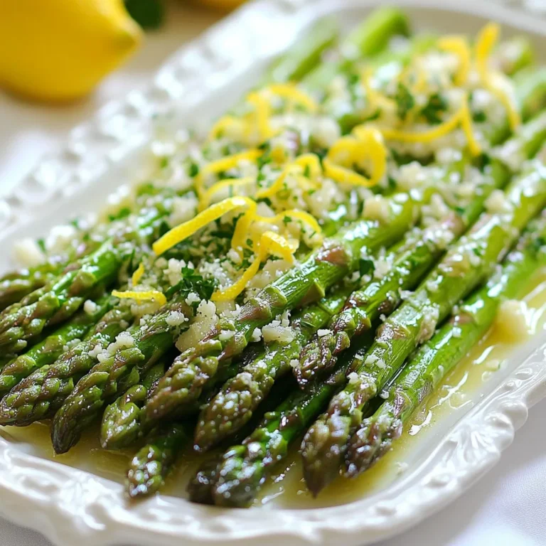 - 1 lb fresh asparagus, trimmed - 3 tablespoons unsalted butter - 4 cloves garlic, finely minced - 1 large lemon, zested and juiced - Salt and freshly cracked black pepper, to taste - 1 tablespoon extra virgin olive oil - 1/4 cup freshly grated Parmesan cheese - Fresh parsley, finely chopped for garnish Gather these ingredients for a simple yet tasty dish. Fresh asparagus is key, ensuring a bright flavor and crisp texture. Unsalted butter adds richness, while garlic brings warmth. The juice and zest of the lemon provide a zesty kick that brightens the dish. Don’t forget the salt and black pepper to enhance the flavors. You can add extra virgin olive oil if you want a little more depth. Parmesan cheese can give a nice, creamy finish if you choose to use it. Fresh parsley adds a pop of color and freshness, making your dish look as good as it tastes. This combination of ingredients creates a delicious and easy dish that anyone can make! {{ingredient_image_2}} - Begin by washing 1 pound of fresh asparagus under cold water. - Trim the tough ends by cutting off about an inch from the base of each spear. - Heat 1 tablespoon of extra virgin olive oil in a large skillet over medium heat. - Add the trimmed asparagus in a single layer. Sauté for 5-7 minutes. Cook until tender-crisp and bright green, stirring occasionally. - Push the asparagus to one side of the skillet. This creates space for the next step. - Add 3 tablespoons of unsalted butter to the empty side of the skillet. Let it melt completely. - Stir in 4 cloves of finely minced garlic. Cook for about 1 minute. The garlic should smell fragrant and be lightly golden. - Gently mix the asparagus with the garlic and melted butter. Ensure each piece is coated well. - Pour in the juice from 1 large lemon and add the lemon zest. Stir to mix everything evenly. - Season with salt and freshly cracked black pepper to taste. Mix again to combine flavors. - If desired, sprinkle 1/4 cup of freshly grated Parmesan cheese on top. - Remove the skillet from heat and transfer the asparagus to a serving plate. - Garnish with finely chopped fresh parsley for a touch of color and freshness. To achieve tender-crisp asparagus, start with fresh spears. Trim about an inch from each end. Cook in a hot skillet for 5-7 minutes. Stir occasionally to cook evenly. You want the bright green color to shine. If you overcook, it turns mushy. To avoid burnt garlic, add it to the pan after the asparagus cooks. Garlic burns quickly, so watch it closely. Stir it until it smells good and turns light gold. This step adds great flavor without the bitterness of burnt garlic. For presentation, use a clean white platter. It makes the vibrant green asparagus pop. Drizzle leftover garlic lemon butter over the top. This adds shine and flavor. Finish by sprinkling fresh parsley. It gives a nice color and fresh taste. Pair this dish with grilled chicken or fish for a complete meal. It complements many main dishes. You can also serve it with pasta or rice for a hearty option. Enjoy the bright, zesty taste of garlic butter lemon asparagus! Pro Tips Choose the Right Asparagus: Look for firm, bright green spears with tightly closed tips. Thinner asparagus tend to be more tender and flavorful. Perfectly Melted Butter: Keep an eye on the butter as it melts to prevent it from burning; swirling it gently can help distribute the heat evenly. Lemon Zest Boost: For an extra burst of flavor, consider adding a touch more lemon zest than indicated; it enhances the dish's brightness. Fresh Parsley Alternatives: If fresh parsley isn't available, try substituting with fresh basil or dill for a unique twist on the garnish. {{image_4}} To boost flavor, you can add spices or herbs. Try crushed red pepper for heat or fresh thyme for earthiness. A pinch of smoked paprika gives a nice depth. You can also experiment with herbs like dill or basil to change the dish's vibe. For cheese lovers, swap the Parmesan with feta or goat cheese. These cheeses add a tangy twist that pairs well with lemon. You can even use a sprinkle of nutritional yeast for a dairy-free option. If you want to mix things up, consider using different vegetables. Broccoli or green beans work well. You can even try zucchini, but cut it thinner to cook evenly. These swaps keep the dish fresh and exciting. For those watching their diet, butter substitutes are a great idea. You can use olive oil or coconut oil instead of butter. These fats enhance the dish while keeping it light. Each swap offers a new taste, so feel free to get creative! To store leftovers, place the asparagus in an airtight container. This helps keep the dish fresh. You can also wrap it tightly in plastic wrap. The asparagus will stay good in the fridge for about 3 to 4 days. If you want to enjoy it later, make sure to cool it first before storing. The best methods for reheating asparagus include using the microwave or a skillet. If using a microwave, place the asparagus on a plate and cover it with a damp paper towel. Heat it for 30 seconds at a time until warm. For the skillet, add a little olive oil over medium heat, then add the asparagus. This method helps keep the flavor and texture. To avoid sogginess, do not add too much liquid when reheating. Ensure the skillet is hot enough before adding the asparagus. This will help keep it crisp and tasty. Enjoy your garlic butter lemon asparagus just as delicious as the first time! Can I use frozen asparagus? Yes, you can use frozen asparagus. It is easy and quick. Just cook it straight from the freezer. You may need to adjust the cooking time. Frozen asparagus may take a few extra minutes to become tender. How can I tell when asparagus is cooked? You can tell asparagus is cooked when it turns bright green. It should be tender yet crisp when you bite into it. You can also poke it with a fork. If it goes in easily, it’s ready! Caloric content Asparagus is low in calories. One serving has about 20 calories. This makes it a great side dish for many meals. Health benefits of asparagus Asparagus is packed with nutrients. It is high in vitamins A, C, E, and K. It also has folate, which is good for your cells. Plus, it has fiber to help with digestion. Eating asparagus may also support heart health. In this blog post, we explored how to prepare delicious asparagus. We covered key ingredients like fresh asparagus, butter, and garlic. I shared steps for washing, cooking, and finishing your dish perfectly. Tips ensured your asparagus stays crisp and pairing ideas enhanced your meal. Remember, you can swap ingredients or try new flavors. Enjoying this dish fresh is always best. Store leftovers right for later. With these ideas, you can make great asparagus every time. Now, let’s get cooking!