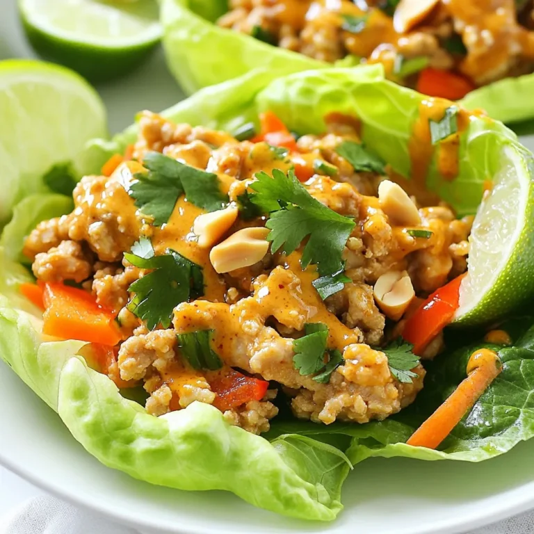 - 1 lb ground chicken - 2 tablespoons vegetable oil - 1 red bell pepper, finely diced - 1 carrot, peeled and finely shredded - 3 green onions, sliced thinly - 3 cloves garlic, minced - 1 tablespoon fresh ginger, grated - 1/4 cup soy sauce - 2 tablespoons creamy peanut butter - 1 tablespoon rice vinegar - 1 tablespoon sriracha (adjust to taste for heat) - 1 tablespoon honey - 1/4 cup fresh cilantro, roughly chopped - 1 head of butter lettuce or romaine, separate the leaves for wrapping - Chopped peanuts for garnish - Lime wedges for serving For the best results, measure all your ingredients before you start cooking. Use dry measuring cups for solids like peanut butter and rice. Use liquid measuring cups for sauces. This helps you stay organized. It also ensures you add the right amounts. When you chop or shred vegetables, try to keep them the same size. This helps them cook evenly. A sharp knife makes chopping easier and safer. If you do not have ground chicken, try using ground turkey or pork. You can also use tofu for a vegetarian option. For soy sauce, tamari works well as a gluten-free choice. If you are out of sriracha, hot sauce or chili paste can add heat. If you do not have fresh ginger, ground ginger is an option. Just use a bit less, as it is stronger. For the lettuce, any leafy greens can work, like cabbage or Swiss chard. {{ingredient_image_2}} Start by heating 2 tablespoons of vegetable oil in a large skillet over medium heat. Add 1 pound of ground chicken. Break it apart with a spatula. Cook for 5 to 7 minutes. Stir often until the chicken turns brown and is fully cooked. This step gives the chicken a nice texture. Once the chicken is cooked, it’s time to add some color and crunch. Toss in 1 finely diced red bell pepper, 1 peeled and finely shredded carrot, 3 sliced green onions, 3 minced garlic cloves, and 1 tablespoon of grated ginger. Sauté everything for about 3 to 4 minutes. This will make the veggies tender and fragrant. While the veggies cook, you can make the spicy peanut sauce. In a small bowl, whisk together 1/4 cup of soy sauce, 2 tablespoons of creamy peanut butter, 1 tablespoon of rice vinegar, 1 tablespoon of sriracha, and 1 tablespoon of honey. Keep whisking until the mixture is smooth and creamy. This sauce adds a delicious kick to your dish. Now it’s time to bring it all together! Pour the peanut sauce over the chicken and veggie mixture. Stir well to coat everything evenly. Let it simmer for 2 to 3 minutes. This helps the flavors blend nicely. Remove from heat and gently fold in 1/4 cup of chopped cilantro for a fresh touch. To serve, take a leaf of butter lettuce or romaine. Spoon a generous amount of the spicy chicken mix into the center. Garnish with chopped peanuts and a squeeze of fresh lime juice. This adds brightness and crunch to your wraps. Enjoy your tasty meal! To get the best flavor from the chicken, I recommend using a large skillet. Heat the vegetable oil over medium heat. Once hot, add the ground chicken. Break it apart with a spatula. Cook for 5 to 7 minutes until it turns golden brown. Stir frequently to ensure even cooking. This method keeps the chicken juicy and tender. The key to great flavor is balancing the spice. You can adjust the heat by changing the sriracha amount. If you prefer it milder, start with less and add more later. For those who love heat, add extra sriracha to the sauce. Always taste as you go to find your perfect level of spice. These wraps shine when served fresh. I like to arrange them on a large platter. Add lime wedges and extra chopped peanuts on the side. Fresh cilantro gives a nice touch. You can also serve them with rice or a light salad for a complete meal. Pairing with a cold beverage, like iced tea, works well too. Pro Tips Adjust the Heat: If you prefer a milder flavor, reduce the amount of sriracha or substitute it with a milder chili sauce. Fresh Ingredients: Use fresh, high-quality vegetables and herbs for the best flavor and nutritional value in your wraps. Make Ahead: You can prepare the chicken mixture in advance and store it in the refrigerator for up to 2 days. Just reheat it before serving. Experiment with Fillings: Feel free to add other ingredients like shredded cabbage, diced cucumbers, or even cooked quinoa for added texture and flavor. {{image_4}} You can swap ground chicken for other proteins. Ground turkey works well, too. If you prefer beef, use ground beef. For a lighter option, try ground pork. Each choice brings a different taste and texture. Just cook them the same way as chicken. To make this dish vegetarian or vegan, use plant-based protein. Crumbled tofu or tempeh are great choices. You can also use lentils for a hearty texture. Replace the chicken with these options and follow the same steps. You can still enjoy the spicy peanut sauce! While peanut sauce is a star, you can try other flavors. A sweet chili sauce adds a nice twist. Hoisin sauce can give a rich depth. Add lime juice for tanginess or sesame oil for nuttiness. Feel free to mix and match sauces to find your favorite. Each variation offers a unique taste experience. To keep your spicy peanut chicken fresh, store it in an airtight container. Make sure to let the dish cool before sealing it. This helps avoid moisture buildup, which can make the chicken soggy. You can keep it in the fridge for up to three days. If you have leftover lettuce wraps, store the filling and the lettuce separately. This keeps the lettuce crisp and the filling flavorful. When reheating your spicy peanut chicken, use a skillet over medium heat. Add a splash of water or broth to keep it moist. Stir frequently until heated through, which takes about 5-7 minutes. Avoid using the microwave, as it can make the chicken rubbery. If you have leftover lettuce, add fresh leaves just before serving. This keeps everything fresh and crunchy. You can freeze the spicy peanut chicken filling for later. Use a freezer-safe container and label it with the date. It can last up to three months in the freezer. To thaw, place the container in the fridge overnight. Reheat it in a skillet as mentioned before. Do not freeze the lettuce leaves, as they do not hold up well after thawing. Enjoy your tasty wraps anytime! Yes, you can prepare the chicken mixture in advance. Cook and cool it, then store it in the fridge. When ready to serve, simply reheat the mixture. This saves time and keeps the wraps fresh. If you don’t have lettuce, try using rice paper or cabbage leaves. You can also use whole grain tortillas or flatbreads for a different texture. These alternatives still hold the filling well. To make Spicy Peanut Chicken Lettuce Wraps gluten-free, use gluten-free soy sauce. Look for tamari or coconut aminos. These options provide a similar flavor without gluten. Always check labels for hidden gluten. You can try hoisin sauce for a sweet, rich flavor. Sweet chili sauce adds a nice kick. You could also use a splash of lime juice for freshness. Each sauce offers a unique touch to your wraps. In this post, we explored the key ingredients for Spicy Peanut Chicken Lettuce Wraps. I shared tips on measuring ingredients and suggested substitutions. We walked through step-by-step instructions for preparing the chicken, sautéing, and making the spicy sauce. I offered techniques for perfect cooking and adjusted spice levels. We also discussed variations, proper storage, and answered common questions. Cooking should be fun and flexible. Enjoy creating your own wraps in many ways!