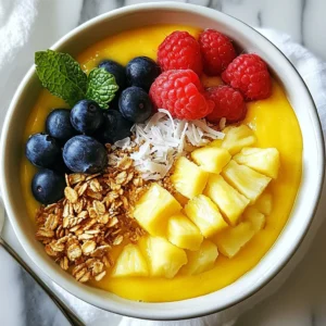 To create a delicious Pineapple Coconut Smoothie Bowl, you need the following ingredients: - 2 cups fresh pineapple chunks - 1 frozen ripe banana - 1 cup coconut milk (or almond milk for a lighter choice) - 1 tablespoon chia seeds - 1/2 teaspoon pure vanilla extract - 1/4 cup granola - 1/4 cup unsweetened shredded coconut - A handful of fresh berries (like strawberries, blueberries, or raspberries) - Fresh mint leaves (for optional garnish) These ingredients work together to give you a refreshing and tasty bowl. Fresh pineapple brings a bright and tangy flavor. The frozen banana adds creaminess and natural sweetness. Coconut milk gives the smoothie its rich base. Chia seeds add a fun texture and boost nutrition. Granola and shredded coconut on top offer a nice crunch. Fresh berries not only taste great but also make your bowl look lively. Mint leaves provide a cool touch. Enjoy making this bowl with fresh, quality ingredients for the best taste! {{ingredient_image_2}} Start by gathering all your ingredients. In a high-speed blender, combine: - 2 cups fresh pineapple chunks - 1 ripe banana, frozen - 1 cup coconut milk - 1 tablespoon chia seeds - 1/2 teaspoon pure vanilla extract Blend these on high until smooth. If your mixture is too thick, add more coconut milk. You want a creamy and pourable texture. Once blended, pour the smoothie mixture carefully into a serving bowl. To make your bowl look appealing, layer granola in the middle. Use about 1/4 cup of granola for that nice crunch. Next, sprinkle 1/4 cup of unsweetened shredded coconut around the granola. Now, it&rsquo;s time for the fun part! Arrange fresh berries on top of the smoothie. Choose strawberries, blueberries, or raspberries for great color. Add a few fresh mint leaves for a pop of green and a touch of freshness. To add a hint of sweetness, drizzle a little coconut milk or honey over the top. This not only enhances flavor but also makes the bowl look stunning. For an Instagram-worthy finish, use a wide, shallow bowl. Style granola and berries in a pretty pattern to catch everyone's eye. Enjoy your Pineapple Coconut Smoothie Bowl! To get that smooth and creamy texture, start with coconut milk. This rich milk helps blend the fruits well. If your mix is too thick, just add more coconut milk bit by bit. This will make it easy to pour into your bowl. You can also use almond milk if you want a lighter taste. Both options give a nice flavor. Want to make your smoothie bowl even tastier? Try adding other fruits. Berries like strawberries, blueberries, or raspberries not only taste great but also add color. You can sweeten it with a little honey or maple syrup. For a fun twist, add spices like cinnamon or nutmeg. This can change the taste and make it unique. The right bowl can make a big difference. Use a wide, shallow bowl for a better look. This lets you show off all those vibrant toppings. When arranging your granola and berries, think about patterns. A neat design will catch the eye. Don&rsquo;t forget to add mint leaves for a fresh touch! This adds a pop of green and looks appealing. Pro Tips Use Fresh Ingredients: For the best flavor and nutrients, opt for ripe, fresh pineapple and bananas. Frozen fruits can provide added creaminess, but fresh ingredients make a significant difference. Adjust Consistency: If your smoothie bowl turns out too thick, gradually add more coconut milk until you reach the desired creamy consistency. This ensures it's easy to eat with a spoon! Layer Your Toppings: Take your time to artfully arrange the granola, shredded coconut, and berries. This not only enhances the visual appeal but also makes for a more enjoyable eating experience. Experiment with Flavors: Don&rsquo;t hesitate to try different fruits or add-ins like spinach, kale, or protein powder. This smoothie bowl is versatile, and you can customize it to your taste preferences! {{image_4}} You can make your smoothie bowl even better by adding other fruits. Try mixing in mango or papaya for a sweet twist. These fruits bring extra flavor and nutrients. If you want a health boost, add spinach to the mix. It blends well and adds vitamins without changing the taste much. This smoothie bowl is easy to adapt for different diets. It is already vegan and gluten-free, making it great for many people. If you have allergies, you can swap out ingredients. For instance, use almond milk instead of coconut milk if you need a nut-free option. Just make sure to check labels! Using seasonal fruits makes your smoothie bowl fresher. In summer, add juicy peaches or ripe cherries. In fall, use apples or pears for a cozy feel. Top with what's in season to keep it exciting. Check your local market for the best options. This way, you'll enjoy new flavors all year long! To keep your smoothie bowl fresh, place it in a sealed container. This helps avoid exposure to air, which can spoil the taste. Store it in the fridge. It will stay good for about 1 to 2 days. After this time, the texture may change. You might find it watery or less tasty. You can prep your smoothie mix ahead of time. Just blend the pineapple, banana, coconut milk, chia seeds, and vanilla. Pour the mix into a freezer-safe container. It can last for about a month in the freezer. When you want to eat it, just thaw it overnight in the fridge. For the toppings, store them separately. This way, your granola and berries stay crisp. If you mix them in too early, they can get soggy. Keep your toppings ready to go in small containers. This makes it easy to grab and go when you're ready to eat! This smoothie bowl is full of good stuff. Pineapple has vitamins and minerals. It helps with digestion and boosts your immune system. Coconut milk adds healthy fats that keep you full. Bananas bring potassium, which is great for your heart. Chia seeds are little powerhouses. They are packed with fiber, protein, and omega-3 fatty acids. These seeds can help keep you energized. Fresh berries add antioxidants. They protect your body from damage and add a sweet touch. Yes, you can prepare this smoothie bowl in advance. Blend the smoothie and store it in the fridge. It stays fresh for about a day. Just remember to keep your toppings separate. This keeps them crunchy and fresh. If you want to save time, you can freeze the smoothie mixture. Just blend it, pour it into a container, and freeze. When you're ready, let it thaw in the fridge overnight. This way, you enjoy a quick, healthy breakfast. If you don't have coconut milk, don&rsquo;t worry! Almond milk works well. It gives a lighter taste but still keeps it creamy. Oat milk is another great choice. It adds a mild flavor and smooth texture. Soy milk can also be used. It makes your smoothie bowl rich and creamy. Each milk option changes the flavor a bit, so you can choose what you like best. This blog post has guided you through making a delicious Pineapple Coconut Smoothie Bowl. You learned about the key ingredients and how to blend them for the best taste. I shared tips for creamy textures and flavor boosts. You can even explore variations to suit your dietary needs. Remember, presentation matters, so take time to layer and arrange your bowl. With practice, you&rsquo;ll create beautiful and healthy meals that friends and family will love. Enjoy the process and get creative with your smoothie bowls!