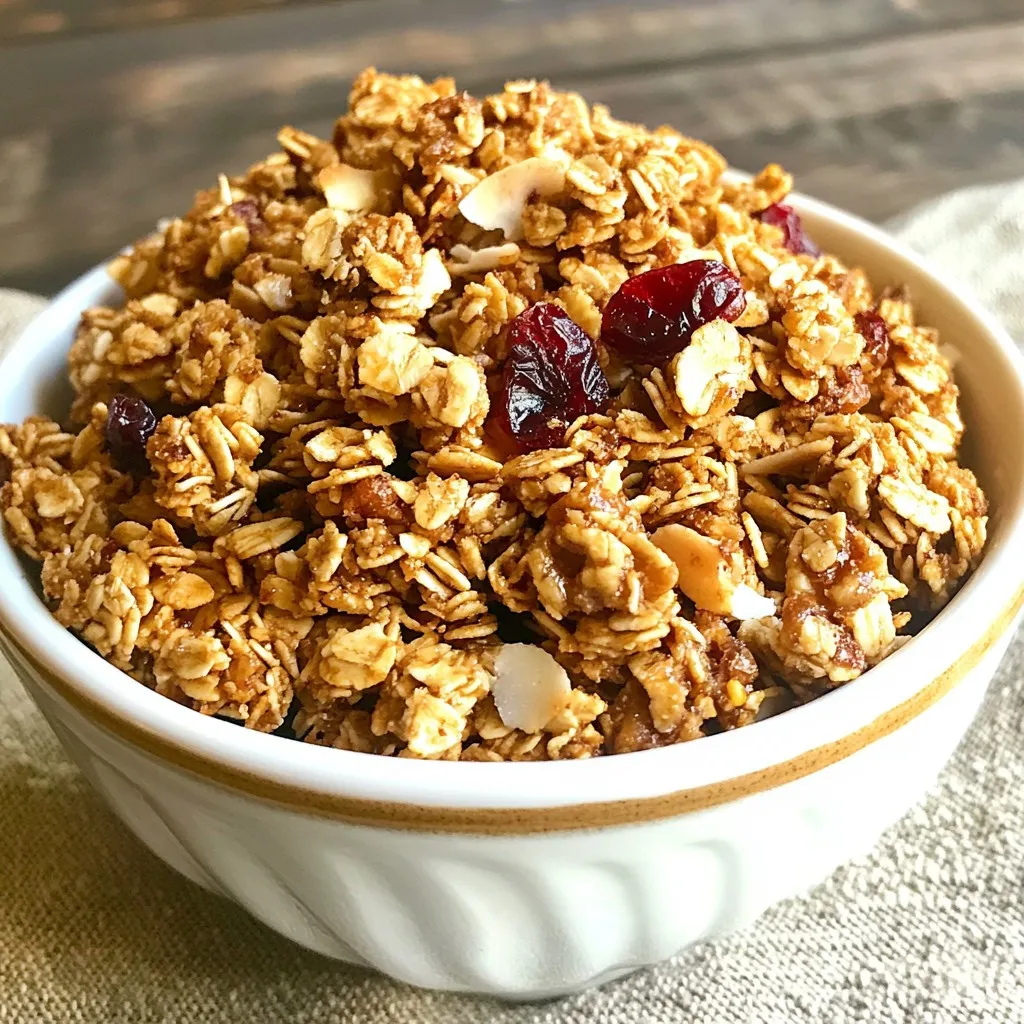 - 2 cups rolled oats - 1 cup walnuts, roughly chopped - 1/2 cup sunflower seeds - 1/2 cup unsweetened shredded coconut - 1/3 cup pure maple syrup - 1/4 cup coconut oil, melted - 1 teaspoon vanilla extract - 1/2 teaspoon ground cinnamon - 1/4 teaspoon sea salt - 1/2 cup dried cranberries or raisins (optional) Choosing good ingredients matters. Fresh, high-quality items make your granola taste better. I always look for organic options when I can. Organic oats and nuts often have better flavor and nutrients. They also have fewer chemicals. If you can't find organic, non-organic works too. Just check labels for freshness. This granola is not just tasty; it's also good for you. Each serving has about 200 calories. It gives you a nice balance of carbs, protein, and fats. Walnuts offer healthy fats and protein, while maple syrup adds natural sweetness. Plus, these walnuts can help boost your heart health. Maple syrup has antioxidants that can support your immune system. So, you get a sweet treat that packs a health punch! {{ingredient_image_2}} 1. First, preheat your oven to 350°F (175°C). This helps the granola bake evenly. 2. Next, line a baking sheet with parchment paper. This keeps the granola from sticking. 3. In a large bowl, mix together the rolled oats, chopped walnuts, sunflower seeds, shredded coconut, ground cinnamon, and sea salt. Stir well to blend all the dry ingredients. 1. In another bowl, whisk together the pure maple syrup, melted coconut oil, and vanilla extract. Make sure it is smooth and mixed well. 2. Pour this wet mixture over the dry ingredients. Use a spatula or wooden spoon to gently stir until everything is coated. This step is key for flavor. 1. Transfer the mixture onto the prepared baking sheet. Press it down firmly using the back of a spatula or your hands. This helps form those crunchy clusters. 2. Place the baking sheet in your preheated oven. Bake for about 20 to 25 minutes. Keep an eye on it, looking for a golden brown edge to know it’s done. 3. Once baked, remove the granola from the oven and let it cool completely on the baking sheet for about 30 minutes. Cooling is important for firm clusters. 4. After it cools, break the granola into clusters of your desired size. If you want, mix in dried cranberries or raisins for added sweetness. To make the best granola clusters, press the mixture down firmly. This helps the ingredients stick together. A good press creates a solid base. When you bake it, the heat will bond the mixture. After baking, let the granola cool completely. Cooling is key for good clusters. If you skip this step, the granola may crumble apart. You can add spices or sweeteners for extra flavor. Try adding nutmeg for warmth or honey for more sweetness. Vanilla adds a nice touch, too. For variety, mix in some nuts like almonds or pecans. You can also add seeds like pumpkin seeds for crunch. Dried fruits like apricots or figs can give your granola a sweet twist. If your granola doesn’t clump, check how you pressed it. It needs a firm press to hold together. Another trick is to bake it a bit longer. If it’s not sweet enough, add more maple syrup next time. Taste it while mixing to get your perfect balance. Adjusting sweetness can make a big difference in flavor. Pro Tips Use Fresh Ingredients: Ensure your nuts and seeds are fresh for the best flavor and crunch in your granola clusters. Experiment with Flavors: Feel free to add spices like nutmeg or cardamom to customize the flavor profile of your granola. Don't Skip the Cooling Step: Allowing the granola to cool completely on the baking sheet helps it form crunchy clusters. Storage Matters: Store your granola in an airtight container to maintain freshness and prevent it from going stale. {{image_4}} You can switch up the nuts and seeds in your granola. Try using almonds, pecans, or pumpkin seeds. Each nut adds a unique flavor and texture. Walnut lovers will enjoy the crunch, but almonds bring a nice sweetness. Pecan nuts add a buttery taste, while pumpkin seeds give a fun crunch. Different nut butters work well too! Almond butter or peanut butter can replace coconut oil. This change adds richness and a hint of flavor. Make sure to adjust the amount of sweetener if you use sweet nut butters. Dried fruits can add sweetness and chewiness to your granola. Try using chopped dates, figs, or apricots instead of cranberries. Each fruit brings its own taste and texture. If you prefer fresh fruit, mix in banana slices or berries. Just be careful, as fresh fruit can make the granola soggy. Add them right before serving for the best taste. For those who need gluten-free options, use gluten-free oats. They taste great and keep the clusters crunchy. You can also make this recipe dairy-free. Swap out regular milk for almond milk or oat milk. These plant-based milks keep the granola moist without the dairy. Enjoy your Maple Walnut Granola Clusters while staying true to your dietary needs! To keep your maple walnut granola clusters fresh, use airtight containers. These containers keep air out and maintain crunchiness. You can store them at room temperature. A cool, dry place is best. If your kitchen is warm, consider the fridge. Your granola should stay fresh for about two weeks when stored properly. Look for signs of spoilage, like a stale smell or odd texture. If you notice any changes, it’s best to toss it out. If your granola becomes stale, you can easily refresh it. Spread the clusters on a baking sheet. Bake them in a preheated oven at 300°F for about 5 to 10 minutes. This will help bring back the crunch. Always avoid moisture during storage. Keep the container sealed tightly after each use. Pressing the mixture firmly is key. When you spread the granola on the baking sheet, use a spatula or your hands to push it down. This helps the oats and nuts bind. After baking, let the granola cool completely. Cooling solidifies the clusters. If you skip this step, they may crumble apart. Yes, you can! Honey or agave syrup works well. These sweeteners add a different flavor. Remember, they might change the texture slightly. You can also use brown sugar mixed with a little water. This gives you a similar sweetness. Just keep in mind that they may caramelize differently. Absolutely! You can make a big batch ahead of time. Store it in an airtight container. This helps keep it fresh for two weeks. Portion out servings in small bags for easy snacks. Granola is great for breakfast or as a quick pick-me-up. You now have all the steps and tips to make a great granola. Start with quality ingredients like oats, walnuts, and maple syrup. Follow the steps for mixing, baking, and ensuring those perfect clusters. Remember, you can always add your favorite nuts or fruits. Store your granola properly to keep it fresh. Enjoy your tasty and healthy snack, and don’t hesitate to experiment. Your kitchen adventure with granola awaits!