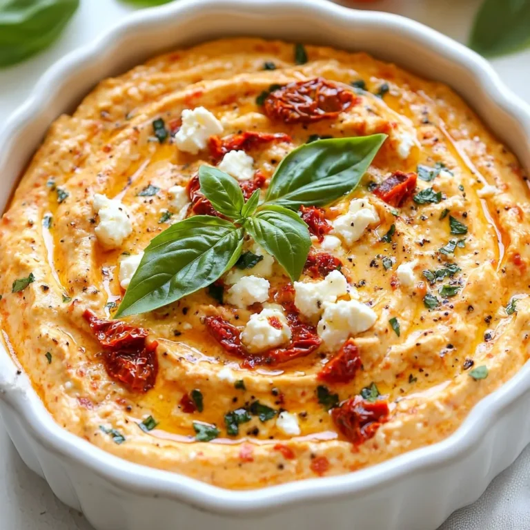 - 1 cup sun-dried tomatoes (packed in oil, drained) - 1 cup feta cheese, crumbled - 1/2 cup cream cheese, softened at room temperature - 2 tablespoons Greek yogurt - 1 garlic clove, finely minced - 1 teaspoon dried oregano - 1 tablespoon freshly squeezed lemon juice - Salt and freshly cracked pepper to taste - Fresh basil leaves, for garnish To create the base of this dip, you need sun-dried tomatoes. They give a deep flavor and a nice chew. Feta cheese adds saltiness and tang. Cream cheese provides a creamy texture, making the dip smooth. Greek yogurt lightens it up and adds a bit of tang. Garlic gives it a kick, and oregano brings in an earthy note. Lemon juice brightens all the flavors. Salt and pepper balance the taste. Fresh basil on top makes it look pretty and adds freshness. - Additional herbs (e.g., parsley, chives) - Hot sauce for a spicy kick - A drizzle of olive oil You can play with flavors by adding more herbs like parsley or chives. If you like heat, a few drops of hot sauce can spice things up. A drizzle of olive oil not only enhances flavor but also makes the dip richer. Feel free to mix and match these options to find what you love best. {{ingredient_image_2}} Start by placing 1 cup of drained sun-dried tomatoes, 1 cup of crumbled feta cheese, and 1/2 cup of softened cream cheese into a food processor. Pulse this mixture a few times. You want it to blend well but still keep a chunky texture. This adds depth and makes the dip interesting. Now it’s time to add more flavor. Toss in 2 tablespoons of Greek yogurt, 1 finely minced garlic clove, 1 teaspoon of dried oregano, and 1 tablespoon of freshly squeezed lemon juice. Don’t forget a pinch of salt and freshly cracked pepper. Blend everything until it turns creamy and smooth. This step is key for a rich taste. After blending, taste your dip. Adjust the seasoning if needed. You might want to add a bit more salt or pepper. Once satisfied, transfer the dip into a serving bowl. Use a spatula to create a gentle swirl on top. For a finishing touch, layer fresh basil leaves on top. This adds color and a lovely aroma. Serve immediately with pita chips, veggie sticks, or crusty bread. If you want a deeper flavor, chill the dip for at least 30 minutes before serving. You can make this dip ahead of time. Just refrigerate it for up to two days. This helps the flavors blend better. For even more flavor, let it rest for at least 30 minutes before serving. Garnishing makes a dip look great. Try adding fresh basil leaves on top. You can also drizzle olive oil for shine. Serve your dip on a wooden board. Add pita chips, veggie sticks, or bread slices around it. This gives a nice touch to your appetizer spread. Be careful not to over-process the dip. A chunky texture adds interest. If the dip turns out too bland, check your seasoning. Adjust salt and pepper to fit your taste. Balancing flavors is key for a tasty dip. Pro Tips Use Quality Ingredients: The flavor of your dip largely depends on the quality of the sun-dried tomatoes and feta cheese. Opt for high-quality products for the best taste. Adjust Consistency: If you prefer a thinner dip, add a splash of olive oil or a bit more Greek yogurt until you reach your desired consistency. Flavor Development: Allow the dip to chill in the refrigerator for at least 30 minutes before serving. This will enhance the flavors as they meld together. Garnish Creatively: Experiment with different garnishes like toasted pine nuts or a drizzle of balsamic glaze for added flavor and presentation. {{image_4}} You can spice up your sun-dried tomato feta dip in fun ways. Add jalapeños for a spicy kick. Just chop them finely and blend them in. The heat of the jalapeños brings a bold flavor that contrasts nicely with the creamy cheese. Another twist is to go Greek-inspired. Mix in kalamata olives and capers. These ingredients add a briny depth and enhance the Mediterranean feel of the dip. The salty olives balance the sweetness of the sun-dried tomatoes, creating a delightful taste. If you want a vegan version, you can swap out the cheese. Use plant-based cheese that mimics feta. Many brands offer tasty alternatives that work well. You can also use cashew cream for a creamy base. For gluten-free options, serve the dip with veggie sticks or gluten-free crackers. Carrot and cucumber sticks add a fresh crunch. This makes the dip not only tasty but also healthy! To keep your sun-dried tomato feta dip fresh, use the right containers. I recommend glass jars or airtight plastic containers. These options will help maintain the dip’s flavor and texture. Airtight storage is key. It prevents air from getting in and drying out your dip. Make sure to seal the container tightly after each use. This small step keeps your dip tasty for longer. In the refrigerator, your dip can last about 3 to 5 days. Store it in the airtight container to maximize freshness. Always check for any changes in smell or texture before enjoying it. If you want to keep it longer, freezing is a great option. I suggest dividing the dip into smaller portions. This way, you can thaw only what you need. When stored in the freezer, it can last for up to 3 months. Just remember to label your containers with the date. To use, thaw it in the fridge overnight. Then, give it a good stir before serving. Using fresh tomatoes is possible but not ideal. Fresh tomatoes have more water. This can make your dip watery. Sun-dried tomatoes have a concentrated flavor. They add a rich taste to the dip that fresh tomatoes cannot match. If you choose fresh tomatoes, use less cream cheese. This keeps your dip creamy and thick. Also, consider adding dried herbs to boost flavor. To add heat to the dip, try these tips: - Mix in chopped jalapeños or red pepper flakes for instant spice. - Use spicy feta cheese instead of regular feta for added kick. - Add a splash of hot sauce for a quick flavor boost. - Experiment with smoked paprika for a warm, smoky heat. Start with small amounts. You can always add more spice later. You can enjoy this dip with many tasty dippers. Here are my favorites: - Pita chips for a crunchy texture. - Fresh vegetable sticks like carrots, cucumbers, and bell peppers. - Crusty bread slices for a hearty option. - Crackers, especially whole-grain or cheese-flavored ones. Pairing the dip with olives adds a nice touch. It enhances the flavor and creates a fun snack spread. This blog covered a tasty sun-dried tomato feta dip. We explored key ingredients, like feta and garlic. I shared steps to make it creamy and flavorful. I gave tips for great presentation and common mistakes to avoid. We also looked at fun variations and how to store the dip properly. Remember, a good dip brings people together! Enjoy making and sharing this easy, delicious treat. Your taste buds will thank you!