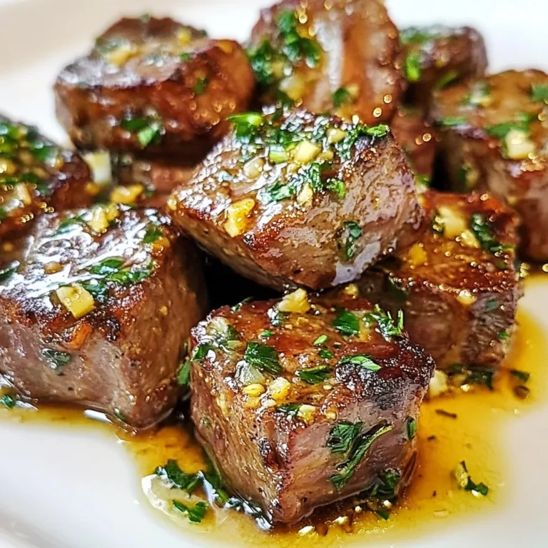 - 1 pound sirloin steak, cut into 1-inch cubes - 4 tablespoons unsalted butter - 4 cloves garlic, finely minced - 1 teaspoon fresh rosemary, chopped - 1 teaspoon fresh thyme, chopped - Salt and freshly ground black pepper - 1 tablespoon extra virgin olive oil - Fresh parsley, chopped (for garnish) To make garlic butter steak bites, you need a few key ingredients. First, choose a good cut of beef. I like sirloin steak for its flavor and tenderness. Cut the steak into 1-inch cubes. This size cooks quickly and evenly. Next, we add the star of the dish: garlic. Four cloves of finely minced garlic give the dish a wonderful aroma and taste. Fresh herbs like rosemary and thyme add depth. Their flavors shine through in every bite. Don’t forget the butter! Four tablespoons of unsalted butter create a rich, smooth sauce. It makes the dish feel special. Lastly, a sprinkle of salt and freshly ground black pepper will enhance all the flavors. A drizzle of extra virgin olive oil helps in cooking. - Side dish suggestions: creamy mashed potatoes, steamed vegetables, fresh salad - Additional herbs and spices: chili flakes for heat, lemon zest for brightness While the required ingredients are essential, optional ingredients can enhance your meal. For sides, creamy mashed potatoes perfectly complement the steak. You can also serve steamed vegetables or a fresh salad for balance. If you want more flavor, consider adding chili flakes for some heat. A touch of lemon zest can brighten up the dish. Feel free to get creative with herbs and spices to match your taste! {{ingredient_image_2}} Patting steak cubes dry First, I pat the sirloin steak cubes dry using paper towels. This helps the steak sear better. A dry surface means a nice crust. Seasoning the steak Next, I season the steak cubes. I sprinkle salt and freshly ground black pepper all over. This adds great flavor to the meat and makes it tasty. Heating the skillet Now, I heat a large skillet over medium-high heat. I add one tablespoon of extra virgin olive oil. When the oil shimmers, it’s ready for the steak. Searing the steak bites I carefully add the seasoned steak bites in a single layer. I make sure not to crowd the pan. I sear each side for 2-3 minutes. I want a rich, golden-brown crust. Making the garlic butter Once the steak is cooked to my liking, I lower the heat to medium-low. I push the steak to one side of the skillet. This leaves room for the garlic butter. Coating the steak in garlic butter Next, I drop in 4 tablespoons of unsalted butter, followed by 4 minced garlic cloves, chopped rosemary, and thyme. I let the butter melt and the garlic cook for 1-2 minutes. The smell is amazing! Serving the dish Finally, I toss the steak bites in the garlic butter until coated. I remove the skillet from heat and serve the steak bites on a dish. I garnish with fresh parsley for color and taste. To get that nice crust on your steak bites, pat them dry. Use paper towels to soak up any moisture. This step is key for a great sear. If the steak is wet, it will steam instead of sear. If you have many steak bites, cook them in batches. Overcrowding the pan leads to uneven cooking. Each piece needs space to brown well. A hot, dry skillet helps you achieve that perfect golden crust. You can elevate the flavor by adding fresh herbs. Try using fresh basil or oregano. They pair well with the garlic and butter. Adjust the cooking time to match your taste. For rare steak, sear for about 2 minutes per side. For medium, aim for 3 minutes. Use a meat thermometer for best results. For medium-rare, you want a temperature of 130°F. Pro Tips Choose the Right Cut: Select a well-marbled sirloin steak for optimal flavor and tenderness. The fat content enhances the juiciness of the bites. Let It Rest: After cooking, allow the steak bites to rest for a few minutes. This redistributes the juices, ensuring a more flavorful and moist bite. Experiment with Herbs: Feel free to mix and match herbs in the garlic butter. Fresh oregano or parsley can add a unique twist to the flavor profile. Use High Heat: Ensure your skillet is hot enough before adding the steak. A good sear locks in flavor and creates that delicious crust. {{image_4}} You can use different cuts of steak for this dish. While sirloin is great, ribeye or tenderloin adds more flavor and tenderness. Just cut the meat into 1-inch cubes like the sirloin. Each cut has its own unique taste and texture. If you want a lighter option, try chicken or shrimp. For chicken, use boneless breasts or thighs, cut into bite-sized pieces. For shrimp, choose large, peeled, and deveined shrimp. Cook them the same way as the steak, but adjust the cooking time. Shrimp cooks fast, so watch it closely. To spice things up, add chili flakes. This will give your garlic butter steak bites a nice kick. Start with a small amount and taste as you go. You can always add more for a bolder flavor. Using different aromatics can also change the dish. Adding lemon zest gives a fresh, bright taste. You can also try herbs like oregano or basil for a unique twist. These small changes can make your steak bites exciting and new every time you cook them. After enjoying your garlic butter steak bites, let them cool at room temperature. Avoid leaving them out for more than two hours. Once cooled, place them in an airtight container. This helps keep the flavor fresh. Store the container in the fridge for up to three days. If you want to keep them longer, consider freezing them. Use a freezer-safe container or a zip-top bag for this purpose. To reheat your steak bites, use a skillet or microwave. For the skillet, heat it over medium-low. Add a little oil or butter to keep them juicy. Stir the bites for about 5 minutes until they are warm. If using the microwave, place the steak bites in a microwave-safe dish. Cover it with a lid or microwave-safe wrap. Heat in short bursts of 30 seconds, stirring in between. This way, they retain their taste and texture. How do I make my steak bites more flavorful? To enhance flavor, use fresh herbs like rosemary and thyme. Season the steak well with salt and pepper. Let the meat rest after cooking so it stays juicy. You can also try adding spices like smoked paprika for extra depth. Can I use frozen steak for this recipe? Yes, you can use frozen steak. However, thaw it completely before cooking. Pat it dry to help get a good sear. Searing frozen steak directly can lead to steam instead of a nice crust. What are good sides to serve with garlic butter steak bites? Good sides include creamy mashed potatoes, steamed vegetables, or a fresh salad. These sides balance the rich flavors of the steak bites. You can also serve them with crusty bread to soak up the garlic butter. How do I know when steak bites are cooked to medium-rare? For medium-rare, aim for an internal temperature of 130°F. Use a meat thermometer to check. The steak should feel firm but still have some give. Color should be a warm pink in the center. In this post, we explored how to make garlic butter steak bites. We covered required and optional ingredients, plus step-by-step cooking instructions. I shared tips for perfecting your sear and enhancing flavor. You can even try variations like different meats or adding spices. Lastly, we went over storage and reheating tips. Enjoy this dish, knowing it’s easy and tasty. You can impress anyone with your cooking skills!