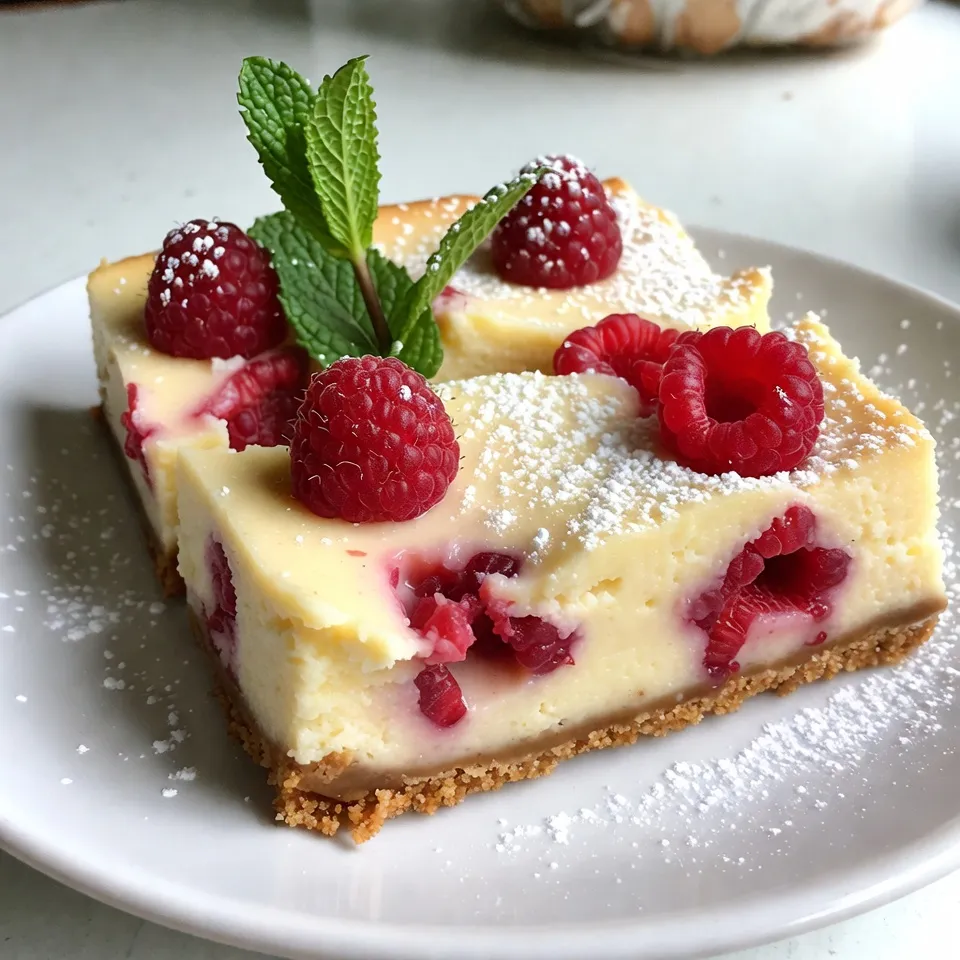 To make these bars, you need simple yet tasty ingredients. Here’s what you will need: - 1 ½ cups graham cracker crumbs - ½ cup unsalted butter, melted - 2 tablespoons granulated sugar (for crust) - 16 oz cream cheese, softened - 1 cup granulated sugar (for filling) - 2 large eggs, at room temperature - 1 teaspoon pure vanilla extract - Zest of 1 medium lemon - ½ cup freshly squeezed lemon juice - 1 cup fresh raspberries, plus extra for garnish - 2 tablespoons powdered sugar (for dusting and garnish) Each ingredient plays a role. The graham cracker crumbs form a crunchy base. Cream cheese gives the bars their rich, creamy texture. Lemon juice and zest add bright flavor. Raspberries provide a burst of sweetness. While the bars are delicious on their own, you can add some fun touches. Consider these options: - Additional fresh raspberries for garnish - A sprinkle of powdered sugar on top - A sprig of fresh mint for color These garnishes make your bars look fancy and inviting. You don’t need many tools, but a few essentials help. Gather the following: - 8x8-inch square baking pan - Parchment paper for lining - Mixing bowls (medium and large) - Electric mixer for a smooth filling - Spatula for folding in the raspberries Having the right equipment makes your baking easier. It helps you create perfectly layered cheesecake bars. {{ingredient_image_2}} To start, preheat your oven to 350°F (175°C). Grab an 8x8-inch baking pan. Line it with parchment paper. Make sure some paper hangs over the edges. This helps you lift the bars out later. In a medium bowl, mix 1 ½ cups of graham cracker crumbs, ½ cup of melted unsalted butter, and 2 tablespoons of granulated sugar. Stir until it looks like wet sand. Now, press this crumb mixture into the bottom of the pan. Make it even. Bake it for 10 minutes. After baking, let it cool a bit while you make the filling. In a large bowl, take 16 oz of softened cream cheese. Add 1 cup of granulated sugar. Beat them together with an electric mixer until smooth. This should take about 2-3 minutes. Next, add 2 large eggs, one at a time. Mix well after each egg. This keeps the filling lump-free. Then, stir in 1 teaspoon of vanilla extract, the zest of 1 medium lemon, and ½ cup of freshly squeezed lemon juice. Mix until it’s all blended together. Now, gently fold in 1 cup of fresh raspberries. Be careful not to squish them. You want the raspberries whole for bursts of flavor in each bite. Pour the cheesecake filling over your cooled crust. Spread it evenly. Tap the pan gently on the counter to release any air bubbles. Bake the mixture for 25-30 minutes. The center should be set but still jiggle a little when you move the pan. Once done, take it out and let it cool at room temperature for about 1 hour. Then, put it in the fridge to chill for at least 3 hours, or overnight if you can wait. When it's set, lift the bars out of the pan using the parchment paper. Cut them into 16 equal squares. Dust each bar with powdered sugar and add fresh raspberries on top for a pretty touch. To make the best lemon raspberry cheesecake bars, start with room-temperature cream cheese. This helps create a smooth filling. Use a hand mixer to blend the filling well. Mix until it gets creamy and fluffy. When adding eggs, beat them in one at a time. This helps prevent lumps in your batter. When folding in the raspberries, be gentle. You want them to stay whole for pops of flavor. Pour the filling over the crust and tap the pan on the counter. This removes air bubbles and helps the filling settle evenly. One common mistake is overmixing the batter. This can make the cheesecake dense. Always mix just until combined. Another mistake is baking too long. The center should jiggle slightly when done. If you overbake, it can crack and dry out. Make sure to chill the bars properly. If you cut them too soon, they won’t hold their shape. Use parchment paper for easy removal. This way, you won’t lose any bars to the pan. For the best flavor, use fresh lemons and raspberries. The zest and juice bring a bright taste. You can also add a pinch of salt to the filling. This enhances the sweet and tart balance. Dusting with powdered sugar adds a nice touch. It makes the bars look pretty and taste sweet. To serve, add fresh raspberries and mint leaves. This makes a beautiful presentation and adds freshness. Pro Tips Use Room Temperature Ingredients: Make sure your cream cheese and eggs are at room temperature before mixing. This helps achieve a smoother filling without lumps. Don't Overmix: When incorporating the eggs and raspberries, mix just until combined. Overmixing can lead to a denser cheesecake. Chill for Best Texture: Allow the cheesecake bars to chill in the refrigerator for at least 3 hours, or overnight if possible. This enhances both the flavor and the texture. Garnish Right Before Serving: Dust the bars with powdered sugar and add fresh raspberries just before serving to maintain their freshness and visual appeal. {{image_4}} You can switch up the crust for your Lemon Raspberry Cheesecake Bars. Instead of graham crackers, try these options: - Oreo Crust: Crush Oreo cookies and mix them with butter. This adds a rich, chocolatey flavor. - Almond Flour Crust: Combine almond flour with melted butter and a bit of sugar. This option is gluten-free and adds a nutty taste. - Shortbread Crust: Use crushed shortbread cookies for a buttery and sweet base. Each crust adds a unique flavor to the bars. Experiment and find your favorite! You can play around with flavors in the filling too. Here are some ideas: - Berry Mix: Swap raspberries for strawberries, blueberries, or blackberries. A mix gives a colorful twist. - Citrus Zest: Add lime or orange zest for a different citrus kick. This will brighten the flavor. - Chocolate Swirls: Melt some dark chocolate and swirl it into the filling before baking. This adds a rich layer to the bars. Feel free to get creative with these flavor swaps. Each adds a personal touch! How you serve these bars can make a big difference. Here are a few fun ideas: - Fresh Garnish: Top each bar with a few fresh raspberries and a mint leaf. This makes them look fancy. - Drizzle: Drizzle with melted white chocolate or a berry sauce for extra sweetness. - Cheesecake Parfaits: Layer crumbled bars with whipped cream and fresh berries in a glass. This is a fun way to serve them at parties. These serving ideas will wow your guests and make your dessert even more enjoyable! To keep your lemon raspberry cheesecake bars fresh, store them in the fridge. Use an airtight container to avoid any odors. If you don’t have one, wrap them tightly in plastic wrap. This way, they stay moist and tasty. These cheesecake bars last about five days in the fridge. After that, they may lose some flavor and texture. Make sure to check for any signs of spoilage before enjoying them again. Yes, you can freeze these bars! They freeze well and can last for up to three months. Wrap each bar in plastic wrap, then place them in a freezer bag. When you’re ready to eat, thaw them in the fridge overnight. Yes, you can use frozen raspberries. Just thaw them first and drain any extra juice. This helps keep your bars from getting too soggy. Frozen raspberries may break apart more easily while mixing, so be gentle. The flavor will still be great, and your cheesecake bars will still taste fresh and delicious. If you need a cream cheese substitute, try using Greek yogurt or cottage cheese. Both options will give you a creamy texture. You can also use vegan cream cheese if you want a dairy-free option. Just keep in mind that the taste may change slightly, but your bars will still be tasty. Check for doneness by looking for the center of the cheesecake. It should be set but still jiggle slightly when you move the pan. The edges may look firm while the center appears a bit soft. This is normal. Let the cheesecake cool, and it will firm up as it chills in the fridge. This blog post covered how to make delicious lemon raspberry cheesecake bars. We explored the main ingredients, optional toppings, and equipment you need. I shared clear steps for preparing the crust and filling, plus tips to avoid mistakes. I also suggested variations and storage tips to keep them fresh. Remember, making cheesecake bars is easy and fun. You can try many flavors and toppings. Enjoy your baking!