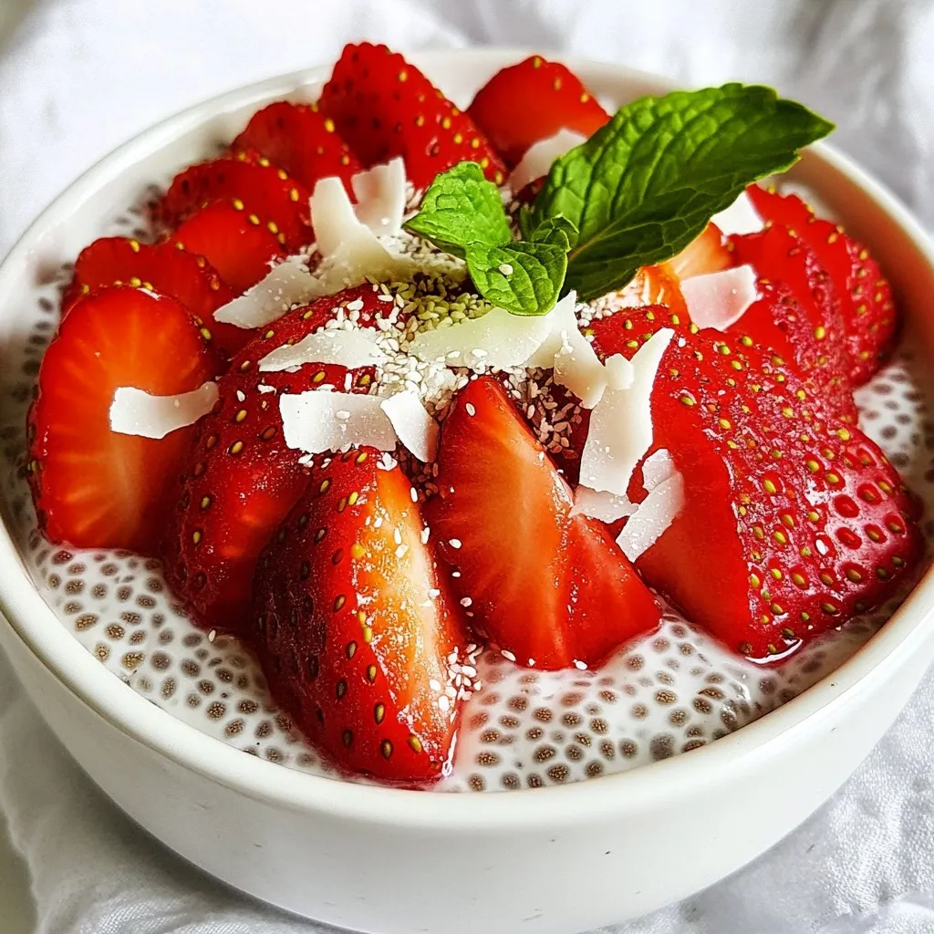 - 1 cup coconut milk (canned or carton) - 1/4 cup chia seeds - 2 tablespoons maple syrup or honey - 1 teaspoon vanilla extract - 1 cup fresh strawberries (hulled and sliced) - 1/4 cup unsweetened shredded coconut - Fresh mint leaves (optional garnish) To make this tasty treat, you need simple ingredients. Start with coconut milk. It gives a rich and creamy base. You can use canned or carton coconut milk based on what you have. Next, add chia seeds. They swell up and create a pudding-like texture. For sweetness, maple syrup or honey works great. You can adjust how much you use based on your taste. The vanilla extract adds a lovely flavor. Use fresh strawberries for a burst of fruitiness. Slice them thin for easy eating. Finish off with unsweetened shredded coconut. This adds a nice crunch and extra coconut flavor. If you want a pop of color, add fresh mint leaves on top. They make your dish look fancy and fresh. {{ingredient_image_2}} In a medium-sized bowl, I start by combining the ingredients. I add 1 cup of coconut milk, 1/4 cup of chia seeds, 2 tablespoons of maple syrup or honey, and 1 teaspoon of vanilla extract. Then, I whisk the mixture well until it's smooth and lump-free. This step is key for a creamy pudding. After mixing, I let the bowl sit for about 10 minutes. This waiting time helps the chia seeds absorb the liquid. After 10 minutes, I whisk again to break any clumps that may have formed. This ensures a nice, even texture. Next, I cover the bowl tightly with plastic wrap or a lid. I place it in the fridge to chill for at least 2 hours, but overnight is best. This time allows the chia pudding to thicken and reach a creamy consistency. Once the chia pudding has set, I take it out of the fridge and give it a gentle stir. This helps it stay smooth. I then spoon the pudding into bowls or jars for serving. To make it look pretty, I top each serving with fresh strawberries, shredded coconut, and a sprig of mint if I want some extra flair. To make great chia pudding, you need the right soak time. I find that a soak of at least 2 hours gives the best results. You can also leave it overnight for a creamier texture. The chia seeds absorb the coconut milk and thicken nicely. If you prefer a smooth pudding, whisk it well before chilling. This helps break up any clumps. You can easily adjust the sweetness in your pudding. Start with 2 tablespoons of maple syrup or honey. Taste it after mixing. If you want it sweeter, add more syrup or honey. You can also try natural sweeteners like agave syrup or stevia. These options work great without adding extra calories. For toppings, fresh strawberries are fantastic, but don’t stop there! Try adding sliced bananas or blueberries for a colorful twist. You can also sprinkle nuts or seeds for crunch. For a fun dessert table, layer the pudding in jars with different fruits. It makes a gorgeous display and is fun to eat! Pro Tips Choose the Right Coconut Milk: Opt for full-fat canned coconut milk for a richer, creamier pudding. If using carton coconut milk, look for a variety that is unsweetened and has a higher fat content for the best results. Adjust Sweetness to Taste: Feel free to modify the amount of maple syrup or honey according to your preference. Start with the recommended amount, then adjust after tasting the mixture before chilling. Experiment with Fruit: While strawberries are delightful, consider mixing in other fruits like blueberries, mango, or kiwi for variety. You can also layer different fruits for an attractive presentation. Make Ahead for Convenience: This chia pudding can be prepared a few days in advance. Store it in airtight containers in the refrigerator for a quick, healthy breakfast or snack throughout the week. {{image_4}} You can have fun with flavors! Adding fruits like mango or blueberry brightens the dish. These fruits mix well with the coconut flavor. You can also use flavored extracts. A few drops of almond extract can add a nice twist. Experiment with what you like. If you want to switch up the milk, try almond milk or oat milk. Both give a great taste and are dairy-free. You can also use any nut milk you enjoy. For those who drink dairy, whole milk works too. Just choose what fits your diet best. Want to make it even better? Add a scoop of cacao powder for a chocolatey taste. You can also mix in protein powder for an extra health boost. If you like crunch, toss in some nuts or seeds. They add nice texture and flavor to your pudding. Get creative with these options! To keep your chia pudding fresh, choose airtight containers. Glass jars work great. Make sure to seal them tightly. This helps prevent air from spoiling your pudding. You can also use plastic containers with lids. Just ensure they close well to keep moisture in. Chia pudding lasts about five days in the fridge. It's best to eat it within this time for the best taste. If you notice any off smells or changes in color, it's time to toss it. Freshness is key to enjoying this creamy delight. If you have more than four servings, don't worry! You can easily repurpose it. Blend the pudding with some almond milk for a smoothie. It adds a creamy texture and a boost of flavor. You can layer it with more fruit and yogurt for a parfait, too. This way, you can enjoy your delicious pudding in new and fun ways. Chia seeds are tiny but mighty! They are packed with fiber, protein, and healthy fats. One ounce has about 11 grams of fiber. This helps keep you full and aids digestion. Chia seeds also have omega-3 fatty acids, which are good for your heart. They contain minerals like calcium, magnesium, and phosphorus, too. Overall, these seeds are a great addition to your diet for nutrition and health. Yes, you can use frozen strawberries! They are a great alternative when fresh berries are not in season. Just thaw them before adding to your pudding. This helps them mix well and adds sweetness. You might notice frozen strawberries are softer. This is fine for the pudding. If you want, you can blend them into a puree for a different texture. Chia pudding is perfect for meal prep! You can make it ahead of time and store it in the fridge. Prepare a batch on Sunday and enjoy it all week. Just follow the mixing and chilling steps. Divide the pudding into jars, and it’s ready to go. This makes breakfast or snacks easy and quick. Plus, it stays fresh for about 5 days. This blog post covered how to make delicious chia pudding using simple ingredients. You learned the key steps to mix, chill, and serve this tasty treat. I shared tips for customizing flavors and garnishes too. Remember, chia seeds are packed with nutrients, making this pudding a healthy choice. Whether you keep it simple or add your favorite fruits, this dessert is sure to please. Enjoy your pudding, and feel free to experiment with new ideas.
