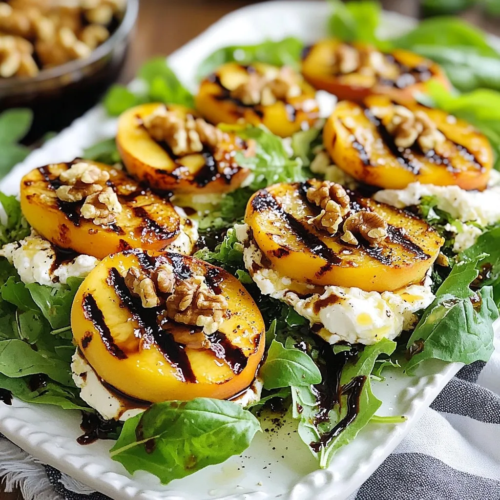 - 3 ripe peaches, halved and pitted - 4 cups mixed greens: arugula, spinach, kale Fresh peaches are the star of this salad. Look for peaches that feel slightly soft when you press them. Their sweetness shines when grilled. The mixed greens add a nice crunch and balance. - 8 ounces creamy burrata cheese - 1/4 cup toasted walnuts, roughly chopped Burrata is rich and creamy. It pairs perfectly with the sweet peaches. Toasted walnuts add a nutty crunch that enhances the salad's texture. - 1/4 cup balsamic glaze - 2 tablespoons extra virgin olive oil - Sea salt and freshly cracked black pepper to taste The balsamic glaze brings a sweet and tart flavor. Olive oil adds richness. A pinch of sea salt and black pepper makes all the flavors pop. Using these simple ingredients makes the salad both tasty and fresh. {{ingredient_image_2}} First, preheat your grill or grill pan to medium heat. This step is key for getting nice grill marks on the peaches. A well-heated grill gives your fruit that sweet, smoky flavor. Next, take your ripe peaches and cut them in half. Remove the pits. Brush the cut sides with olive oil. This helps prevent sticking and adds flavor. Sprinkle lightly with sea salt and freshly cracked black pepper. Place the peaches cut-side down on the hot grill. Grill for about 3-4 minutes until you see lovely grill marks. Then, flip them carefully and grill for another 2 minutes. This cooking method softens the peaches while keeping their shape. While the peaches cool, grab a large mixing bowl and add the mixed greens. Drizzle with the remaining olive oil. Season with a pinch of salt and black pepper. Toss gently to coat all the greens. Now, arrange the greens on a serving platter or on individual plates. Tear the creamy burrata cheese into rustic pieces and scatter them over the greens. This cheese adds a rich, creamy texture. Slice the grilled peaches into quarters. Arrange them around the burrata for a beautiful presentation. Drizzle balsamic glaze over the top for sweetness. Lastly, sprinkle the toasted walnuts and torn basil leaves for extra crunch and flavor. Serve this salad right away to enjoy its fresh taste and delightful mix of flavors! To get the best grill marks, start with ripe peaches. Choose peaches that yield slightly to gentle pressure. This means they are ready for grilling. Brush the cut sides with olive oil. Sprinkle with sea salt and black pepper. This adds flavor and helps caramelize the fruit. Grill the peaches cut-side down for 3-4 minutes. Keep an eye on them. You want to see nice grill marks. Then, flip the peaches and grill for another 2 minutes. This timing keeps them soft yet firm. Remove them from heat and let them cool slightly before slicing. To boost flavor, try different oils or glazes. Instead of olive oil, you can use avocado oil for a rich taste. Balsamic glaze adds sweetness. You can also try honey or maple syrup for a twist. Adding fresh herbs like mint or thyme gives a fresh kick. To add crunch, mix in different nuts. Almonds or pecans work well. Toasting the nuts before adding them brings out their flavor. For a stunning salad, arrange it artfully. Use a large white platter to show off the colors. Start with the mixed greens as a base. Scatter the burrata pieces over the greens. Place the grilled peach slices around the cheese. This creates a beautiful look. Finish with a drizzle of balsamic glaze. Sprinkle the toasted walnuts and torn basil leaves on top. This adds texture and makes the salad inviting. Use a nice serving dish to elevate the whole experience. Pro Tips Choose the Right Peaches: Look for peaches that are ripe but still firm to the touch. They should yield slightly when pressed, indicating they are juicy and sweet. Perfect Grilling Temperature: Make sure your grill is at medium heat before adding the peaches. This helps achieve those beautiful grill marks without overcooking them. Enhance the Balsamic Glaze: For an extra layer of flavor, consider reducing balsamic vinegar on the stove until it thickens slightly before drizzling over the salad. Serve Fresh: This salad is best served immediately after preparation to maintain the freshness of the greens and the creaminess of the burrata cheese. {{image_4}} You can change up the fruits in your salad. Plums and nectarines work well too. They offer a similar sweet and juicy taste. You may also try berries for a different twist. If you want to swap nuts, try pecans or almonds. Both add a crunchy texture and nutty flavor. Pecans bring a sweet note, while almonds add a mild taste. Balsamic glaze is common, but you can use other options. A honey vinaigrette adds sweetness. A lemon dressing gives a fresh zing. You can even try a yogurt-based dressing for creaminess. Making your own dressing is easy. Combine olive oil, vinegar, and some herbs. This way, you can tailor it to your taste. To make this salad vegan, skip the burrata. You can use avocado for creaminess. This keeps the salad rich without dairy. For gluten-free options, check your nuts and dressings. Most ingredients are naturally gluten-free, but always read labels. This ensures a safe, tasty meal for everyone. To keep the grilled peach burrata salad fresh, store it in an airtight container. Place it in the fridge right after serving. This helps maintain flavor and texture. For best results, eat leftovers within two days. Grilled peaches can lose their charm when reheated. If you need to warm them, use a microwave for just a few seconds. You can prep components ahead of time. Grill the peaches and store them in the fridge for up to two days. Wash and dry the mixed greens, then keep them in a separate container. This way, you can assemble the salad quickly when you're ready to eat. A good shortcut is to buy pre-grilled peaches if you're short on time. The salad's components can last a few days in the fridge. The mixed greens usually stay fresh for about three to five days. Grilled peaches are best eaten within two days for optimal taste. Always check for signs of spoilage, like a sour smell or slimy texture. If you notice these, it's best to toss them out to stay safe. To pick ripe peaches, look for a few key signs. First, choose peaches that feel slightly soft when you gently squeeze them. They should have a sweet scent. The skin should be smooth and have a rich color, like yellow or golden orange. Avoid peaches with green spots. Those are not ripe yet. When you grill peaches, ripe ones caramelize well. This adds a sweet flavor and a lovely texture. If your peaches are hard, let them sit at room temperature for a couple of days to ripen before grilling. Yes, you can prepare parts of this salad ahead of time. You can grill the peaches a few hours before serving. Let them cool and store them in an airtight container in the fridge. They will stay fresh for up to two days. You can also prep the mixed greens and keep them in a separate bowl. Just add the olive oil, salt, and pepper right before serving. The burrata cheese should be added last to keep it creamy. This way, you can enjoy a quick assembly when it's time to eat. This salad pairs well with many dishes. You can serve it with grilled chicken or fish. These proteins add heartiness to the meal. A light soup, like tomato basil, works well as a starter. If you're hosting a gathering, serve this salad with crusty bread or garlic bread. It makes a great side for any summer meal. For a refreshing drink, try iced tea or a light white wine. These drinks complement the fresh flavors of the salad. This blog post covers how to create a tasty Grilled Peach Burrata Salad. We started with fresh ingredients like ripe peaches and mixed greens. Then, I explained how to grill peaches and assemble the salad. I also shared helpful tips for perfect grilling and ways to boost flavors. You can even customize the salad with different ingredients or dressings. Try this salad to impress at your next meal. It’s easy to make and delicious to eat! Remember, the right prep and fresh ingredients make all the difference.