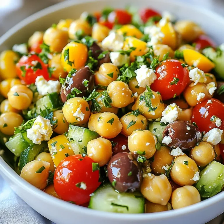 - 1 can (15 oz) chickpeas, thoroughly drained and rinsed to remove any excess sodium - 1 cup cherry tomatoes, halved for a burst of sweetness - 1 medium cucumber, diced into bite-sized pieces for crunch Chickpeas are the star of this salad. They add protein and fiber. Cherry tomatoes bring a sweet touch. You can’t go wrong with their juicy flavor. The cucumber provides a crisp texture and refreshing taste. - 1/2 medium red onion, finely chopped for a mild yet tangy flavor - 1/2 cup Kalamata olives, pitted and halved to add a rich brininess - 1/4 cup feta cheese, crumbled to provide a creamy texture - 1/4 cup fresh parsley, finely chopped for color and freshness Red onion adds a nice bite. If you want less sharpness, soak it in water. Kalamata olives give a salty depth that pairs well with the salad. Feta cheese brings creaminess and tang. Fresh parsley adds bright color and a hint of earthiness. - 3 tablespoons extra virgin olive oil for a rich base - 2 tablespoons freshly squeezed lemon juice for brightness - 1 teaspoon dried oregano for an aromatic touch - Salt and black pepper to taste for seasoning The dressing is simple but full of flavor. Extra virgin olive oil is key for richness. Lemon juice adds tang and lightness. Dried oregano brings a burst of herbal aroma. Adjust salt and pepper to make it perfect for your taste. {{ingredient_image_2}} - Rinse and Drain Chickpeas Start by opening the can of chickpeas. Pour them into a strainer and rinse well under cold water. This removes extra sodium and improves flavor. Let them drain for a few minutes. - Chop and Dice Vegetables Next, take your cherry tomatoes. Cut them in half to create bite-sized pieces. For the cucumber, slice it into small cubes. Finally, finely chop the red onion. Each of these fresh ingredients adds great taste and color. - Combine Ingredients in Bowl In a large mixing bowl, add the well-drained chickpeas, halved cherry tomatoes, diced cucumber, and chopped red onion. Gently stir these fresh ingredients together. Make sure they mix well but don’t mash anything. - Fold in Feta and Olives Now, add the halved Kalamata olives and crumbled feta cheese to the bowl. Carefully fold them into the salad. Take your time to keep the chickpeas and feta intact. - Whisk Dressing Ingredients Together In a small bowl, whisk together the extra virgin olive oil, lemon juice, dried oregano, salt, and black pepper. Mix until it is well combined and smooth. This dressing will add a bright flavor to your salad. - Combine with Salad Drizzle the dressing over your salad mixture. Use a spatula or large spoon to toss everything together. Aim to coat each ingredient with the dressing for the best taste. - Adjust Seasoning Taste the salad and adjust the seasoning as needed. You might want to add a little more salt, black pepper, or lemon juice for extra flavor. - Let Salad Rest Allow the salad to rest for about 10 minutes before serving. This time helps the flavors blend together nicely. Enjoy the tasty blend of freshness! Importance of Fresh Ingredients Using fresh ingredients makes a big difference. Fresh chickpeas, ripe tomatoes, and crisp cucumbers all add layers of taste. They help create a vibrant, lively salad. Always choose the best produce you can find. Adjusting Seasonings Seasoning is key for flavor. Start with salt and black pepper, then taste the salad. You might want to add more lemon juice or oregano. This way, you can find your perfect balance. Trust your taste buds; they will guide you. Serving Suggestions When serving, choose a large bowl that catches the eye. This salad looks great in a colorful dish. Pair it with warm pita bread for a complete experience. Guests will love the fresh look and delicious taste. Garnishing for Appeal Garnish with crumbled feta and fresh parsley. This adds a nice pop of color. It also makes the salad inviting. A sprinkle of extra oregano on top can add more flavor and charm. Preparing in Advance You can prepare this salad before your meal. Just follow the recipe and let it chill. The flavors will develop more as it sits. This is a great time-saver for busy days. Storing Leftovers Store any leftovers in an airtight container. It stays fresh in the fridge for up to three days. If it gets too watery, just drain a little liquid before serving again. Enjoy your salad even after the meal! Pro Tips Fresh Ingredients: Always use the freshest vegetables and herbs you can find for the best flavor and texture in your salad. Chill Time: Refrigerate your salad for at least 30 minutes before serving to enhance the flavors and allow the ingredients to meld together. Feta Substitution: If you're not a fan of feta cheese, try using goat cheese or a dairy-free alternative for a different flavor profile. Extra Crunch: For added crunch, consider incorporating some diced bell peppers or toasted pine nuts into your salad. {{image_4}} Adding protein boosts the salad's nutrition and makes it heartier. Here are two tasty options: - Grilled Chicken: Cooking chicken breasts on the grill adds a smoky flavor. Slice the chicken and toss it in with the salad. This adds a nice texture and taste. - Tuna or Salmon: Canned tuna or salmon works well too. Just drain the fish and flake it into the salad. This option also adds a nice protein punch and pairs well with the Mediterranean flavors. You can mix up the veggies for different tastes and textures. Consider these swaps: - Bell Peppers: Diced bell peppers add crunch and sweetness. They also bring a vibrant color that makes your salad pop. - Spinach or Arugula: These leafy greens offer a fresh twist. Spinach is mild, while arugula adds a peppery bite. Both are great for adding volume and nutrients. The dressing can change the whole vibe of your salad. Here are two great options: - Balsamic Vinaigrette: This dressing is sweet and tangy. It pairs well with the salty feta and olives. Just mix balsamic vinegar with olive oil for a quick change. - Tahini Dressing: For a creamy texture, try tahini. Mix tahini with lemon juice and a bit of water. This nutty flavor adds depth and richness to your salad, making it even more enjoyable. To keep your Mediterranean Chickpea Salad fresh, store it in an airtight container. This helps prevent any unwanted odors from mixing in. Make sure to use a container that seals well. This salad tastes best when fresh, but it can stay good in the fridge for up to three days. After that, the veggies may lose their crunch, and flavors can fade. Can you freeze Mediterranean Chickpea Salad? The answer is yes, but with a few notes. The salad can freeze well, but some ingredients may change texture. For the best results, skip adding fresh veggies like tomatoes and cucumbers before freezing. Instead, add them after thawing. To thaw, place the salad in the fridge overnight. This allows it to defrost gently. Avoid using a microwave, as it can make the salad mushy. After thawing, mix in your fresh ingredients, and enjoy a quick and tasty meal! Chickpeas are small, but they pack a big punch. - Nutritional Value Overview: One can (15 oz) of chickpeas has about 240 calories. They contain 12 grams of protein, 10 grams of fiber, and important vitamins like B6 and folate. - How Chickpeas Promote Health: Chickpeas help with digestion due to their high fiber. They can lower cholesterol levels and may help keep your heart healthy. Their protein helps build muscles, making them great for any diet. Yes, you can easily make this salad vegan without losing flavor. - Substitutes for Feta Cheese: Try using vegan feta or tofu. Both add a creamy texture. Nutritional yeast can also give a cheesy taste. - Dressing Alternatives: Use a dressing made from olive oil, lemon juice, and herbs. You can also add tahini for a nutty flavor. The salad is great for meal prep. - Safe Storage Duration: You can keep it in the fridge for up to 4 days. Store it in an airtight container for best results. - Signs of Spoilage: Check for any off smells or slimy textures. If the veggies look wilted or mushy, it’s time to toss it. This blog post covered how to create a fresh Mediterranean chickpea salad. You learned about key ingredients like chickpeas, cherry tomatoes, and cucumber. I shared simple steps to mix, dress, and adjust flavors for the best taste. Tips on presentation and storage will help your salad stay fresh longer. Don’t forget the fun variations you can try with different proteins or dressings. Enjoy making this healthy dish and share it with others!