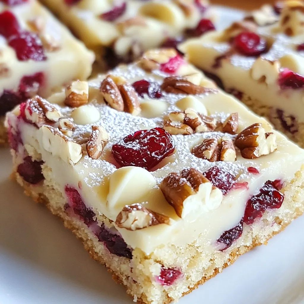 - 1 cup unsalted butter, softened - 1 cup brown sugar, packed - 1/2 cup granulated sugar - 2 large eggs - 1 teaspoon pure vanilla extract - 2 1/2 cups all-purpose flour - 1 teaspoon baking soda - 1/2 teaspoon fine salt - 1 cup dried cranberries, chopped - 1 cup white chocolate chips - 1/2 cup chopped pecans (optional) - You can swap dried cranberries with raisins or cherries. - Use dark chocolate chips instead of white chocolate for a richer taste. - Add a pinch of cinnamon for a warm spice flavor. {{ingredient_image_2}} 1. Preheat your oven to 350°F (175°C). This step is key for even baking. 2. Prepare your baking pan. Use a 9x13 inch pan. Grease it lightly or line it with parchment paper. This makes clean-up easier and helps the bars release. 3. Cream the butter and sugars. In a large bowl, mix 1 cup of softened unsalted butter with 1 cup of brown sugar and 1/2 cup of granulated sugar. Use an electric mixer on medium speed for 3-4 minutes. You want it light and fluffy. 4. Add the eggs and vanilla. With the mixer on low, add 2 large eggs one at a time. Make sure each egg mixes in well. Then, stir in 1 teaspoon of pure vanilla extract until just combined. 5. Mix dry ingredients. In another bowl, whisk together 2 1/2 cups of all-purpose flour, 1 teaspoon of baking soda, and 1/2 teaspoon of fine salt. This ensures even distribution. 6. Combine wet and dry ingredients. Gradually add the dry mix to the wet mix. Keep the mixer on low. Stop mixing when everything is just combined. Overmixing can make the bars tough. 7. Fold in the fun stuff. Gently mix in 1 cup of chopped dried cranberries, 1 cup of white chocolate chips, and 1/2 cup of chopped pecans if you want. Use a spatula for even distribution. 8. Transfer to the pan. Spread the dough evenly in your prepared baking pan. Smooth the top for a nice finish. 9. Bake the bars. Place the pan in the oven and bake for 25-30 minutes. Look for golden edges. A toothpick should come out clean from the center. 10. Cool the bars. Once baked, remove the pan from the oven. Let it cool in the pan for about 10 minutes. Then, move the bars to a wire rack to cool completely. 11. Cut and serve. After cooling, cut the bars into squares or rectangles. Enjoy the deliciousness! - Use room temperature ingredients. This helps with mixing and gives a better texture. - Prepare your ingredients first. Measure everything out before starting. This keeps the process smooth. - Clean as you go. It makes the kitchen less messy and more enjoyable. To ensure your cookie bars have the best texture, follow these steps: - Use softened butter: This helps the sugars blend well for a fluffy mix. - Avoid overmixing: When you add dry ingredients, mix just until combined. This keeps the bars soft. - Check your oven temperature: Ovens can vary. Use an oven thermometer for accuracy. Common mistakes can affect your cookie bars: - Not measuring ingredients properly: Use standard measuring cups for accuracy. - Skipping the cooling time: Allow the bars to cool before cutting. This helps them set. - Baking too long: Keep an eye on them. They should be golden at the edges but soft in the middle. To present your cookie bars beautifully, try these ideas: - Dust with powdered sugar: This adds a festive touch. - Drizzle melted white chocolate: This gives an elegant finish that looks great. For drinks that pair well, consider: - Coffee or tea: These warm drinks complement the sweetness. - Milk: A classic choice that balances the flavors. Feel free to explore different ways to enjoy these tasty treats! Pro Tips Use Room Temperature Ingredients: Ensuring your butter and eggs are at room temperature helps achieve a smoother batter, resulting in a better texture for your cookie bars. Don’t Overmix: When combining the dry ingredients with the wet, mix just until you see no flour. Overmixing can lead to dense and tough cookie bars. Cool Completely Before Cutting: Allow the cookie bars to cool completely in the pan before slicing to prevent them from falling apart and to achieve clean edges. Experiment with Add-ins: Feel free to customize your cookie bars by adding different nuts, dried fruits, or even spices like cinnamon for a unique flavor twist. {{image_4}} You can easily swap ingredients for different needs. If you want a dairy-free option, use vegan butter. For a gluten-free treat, try almond flour instead of regular flour. Want to change the flavor? You can add different nuts like walnuts or almonds. You can also mix in dried fruits such as apricots or cherries for a new taste. You can adapt these cookie bars for any holiday. For Christmas, add a pinch of nutmeg or cinnamon to the batter. This gives a warm, festive flavor. For Thanksgiving, consider using pumpkin spice in the mix. It pairs well with cranberries. On Valentine’s Day, swap in heart-shaped sprinkles for a sweet touch. These little changes can make your Cranberry Bliss Cookie Bars a hit at any gathering! To keep your Cranberry Bliss Cookie Bars fresh, store them in an airtight container. This will protect them from air and moisture. If you want to keep them longer, freezing is a great option. To freeze, wrap the bars tightly in plastic wrap or aluminum foil. Place them in a freezer-safe container. This prevents freezer burn and keeps them tasty. These cookie bars last about one week at room temperature. If you keep them in the fridge, they can last up to two weeks. When frozen, they can stay good for about three months. Just remember to thaw them in the fridge overnight before you enjoy them! To make these bars gluten-free, substitute all-purpose flour with a gluten-free flour blend. Use a blend that measures cup for cup like regular flour. This keeps the texture light and soft. Yes, you can use fresh cranberries. Chop them up and add them to the mix. Fresh cranberries are tart, so you might want to add a bit more sugar to balance the taste. If your bars turn out dry, try using less flour next time. Also, make sure to not overbake them. If they seem dry, serve them with a scoop of ice cream or a drizzle of melted chocolate for added moisture. You can make these bars more festive by adding seasonal spices like cinnamon or nutmeg. Top with a sprinkle of powdered sugar or drizzle melted white chocolate on top. You can also add festive sprinkles for color. This blog post covers how to make delicious cookie bars. You learned about required and optional ingredients, and I shared step-by-step baking instructions. I also provided tips to ensure perfect texture and ways to present your bars nicely. You can try ingredient substitutions and seasonal twists too. In closing, you now have all the tools to create tasty cookie bars. Enjoy the process and share your creations with others. Happy baking!