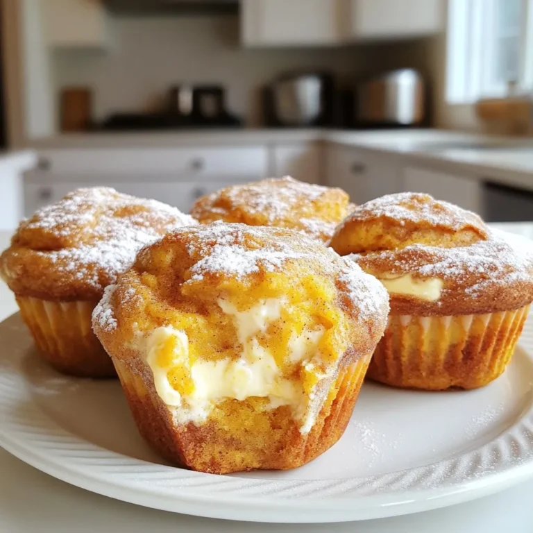 To make these tasty muffins, you will need: - 1 cup all-purpose flour - 1 teaspoon baking powder - 1/2 teaspoon baking soda - 1 teaspoon ground cinnamon - 1/2 teaspoon ground nutmeg - 1/2 teaspoon ground ginger - 1/4 teaspoon salt - 1/2 cup granulated sugar - 1/4 cup packed brown sugar - 1/2 cup vegetable oil - 2 large eggs - 1 cup pumpkin puree (canned or fresh) - 1 teaspoon vanilla extract - 4 oz cream cheese, softened - 1/4 cup powdered sugar - 1 tablespoon milk Knowing how to convert measurements helps when you want to adjust the recipe. Here are some quick conversions: - 1 cup = 240 ml - 1 teaspoon = 5 ml - 1 tablespoon = 15 ml If you need to make less or more, just adjust these amounts. For example, if you want to make six muffins, cut the ingredients in half. Choosing the right ingredients is key for great muffins. Here are some tips: - Flour: Use fresh all-purpose flour. Check the date on the package. - Pumpkin Puree: If using canned, look for 100% pumpkin. Avoid added sugars. - Spices: Fresh spices give strong flavor. Check your spice cabinet for age. - Cream Cheese: Choose full-fat cream cheese for a rich taste and smooth texture. - Eggs: Use large, fresh eggs for the best results. They help with moisture and rise. Following these tips ensures your muffins are delicious and have the best texture. Enjoy your baking! {{ingredient_image_2}} Start by preheating your oven to 350°F (175°C). This step warms up the oven, ensuring even baking. Next, line a standard muffin tin with cupcake liners. This makes for easy removal and adds a fun touch to your muffins. In a medium bowl, whisk together the dry ingredients. Use 1 cup of all-purpose flour, 1 teaspoon of baking powder, 1/2 teaspoon of baking soda, 1 teaspoon of ground cinnamon, 1/2 teaspoon of ground nutmeg, 1/2 teaspoon of ground ginger, and 1/4 teaspoon of salt. Set this mixture aside. In a larger bowl, combine 1/2 cup of granulated sugar, 1/4 cup of packed brown sugar, 1/2 cup of vegetable oil, and 2 large eggs. Use a whisk to mix until the ingredients blend smoothly. Then, add 1 cup of pumpkin puree and 1 teaspoon of vanilla extract. Stir gently until the mixture is smooth. For the cream cheese filling, take 4 oz of softened cream cheese and place it in a small bowl. Add 1/4 cup of powdered sugar and 1 tablespoon of milk. Mix until you get a creamy and smooth consistency. This filling adds a rich layer to your muffins. Fill each muffin liner halfway with the pumpkin batter. Use about 1 tablespoon for each liner. Then, add a teaspoon of the cream cheese mixture in the center of each muffin. Finally, top with more pumpkin batter until the liners are about two-thirds full. This layering creates a delightful surprise in every bite. Place the muffin tin in your preheated oven. Bake for 18-20 minutes. To check if they are done, insert a toothpick into the center of a muffin. If it comes out clean, they are ready! After baking, let the muffins cool in the pan for 5 minutes. Then, transfer them to a wire rack to cool completely. Enjoy the warm, cozy aroma filling your kitchen! To get the best texture, do not overmix the batter. Mix just until the dry and wet ingredients blend together. A few lumps are okay. This keeps your muffins light and fluffy. Also, make sure your ingredients are at room temperature. This helps them combine better and rise nicely. If you need to change the recipe, you have options. For gluten-free muffins, use a gluten-free flour blend. You can swap the eggs for flaxseed meal mixed with water for a vegan version. Just mix 1 tablespoon of flaxseed with 3 tablespoons of water for each egg. For a lower sugar option, try using applesauce instead of granulated sugar. You can add fun flavors to your muffins. Try adding chocolate chips or chopped nuts for extra crunch. Dried cranberries or raisins add sweetness. You can also mix in some orange zest for a fresh twist. Just be sure to keep the total add-ins to about 1 cup. This keeps the texture balanced and delicious. Pro Tips Room Temperature Ingredients: Ensure your cream cheese is at room temperature for easy blending, resulting in a smoother filling. Avoid Overmixing: Mix the wet and dry ingredients just until combined to keep your muffins fluffy and tender. Use Canned Pumpkin: Canned pumpkin puree is convenient and gives consistent results. Just be sure it’s 100% pumpkin, not pumpkin pie filling. Cool Before Serving: Let the muffins cool completely on a wire rack to enhance their flavor and texture before serving. {{image_4}} You can easily add chocolate chips to your pumpkin cream cheese muffins. Just mix in 1/2 cup of semi-sweet chocolate chips into the batter before baking. The warm chocolate adds rich flavor. It balances the sweetness of the pumpkin and cream cheese. Each bite becomes a delightful treat! If you need a gluten-free option, swap all-purpose flour for a gluten-free blend. Make sure it has a good structure for muffins. Use the same amount, 1 cup. The taste will still be yummy. You can enjoy these muffins without gluten and still get the same great flavors. To make these muffins vegan, change a few ingredients. Replace eggs with flax eggs or applesauce. Use non-dairy milk instead of regular milk. For cream cheese, find a vegan brand. These changes keep the muffins moist and fluffy. You get a tasty vegan version without losing flavor! To keep your muffins fresh, store them in an airtight container. You can place them at room temperature for up to three days. If you want to keep them longer, the fridge is a good option. Just make sure they are covered well to avoid drying out. Freezing is a great way to save extra muffins. Wrap each muffin in plastic wrap and place them in a freezer bag. They can last for up to three months. When you want to eat one, take it out and let it thaw at room temperature. You can also warm it in the microwave for about 15-20 seconds. These muffins shine when served warm. I like to pair them with a cup of coffee or tea. For a special touch, add a dollop of whipped cream or some maple syrup on top. Enjoying them with friends or family makes them even better! Yes, you can. I often bake these muffins a day in advance. Store them in an airtight container. They stay fresh and tasty. If you want to keep them longer, freeze them. Just thaw them before serving. Check your muffins around 18 minutes. Insert a toothpick into the center. If it comes out clean, they are done. If not, bake for an extra minute or two. Avoid overbaking; you want them moist. Absolutely! Fresh pumpkin adds great flavor. Just cook and puree the pumpkin first. It should have a smooth texture. This makes your muffins even more special and fresh. These muffins pair well with many things. Try serving them with cream cheese spread. You can also add a warm drink, like coffee or tea. A sprinkle of cinnamon on top adds a nice touch. You learned how to make tasty pumpkin cream cheese muffins. Knowing the right ingredients and their measurements is key. I shared simple steps for mixing, baking, and storing your muffins. Don't forget the tips for great texture and fun variations! These muffins taste great fresh or frozen. Now it’s time for you to bake and enjoy these yummy treats!
