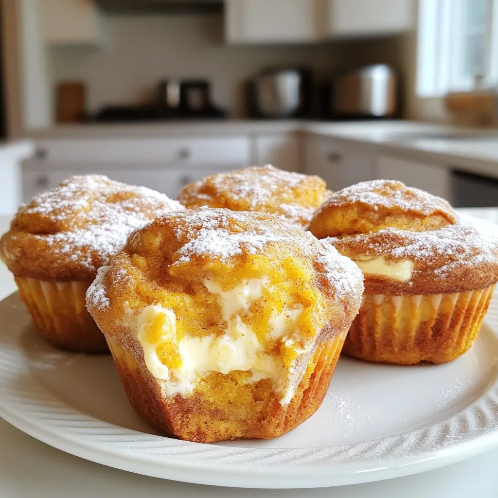 To make these tasty muffins, you will need: - 1 cup all-purpose flour - 1 teaspoon baking powder - 1/2 teaspoon baking soda - 1 teaspoon ground cinnamon - 1/2 teaspoon ground nutmeg - 1/2 teaspoon ground ginger - 1/4 teaspoon salt - 1/2 cup granulated sugar - 1/4 cup packed brown sugar - 1/2 cup vegetable oil - 2 large eggs - 1 cup pumpkin puree (canned or fresh) - 1 teaspoon vanilla extract - 4 oz cream cheese, softened - 1/4 cup powdered sugar - 1 tablespoon milk Knowing how to convert measurements helps when you want to adjust the recipe. Here are some quick conversions: - 1 cup = 240 ml - 1 teaspoon = 5 ml - 1 tablespoon = 15 ml If you need to make less or more, just adjust these amounts. For example, if you want to make six muffins, cut the ingredients in half. Choosing the right ingredients is key for great muffins. Here are some tips: - Flour: Use fresh all-purpose flour. Check the date on the package. - Pumpkin Puree: If using canned, look for 100% pumpkin. Avoid added sugars. - Spices: Fresh spices give strong flavor. Check your spice cabinet for age. - Cream Cheese: Choose full-fat cream cheese for a rich taste and smooth texture. - Eggs: Use large, fresh eggs for the best results. They help with moisture and rise. Following these tips ensures your muffins are delicious and have the best texture. Enjoy your baking! {{ingredient_image_2}} Start by preheating your oven to 350°F (175°C). This step warms up the oven, ensuring even baking. Next, line a standard muffin tin with cupcake liners. This makes for easy removal and adds a fun touch to your muffins. In a medium bowl, whisk together the dry ingredients. Use 1 cup of all-purpose flour, 1 teaspoon of baking powder, 1/2 teaspoon of baking soda, 1 teaspoon of ground cinnamon, 1/2 teaspoon of ground nutmeg, 1/2 teaspoon of ground ginger, and 1/4 teaspoon of salt. Set this mixture aside. In a larger bowl, combine 1/2 cup of granulated sugar, 1/4 cup of packed brown sugar, 1/2 cup of vegetable oil, and 2 large eggs. Use a whisk to mix until the ingredients blend smoothly. Then, add 1 cup of pumpkin puree and 1 teaspoon of vanilla extract. Stir gently until the mixture is smooth. For the cream cheese filling, take 4 oz of softened cream cheese and place it in a small bowl. Add 1/4 cup of powdered sugar and 1 tablespoon of milk. Mix until you get a creamy and smooth consistency. This filling adds a rich layer to your muffins. Fill each muffin liner halfway with the pumpkin batter. Use about 1 tablespoon for each liner. Then, add a teaspoon of the cream cheese mixture in the center of each muffin. Finally, top with more pumpkin batter until the liners are about two-thirds full. This layering creates a delightful surprise in every bite. Place the muffin tin in your preheated oven. Bake for 18-20 minutes. To check if they are done, insert a toothpick into the center of a muffin. If it comes out clean, they are ready! After baking, let the muffins cool in the pan for 5 minutes. Then, transfer them to a wire rack to cool completely. Enjoy the warm, cozy aroma filling your kitchen! To get the best texture, do not overmix the batter. Mix just until the dry and wet ingredients blend together. A few lumps are okay. This keeps your muffins light and fluffy. Also, make sure your ingredients are at room temperature. This helps them combine better and rise nicely. If you need to change the recipe, you have options. For gluten-free muffins, use a gluten-free flour blend. You can swap the eggs for flaxseed meal mixed with water for a vegan version. Just mix 1 tablespoon of flaxseed with 3 tablespoons of water for each egg. For a lower sugar option, try using applesauce instead of granulated sugar. You can add fun flavors to your muffins. Try adding chocolate chips or chopped nuts for extra crunch. Dried cranberries or raisins add sweetness. You can also mix in some orange zest for a fresh twist. Just be sure to keep the total add-ins to about 1 cup. This keeps the texture balanced and delicious. Pro Tips Room Temperature Ingredients: Ensure your cream cheese is at room temperature for easy blending, resulting in a smoother filling. Avoid Overmixing: Mix the wet and dry ingredients just until combined to keep your muffins fluffy and tender. Use Canned Pumpkin: Canned pumpkin puree is convenient and gives consistent results. Just be sure it’s 100% pumpkin, not pumpkin pie filling. Cool Before Serving: Let the muffins cool completely on a wire rack to enhance their flavor and texture before serving. {{image_4}} You can easily add chocolate chips to your pumpkin cream cheese muffins. Just mix in 1/2 cup of semi-sweet chocolate chips into the batter before baking. The warm chocolate adds rich flavor. It balances the sweetness of the pumpkin and cream cheese. Each bite becomes a delightful treat! If you need a gluten-free option, swap all-purpose flour for a gluten-free blend. Make sure it has a good structure for muffins. Use the same amount, 1 cup. The taste will still be yummy. You can enjoy these muffins without gluten and still get the same great flavors. To make these muffins vegan, change a few ingredients. Replace eggs with flax eggs or applesauce. Use non-dairy milk instead of regular milk. For cream cheese, find a vegan brand. These changes keep the muffins moist and fluffy. You get a tasty vegan version without losing flavor! To keep your muffins fresh, store them in an airtight container. You can place them at room temperature for up to three days. If you want to keep them longer, the fridge is a good option. Just make sure they are covered well to avoid drying out. Freezing is a great way to save extra muffins. Wrap each muffin in plastic wrap and place them in a freezer bag. They can last for up to three months. When you want to eat one, take it out and let it thaw at room temperature. You can also warm it in the microwave for about 15-20 seconds. These muffins shine when served warm. I like to pair them with a cup of coffee or tea. For a special touch, add a dollop of whipped cream or some maple syrup on top. Enjoying them with friends or family makes them even better! Yes, you can. I often bake these muffins a day in advance. Store them in an airtight container. They stay fresh and tasty. If you want to keep them longer, freeze them. Just thaw them before serving. Check your muffins around 18 minutes. Insert a toothpick into the center. If it comes out clean, they are done. If not, bake for an extra minute or two. Avoid overbaking; you want them moist. Absolutely! Fresh pumpkin adds great flavor. Just cook and puree the pumpkin first. It should have a smooth texture. This makes your muffins even more special and fresh. These muffins pair well with many things. Try serving them with cream cheese spread. You can also add a warm drink, like coffee or tea. A sprinkle of cinnamon on top adds a nice touch. You learned how to make tasty pumpkin cream cheese muffins. Knowing the right ingredients and their measurements is key. I shared simple steps for mixing, baking, and storing your muffins. Don't forget the tips for great texture and fun variations! These muffins taste great fresh or frozen. Now it’s time for you to bake and enjoy these yummy treats!