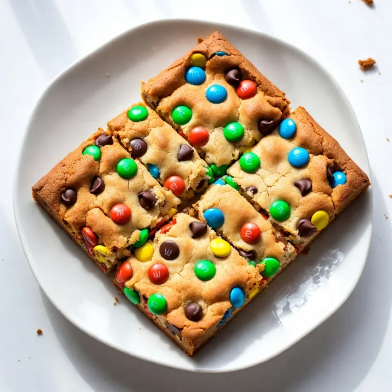 To make Chewy M&M Cookie Bars, you need some key ingredients. Each one plays a part in making these bars tasty and chewy. Here’s what you will need: - 1 cup unsalted butter, softened to room temperature - 1 cup packed light brown sugar - 1/2 cup granulated sugar - 1 large egg - 1 teaspoon vanilla extract - 2 1/4 cups all-purpose flour - 1 teaspoon baking soda - 1/2 teaspoon salt - 1 cup colorful M&M's candies - 1/2 cup semi-sweet chocolate chips (optional) Each ingredient adds flavor and texture. The butter gives richness, while the sugars add sweetness. The egg binds everything together. Vanilla gives a warm flavor that makes these bars special. All-purpose flour gives the bars structure and chewiness, while baking soda helps them rise a bit. The salt balances the sweetness and enhances all the flavors. M&M's bring color and a fun crunch. If you love chocolate, the chocolate chips add even more chocolatey goodness! Gather these ingredients, and you’re ready to bake! {{ingredient_image_2}} Set your oven to 350°F (175°C). Grease a 9x13-inch baking dish lightly. Line it with parchment paper, letting some hang over the sides. This helps with easy removal later. In a large bowl, combine 1 cup of softened unsalted butter, 1 cup of packed light brown sugar, and 1/2 cup of granulated sugar. Beat this mixture with an electric mixer on medium speed. Mix until it turns light and fluffy, which takes about 2 to 3 minutes. Crack 1 large egg into the bowl. Add 1 teaspoon of vanilla extract for flavor. Beat the mixture again until it is fully combined and smooth. In another bowl, whisk together 2 1/4 cups of all-purpose flour, 1 teaspoon of baking soda, and 1/2 teaspoon of salt. Gradually pour this dry mix into the butter and sugar mix. Stir gently until just combined. Avoid overmixing to keep your bars chewy. Carefully fold in 1 cup of colorful M&M's. If you want, add 1/2 cup of semi-sweet chocolate chips for an extra chocolatey treat. Use a spatula to mix them evenly in the dough without breaking the candies. Transfer the cookie dough into your prepared baking dish. Use a spatula to spread it out evenly. Smooth the top to make it look nice and uniform. Place the baking dish in your preheated oven. Bake for 20 to 25 minutes. The edges should turn a golden brown. A toothpick inserted in the center should come out clean with a few moist crumbs. After baking, let the cookie bars cool in the pan for about 10 minutes. Use the parchment overhang to lift the bars out of the pan. Transfer them to a wire rack to cool completely. Once the bars are cool, use a sharp knife to cut them into squares or rectangles. Arrange them on a plate and serve with a smile! Enjoy your delicious Chewy M&M Cookie Bars! To get those chewy cookie bars, you must not overmix. Mix the dry and wet ingredients until just combined. This keeps the bars soft. Use brown sugar as it holds moisture well. The butter should be softened, not melted. This helps create that perfect chewy bite. To keep your cookie bars fresh, store them in an airtight container. If you stack them, place parchment paper between layers. This prevents sticking. You can keep them at room temperature for about a week. For longer storage, freeze them. Wrap each bar in plastic wrap and place them in a freezer bag. Make your cookie bars look even better! Drizzle melted chocolate on top for a nice touch. You can also sprinkle sea salt to enhance the flavor. Cut them into fun shapes or use cookie cutters for variety. Serve on colorful plates to make them pop! Pro Tips Use Room Temperature Butter: Make sure your butter is at room temperature to ensure it creams well with the sugars, leading to a lighter and fluffier texture in your cookie bars. Don't Overmix: When combining the dry ingredients with the wet, mix just until incorporated. Overmixing can lead to tough cookie bars instead of chewy ones. Cool Completely Before Slicing: Allow the bars to cool completely before cutting them to avoid crumbling and ensure clean edges for a neater presentation. Customize Your Mix-Ins: Feel free to swap out M&M's for other candies, nuts, or even dried fruits to create your own unique flavor combinations! {{image_4}} You can switch up the M&M's in your cookie bars. Use peanut, almond, or crispy M&M's for unique flavors. Each type adds a fun twist to your treats. For a festive touch, try seasonal M&M's. They come in special colors for holidays. If you need to avoid certain ingredients, there are good swaps. Use dairy-free butter for a vegan option. You can replace the egg with a flaxseed egg or applesauce. For gluten-free bars, choose a gluten-free flour blend. These changes keep everyone happy and safe. Want to get creative? You can add other mix-ins to your cookie bars. Try chopped nuts like walnuts or pecans for crunch. Dried fruits like cranberries or raisins can add sweetness. For extra chocolate, toss in mini chocolate chips. Experiment with spices like cinnamon or nutmeg for a warm flavor. The choices are endless! You can store your chewy M&M cookie bars at room temperature. Use an airtight container to keep them fresh. They last about 3 to 5 days. Place a piece of parchment paper between layers to avoid sticking. Want to save some for later? You can freeze the cookie bars! First, let them cool completely. Then, cut them into squares. Wrap each piece in plastic wrap, and then place them in a freezer-safe bag. They can last up to 3 months in the freezer. When you're ready to enjoy, remove the bars from the freezer. Let them thaw at room temperature for about 30 minutes. For a warm treat, pop them in the microwave for 10 to 15 seconds. They’ll taste like freshly baked cookies! To make your cookie bars chewy, focus on mixing. Do not overmix your dough. Combine the wet and dry ingredients until just blended. This keeps the bars soft. Also, use brown sugar for moisture. It adds to the chewy texture. Yes, you can use dark chocolate chips. Dark chocolate gives a richer taste. You can mix them with M&M's for flavor and color. Just remember that dark chocolate is more bitter than semi-sweet. You can store the cookie bars for up to one week. Keep them in an airtight container at room temperature. They will stay fresh and tasty. For longer storage, freeze them for up to three months. You can use coconut oil or margarine instead of butter. Both options work well in this recipe. They can give a different flavor but still taste great. Adjust the amount if needed, keeping it equal to the butter amount. You now have a clear guide to make delicious Chewy M&M Cookie Bars. We covered the key ingredients, step-by-step instructions, and helpful tips to achieve that perfect chewy texture. Remember, you can customize with different M&M’s or additions for a twist! Store them properly to keep them fresh and enjoy this treat at any time. With these easy steps, you'll impress anyone who gets a taste of your cookie bars. Now, it’s time to bake and share your creations!