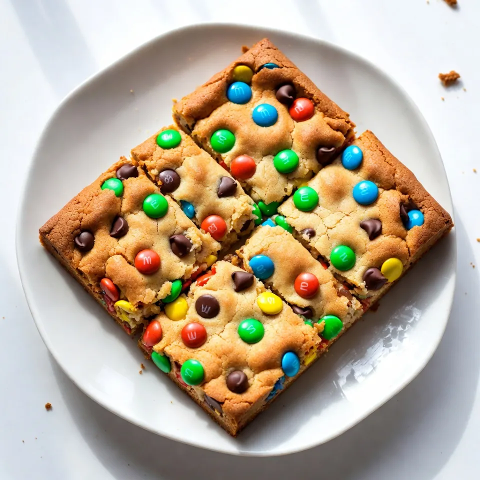 To make Chewy M&M Cookie Bars, you need some key ingredients. Each one plays a part in making these bars tasty and chewy. Here’s what you will need: - 1 cup unsalted butter, softened to room temperature - 1 cup packed light brown sugar - 1/2 cup granulated sugar - 1 large egg - 1 teaspoon vanilla extract - 2 1/4 cups all-purpose flour - 1 teaspoon baking soda - 1/2 teaspoon salt - 1 cup colorful M&M's candies - 1/2 cup semi-sweet chocolate chips (optional) Each ingredient adds flavor and texture. The butter gives richness, while the sugars add sweetness. The egg binds everything together. Vanilla gives a warm flavor that makes these bars special. All-purpose flour gives the bars structure and chewiness, while baking soda helps them rise a bit. The salt balances the sweetness and enhances all the flavors. M&M's bring color and a fun crunch. If you love chocolate, the chocolate chips add even more chocolatey goodness! Gather these ingredients, and you’re ready to bake! {{ingredient_image_2}} Set your oven to 350°F (175°C). Grease a 9x13-inch baking dish lightly. Line it with parchment paper, letting some hang over the sides. This helps with easy removal later. In a large bowl, combine 1 cup of softened unsalted butter, 1 cup of packed light brown sugar, and 1/2 cup of granulated sugar. Beat this mixture with an electric mixer on medium speed. Mix until it turns light and fluffy, which takes about 2 to 3 minutes. Crack 1 large egg into the bowl. Add 1 teaspoon of vanilla extract for flavor. Beat the mixture again until it is fully combined and smooth. In another bowl, whisk together 2 1/4 cups of all-purpose flour, 1 teaspoon of baking soda, and 1/2 teaspoon of salt. Gradually pour this dry mix into the butter and sugar mix. Stir gently until just combined. Avoid overmixing to keep your bars chewy. Carefully fold in 1 cup of colorful M&M's. If you want, add 1/2 cup of semi-sweet chocolate chips for an extra chocolatey treat. Use a spatula to mix them evenly in the dough without breaking the candies. Transfer the cookie dough into your prepared baking dish. Use a spatula to spread it out evenly. Smooth the top to make it look nice and uniform. Place the baking dish in your preheated oven. Bake for 20 to 25 minutes. The edges should turn a golden brown. A toothpick inserted in the center should come out clean with a few moist crumbs. After baking, let the cookie bars cool in the pan for about 10 minutes. Use the parchment overhang to lift the bars out of the pan. Transfer them to a wire rack to cool completely. Once the bars are cool, use a sharp knife to cut them into squares or rectangles. Arrange them on a plate and serve with a smile! Enjoy your delicious Chewy M&M Cookie Bars! To get those chewy cookie bars, you must not overmix. Mix the dry and wet ingredients until just combined. This keeps the bars soft. Use brown sugar as it holds moisture well. The butter should be softened, not melted. This helps create that perfect chewy bite. To keep your cookie bars fresh, store them in an airtight container. If you stack them, place parchment paper between layers. This prevents sticking. You can keep them at room temperature for about a week. For longer storage, freeze them. Wrap each bar in plastic wrap and place them in a freezer bag. Make your cookie bars look even better! Drizzle melted chocolate on top for a nice touch. You can also sprinkle sea salt to enhance the flavor. Cut them into fun shapes or use cookie cutters for variety. Serve on colorful plates to make them pop! Pro Tips Use Room Temperature Butter: Make sure your butter is at room temperature to ensure it creams well with the sugars, leading to a lighter and fluffier texture in your cookie bars. Don't Overmix: When combining the dry ingredients with the wet, mix just until incorporated. Overmixing can lead to tough cookie bars instead of chewy ones. Cool Completely Before Slicing: Allow the bars to cool completely before cutting them to avoid crumbling and ensure clean edges for a neater presentation. Customize Your Mix-Ins: Feel free to swap out M&M's for other candies, nuts, or even dried fruits to create your own unique flavor combinations! {{image_4}} You can switch up the M&M's in your cookie bars. Use peanut, almond, or crispy M&M's for unique flavors. Each type adds a fun twist to your treats. For a festive touch, try seasonal M&M's. They come in special colors for holidays. If you need to avoid certain ingredients, there are good swaps. Use dairy-free butter for a vegan option. You can replace the egg with a flaxseed egg or applesauce. For gluten-free bars, choose a gluten-free flour blend. These changes keep everyone happy and safe. Want to get creative? You can add other mix-ins to your cookie bars. Try chopped nuts like walnuts or pecans for crunch. Dried fruits like cranberries or raisins can add sweetness. For extra chocolate, toss in mini chocolate chips. Experiment with spices like cinnamon or nutmeg for a warm flavor. The choices are endless! You can store your chewy M&M cookie bars at room temperature. Use an airtight container to keep them fresh. They last about 3 to 5 days. Place a piece of parchment paper between layers to avoid sticking. Want to save some for later? You can freeze the cookie bars! First, let them cool completely. Then, cut them into squares. Wrap each piece in plastic wrap, and then place them in a freezer-safe bag. They can last up to 3 months in the freezer. When you're ready to enjoy, remove the bars from the freezer. Let them thaw at room temperature for about 30 minutes. For a warm treat, pop them in the microwave for 10 to 15 seconds. They’ll taste like freshly baked cookies! To make your cookie bars chewy, focus on mixing. Do not overmix your dough. Combine the wet and dry ingredients until just blended. This keeps the bars soft. Also, use brown sugar for moisture. It adds to the chewy texture. Yes, you can use dark chocolate chips. Dark chocolate gives a richer taste. You can mix them with M&M's for flavor and color. Just remember that dark chocolate is more bitter than semi-sweet. You can store the cookie bars for up to one week. Keep them in an airtight container at room temperature. They will stay fresh and tasty. For longer storage, freeze them for up to three months. You can use coconut oil or margarine instead of butter. Both options work well in this recipe. They can give a different flavor but still taste great. Adjust the amount if needed, keeping it equal to the butter amount. You now have a clear guide to make delicious Chewy M&M Cookie Bars. We covered the key ingredients, step-by-step instructions, and helpful tips to achieve that perfect chewy texture. Remember, you can customize with different M&M’s or additions for a twist! Store them properly to keep them fresh and enjoy this treat at any time. With these easy steps, you'll impress anyone who gets a taste of your cookie bars. Now, it’s time to bake and share your creations!