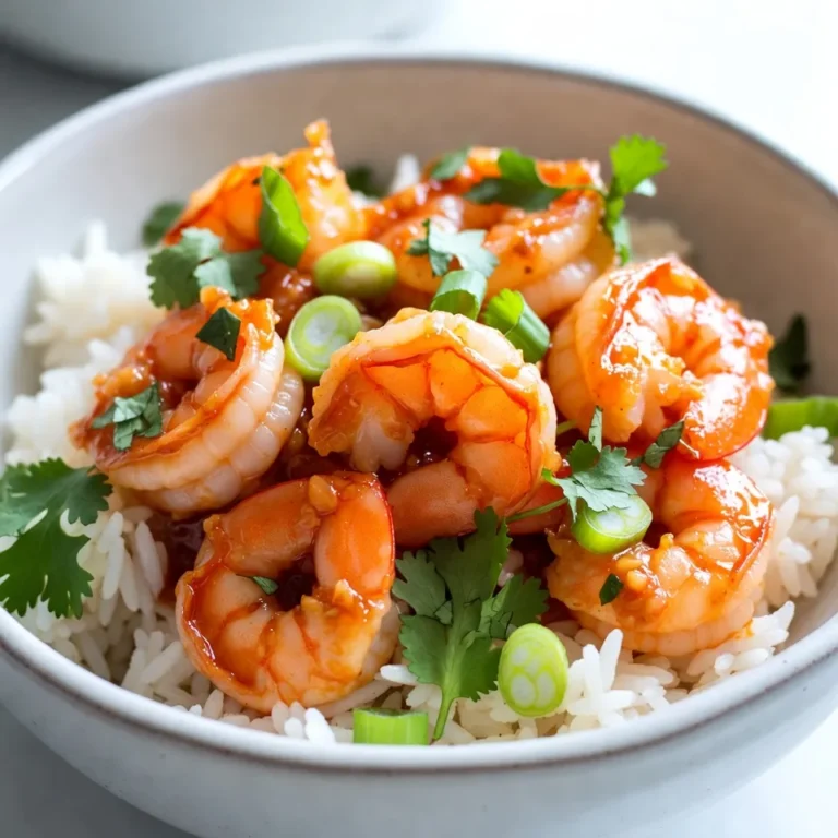 - 1 pound large shrimp, peeled and deveined - 2 tablespoons olive oil - 5 cloves garlic, finely minced - 1/4 cup sweet chili sauce - 1 tablespoon soy sauce - 1 tablespoon fresh lime juice - 1 teaspoon ginger, freshly grated - 1/4 teaspoon red pepper flakes (optional) - Salt and freshly ground black pepper to taste - 2 green onions, thinly sliced (for garnish) - A handful of fresh cilantro leaves (for garnish) For this sweet chili garlic shrimp, you need a few key ingredients. Start with one pound of large shrimp. Make sure they are peeled and deveined for easy cooking. Next, gather two tablespoons of olive oil. This gives your shrimp a nice base. You will also need five cloves of garlic. Mince them finely to release their flavor. The star of the dish is one-fourth cup of sweet chili sauce, which adds sweetness and spice. To balance that, you will need one tablespoon of soy sauce and one tablespoon of fresh lime juice. Adding one teaspoon of freshly grated ginger gives it a warm kick. If you like heat, consider adding one-fourth teaspoon of red pepper flakes. Lastly, season with salt and black pepper to taste. For a fresh finish, slice two green onions and chop a handful of cilantro leaves for garnish. These ingredients combine to create a dish that is both easy and delicious. You will love how they come together to make a tasty meal! {{ingredient_image_2}} First, grab a mixing bowl. In it, whisk together these ingredients: - 1/4 cup sweet chili sauce - 1 tablespoon soy sauce - 1 tablespoon fresh lime juice - 1 teaspoon freshly grated ginger - 1/4 teaspoon red pepper flakes (if you want some heat) Mix them well until they combine. This marinade brings lots of flavor to the dish. Set it aside for later. Now, heat 2 tablespoons of olive oil in a large skillet over medium-high heat. Wait until the oil shimmers. Add 5 finely minced garlic cloves and sauté them for about 30 seconds. You want the garlic to smell nice and golden, but not burnt. Next, add 1 pound of large shrimp to the skillet. Sprinkle salt and freshly ground black pepper on top. Cook the shrimp for 2-3 minutes on one side until they turn pink. Flip them over, then pour the marinade you made earlier over the shrimp. Cook for another 2-3 minutes. Stir occasionally until the shrimp are fully cooked and enjoy that delightful aroma. Once the shrimp are ready, take the skillet off the heat. Let the shrimp rest for about a minute. This helps the flavors blend together. When serving, garnish with thinly sliced green onions and fresh cilantro leaves. They add a nice touch and extra flavor. Enjoy your Sweet Chili Garlic Shrimp warm! To get shrimp just right, watch the cooking time. Shrimp cook fast, so don’t overdo it. Cook them for 2-3 minutes on one side. They will turn pink when ready. Flip them and pour on the marinade. Cook for another 2-3 minutes. This way, you keep them tender and juicy. If you want extra heat, use red pepper flakes. Start with 1/4 teaspoon. You can always add more if you like it spicy. Just remember, a little goes a long way! For a beautiful plate, serve the shrimp over steamed jasmine rice. This makes a soft base. You can also pair it with stir-fried veggies. They add color and crunch. Don’t waste any flavor! Use leftover sauce from the pan. Drizzle it over your shrimp before serving. This adds shine and taste to your dish. Enjoy the feast! Pro Tips Perfectly Cooked Shrimp: Cook the shrimp just until they turn pink and opaque. Overcooking will make them tough and rubbery. Customize the Heat: Adjust the red pepper flakes according to your spice preference. You can also add some fresh chopped chili for an extra kick! Marinate for More Flavor: For a deeper flavor, consider marinating the shrimp in the sauce for 15-30 minutes before cooking. Garnish Wisely: Fresh herbs like cilantro and green onions not only add flavor but also brighten the dish visually. Don't skip this step! {{image_4}} You can swap shrimp for chicken, tofu, or vegetables. Chicken adds heartiness, while tofu brings a plant-based option. Use vegetables like zucchini or mushrooms for a fresh twist. You can also change the sauce. Try spicy chili garlic for heat or peanut sauce for a creamy texture. Each swap gives a new taste and keeps dishes exciting. To enhance flavor, add fresh herbs like cilantro or parsley. These herbs brighten up the dish and add a fresh taste. Incorporating vegetables is another great option. Add bell peppers for sweetness or snap peas for crunch. This not only adds color but also boosts nutrition in your meal. To store your leftover Sweet Chili Garlic Shrimp, let it cool first. Place the shrimp in an airtight container. You should use the container within 2 to 3 days. Keep it in the fridge to keep it fresh. If you want to avoid sogginess, do not store it with rice or veggies. Reheating shrimp can be tricky. You want to keep it tender and juicy. The best method is to use a skillet. Heat your skillet over medium heat. Add a splash of water or oil to keep it moist. Cook for about 2 to 3 minutes, turning gently. You can also use the microwave, but be careful. Heat in short bursts, stirring in between. This helps avoid overcooking. Enjoy your shrimp warm for the best taste! Sweet chili garlic shrimp is a simple dish that combines shrimp with a sweet and spicy sauce. The main flavors come from sweet chili sauce, garlic, and lime juice. These ingredients blend well to create a tasty, sticky glaze. You will taste a mix of sweetness and heat from the chili sauce and red pepper flakes. The garlic adds depth and aroma. This dish is easy to prepare and perfect for a quick weeknight meal or to impress guests. You can tell shrimp are cooked when they turn pink and opaque. The shrimp will curl into a loose "C" shape. If they curl tightly into an "O" shape, they might be overcooked. Cooking shrimp usually takes about 2-3 minutes per side. Keep an eye on them as they cook, since they can go from perfect to rubbery quickly. Yes, you can make sweet chili garlic shrimp ahead of time. Cook the shrimp and store them in an airtight container in the fridge. They will keep for about 1-2 days. When you are ready to eat, heat them gently in a skillet. Avoid cooking them again for too long to keep them tender. You can also prep the marinade in advance to save time. This blog post covered everything to make sweet chili garlic shrimp. We started with a simple list of ingredients and how to prepare them. I provided easy steps for marinating and cooking your shrimp, plus tips for perfecting your dish. Remember, you can swap ingredients for variety and store leftovers correctly. You now have the tools to create a tasty meal that will impress anyone. Enjoy experimenting with your flavors and presentation!