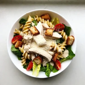 - Rotini pasta - Cooked chicken breast - Romaine lettuce - Cherry tomatoes - Parmesan cheese - Caesar dressing - Garlic powder - Salt and pepper - Optional: Croutons To make a Classic Chicken Caesar Pasta Salad, you need fresh and simple ingredients. This dish is all about balance. Each component adds a unique flavor and texture. First, let&rsquo;s start with rotini pasta. Its spiral shape holds the dressing well, making every bite tasty. You&rsquo;ll need two cups of rotini pasta. Next, add cooked chicken breast. Dice it into small pieces. I suggest one cup. It adds protein and heartiness to the salad. You can&rsquo;t forget romaine lettuce. You want one cup, chopped roughly. Romaine brings a crisp crunch to the dish. Now, grab cherry tomatoes. Halve them and use half a cup. Their sweetness pairs well with the savory flavors. For a cheesy kick, you&rsquo;ll need Parmesan cheese. Use about a quarter cup, grated. It adds creaminess and depth. The heart of this salad is the Caesar dressing. You&rsquo;ll need a quarter cup. It ties all the flavors together. A touch of garlic powder enhances the flavor. Just a quarter teaspoon will do. Lastly, season with salt and pepper to taste. These simple spices elevate the dish. If you like crunch, add optional croutons. A quarter cup adds a nice texture. Gather these ingredients, and you&rsquo;re ready to make a delicious salad! {{ingredient_image_2}} To cook rotini pasta, bring a pot of water to a boil. Add a pinch of salt for flavor. Toss in the rotini and cook for about eight to ten minutes. Check the pasta for doneness; it should be al dente. Once cooked, drain the pasta in a colander. After draining, cool the pasta by rinsing it under cold water. This stops the cooking process and cools the pasta quickly. Set it aside to ensure it is ready for the salad. Grab a large mixing bowl and add the cooled rotini pasta. Next, add one cup of cooked, diced chicken breast. Then toss in one cup of roughly chopped Romaine lettuce and half a cup of halved cherry tomatoes. Gently mix these ingredients together. You want everything to combine well, but be careful not to crush the lettuce or tomatoes. This gentle mixing keeps the salad fresh and crisp. In a small bowl, combine the Caesar dressing with a quarter teaspoon of garlic powder. Stir it well to blend the flavors. Taste the dressing and adjust the seasoning if needed. Add salt and pepper to your liking. Once the dressing is ready, pour it over the pasta salad. Gently toss the salad again so the dressing coats everything evenly. Finally, sprinkle in the quarter cup of grated Parmesan cheese. If you like some crunch, add optional croutons at this point. Mix everything lightly to distribute the croutons without breaking them. To make your chicken Caesar pasta salad shine, focus on flavor. Start by cooking the rotini pasta properly. Use a large pot of salted water and bring it to a boil. Cook the pasta until it is al dente, about 8-10 minutes. Drain it and rinse under cold water. This stops cooking and cools the pasta. Next, evenly mix your salad ingredients. Combine the cooked pasta, diced chicken, chopped romaine, and halved cherry tomatoes in a large bowl. Toss them gently to mix without breaking the pasta. This step ensures every bite has a taste of each ingredient. For the dressing, mix the Caesar dressing with garlic powder in a small bowl. Taste it and add salt and pepper to your liking. This personalized touch makes your dressing stand out. Pour it over the salad and toss again. You want every piece of pasta and chicken coated with flavor. Serving your salad well makes a big difference. Use a large, attractive bowl to show off your salad. This makes it look inviting and fresh. For added flair, garnish your dish with extra shavings of Parmesan. A sprinkle of croutons on top gives it a nice crunch. You can also drizzle a little more Caesar dressing over the salad. This adds visual appeal and extra flavor. Enjoy your meal! Pro Tips Cook Pasta Al Dente: Ensure your rotini pasta is cooked al dente for the best texture. It will hold up better in the salad and won't become mushy when mixed with the dressing. Cool Pasta Properly: After cooking the pasta, rinse it under cold water to stop the cooking process and cool it down quickly. This prevents the pasta from sticking together. Customize Your Protein: Feel free to substitute the chicken with grilled shrimp or even chickpeas for a vegetarian option, making this salad versatile for different dietary preferences. Add Fresh Herbs: Toss in some fresh basil or parsley for an added layer of flavor and freshness. It brightens up the salad and enhances its taste. {{image_4}} You can make your Classic Chicken Caesar Pasta Salad unique. Start by adding more vegetables. Try bell peppers, cucumbers, or even avocados for extra crunch and flavor. Mixing in peas or spinach adds color and nutrients, too. If you want to swap out the chicken, there are many protein substitutes. Grilled shrimp or salmon can add a nice touch. For a vegetarian option, use chickpeas or tofu. These options keep your meal tasty and interesting! Using a homemade Caesar dressing can elevate your salad. It's easy! Just blend garlic, anchovies, lemon juice, and olive oil. Add Parmesan for that classic flavor. You can also use store-bought dressings if you're short on time. If Caesar dressing isn&rsquo;t your thing, try alternatives like ranch or vinaigrette. Ranch gives a creamy texture, while vinaigrette adds a tangy flavor. Both pair well with the pasta and chicken, making it a versatile dish. To keep your chicken Caesar pasta salad fresh, store it in an airtight container. This will help prevent the salad from drying out or absorbing other smells in the fridge. Place the container in the refrigerator right after serving. Your salad will last for about 3 days in the fridge. After that, the flavors may fade, and the lettuce can become soggy. When you're ready to enjoy leftovers, take the salad out of the fridge. If it seems dry, add a bit more Caesar dressing to revive it. Mix it well so every bite is tasty. Avoid reheating this salad as it is best served cold. If you need to keep the texture crisp, add croutons just before serving. This keeps them crunchy and enhances the salad's flavor. Can I make this salad ahead of time? Yes, you can! This salad tastes great if you make it ahead. Just chill it in the fridge for about 30 minutes. This helps the flavors mix well. When you are ready to serve, give it a light toss. How do I make the salad more filling? To make the salad more filling, you can add more protein. Try using chickpeas or beans for a tasty twist. You can also add more pasta or some avocado for creaminess. What can I substitute for chicken? You have many options! If you want a vegetarian dish, use grilled tofu or roasted veggies. Cooked shrimp or salmon also work well if you like seafood. Is Caesar salad dressing gluten-free? It depends on the brand. Many store-bought Caesar dressings have gluten. Always check the label. If you want to be sure, you can make your own dressing at home. This way, you control the ingredients and keep it gluten-free. This Chicken Caesar Pasta Salad is simple and tasty. We explored the key ingredients, like rotini pasta and fresh veggies. You learned how to cook and prepare everything step-by-step. We also shared tips for perfecting the flavors and some fun variations to try. Storing leftovers was covered too, so you can enjoy it later. Remember, you can mix things up to fit your taste. Enjoy making this dish your own! Happy cooking!