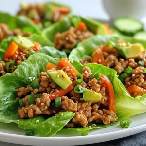 - 1 lb ground chicken - 1/4 cup teriyaki sauce - 2 tablespoons soy sauce - 1 tablespoon sesame oil - 1/2 cup carrots, finely diced - 1/2 cup red bell pepper, finely diced - 3 green onions, chopped - 1 clove garlic, minced - 1 tablespoon fresh ginger, minced - 1 head of butter or iceberg lettuce These ingredients create a delightful mix of flavors. The ground chicken provides protein. The teriyaki sauce adds a sweet and savory taste. Soy sauce enhances the umami. Sesame oil gives a nutty note. Carrots and red bell pepper add crunch and color. Garlic and ginger bring warmth and depth. - Sesame seeds for garnish - Thinly sliced cucumbers - Avocado slices Adding toppings makes your wraps even better. Sesame seeds add a nice crunch. Cucumber gives a fresh taste. Avocado adds creaminess. You can mix and match based on your taste. This makes each bite unique and fun. Homemade teriyaki sauce is simple to make. It often uses soy sauce, sugar, and ginger. This option lets you control the flavors and sweetness. Store-bought sauces are quick and convenient. They save time, especially during busy days. Choose what works best for you. Both options will taste great in your lettuce wraps. {{ingredient_image_2}} Start by gathering your ingredients. You will need: - 1 lb ground chicken - 1/4 cup teriyaki sauce - 2 tablespoons soy sauce - 1 tablespoon sesame oil - 1/2 cup carrots, finely diced - 1/2 cup red bell pepper, finely diced - 3 green onions, chopped - 1 clove garlic, minced - 1 tablespoon fresh ginger, minced - 1 head of butter or iceberg lettuce - Sesame seeds for garnish Make sure to wash the lettuce. This keeps it fresh and clean. Next, chop the carrots, bell pepper, green onions, garlic, and ginger. Set them aside for later. Heat a large skillet on medium heat. Add the sesame oil and let it warm for about a minute. When hot, add the minced garlic and ginger. Saut&eacute; for one minute until you smell their wonderful aroma. Now, add the ground chicken. Use a spatula to break it up into small pieces. Cook it for 5-7 minutes until it turns brown and is fully cooked. Stir often to ensure even cooking. Once the chicken is cooked, mix in the diced carrots and red bell pepper. Cook for another 3-4 minutes until the veggies are tender but still crispy. Finally, pour in the teriyaki sauce and soy sauce. Stir everything well so the flavors mix. Cook for an extra 2-3 minutes until it&rsquo;s heated through. Now, remove the skillet from the heat. To make the wraps, take a lettuce leaf and scoop some of the chicken mixture into the center. Make it a generous spoonful for a tasty bite! Garnish with chopped green onions and sprinkle sesame seeds on top. For an extra kick, add thinly sliced cucumbers and avocado. This will give your wraps a fresh touch. You can arrange the wraps on a colorful platter for a fun presentation. Enjoy your delicious teriyaki chicken lettuce wraps! To make your teriyaki chicken truly shine, use a balance of sauces. I mix store-bought teriyaki sauce with soy sauce. This gives a nice depth to the flavor. Fresh garlic and ginger are key too. They add a bright taste that wakes up the dish. You can also tweak the sweetness. If you like it sweeter, add a bit of honey or brown sugar. For a spicy kick, try adding red pepper flakes. This will add a nice heat to every bite. If you're making these wraps ahead of time, adjust your cooking time. Cook the chicken a bit less, about 4-5 minutes. This keeps it juicy when you reheat. Once you add the veggies and sauce, just heat until warm. Avoid overcooking to keep the flavors fresh. If you need to store it, place the chicken mixture in an airtight container. Keep the lettuce wraps separate until serving. This keeps the lettuce crisp and fresh. When serving, presentation is key. Use a bright platter to make your wraps pop. Arrange the lettuce wraps neatly for a fun look. Offer extra toppings on the side. Sliced cucumbers and avocado are great choices. Guests can customize their wraps to their liking. For added crunch, sprinkle some sesame seeds on top. This not only looks good but adds texture. Enjoy the fun of making your own wraps! Pro Tips Use Fresh Ingredients: Always opt for fresh vegetables and herbs to enhance the flavor and nutritional value of your wraps. Customize Your Sauce: Experiment with different brands or homemade teriyaki sauce to find the flavor that suits your taste best. Perfect the Cooking Time: Be mindful not to overcook the chicken; it should be juicy and tender, adding to the overall enjoyment of the dish. Serve Immediately: Lettuce wraps are best enjoyed fresh, so assemble them right before serving to maintain their crispness. {{image_4}} You can easily make these wraps vegetarian or vegan. Use crumbled tofu or tempeh instead of ground chicken. You want to season it with the same teriyaki sauce and soy sauce. This keeps the flavor strong. Add more veggies like mushrooms or zucchini for texture. You can also use chickpeas for protein. They bring a nice, nutty flavor. To make the dish gluten-free, choose a gluten-free soy sauce or tamari. This swap keeps the taste intact. For low-carb options, use lettuce leaves as wraps. Lettuce has fewer carbs than tortillas. You can also add shredded cabbage for crunch without the carbs. Want to kick up the flavor? Try adding crushed red pepper for heat. You can also mix in hoisin sauce for a sweet twist. For a fresh touch, add lime juice right before serving. Fresh herbs like cilantro or basil can brighten your wraps. Don't forget to sprinkle sesame seeds for that extra crunch and nutty flavor. Store leftover teriyaki chicken in an airtight container. Let it cool before sealing. You can keep it in the fridge for up to three days. If you want to save it longer, freeze it for up to three months. Just remember to label your container with the date. When ready to eat, take the chicken out of the fridge or freezer. If frozen, let it thaw overnight in the fridge. To reheat, place it in a skillet over medium heat. Stir it often until it&rsquo;s hot all the way through. If you want to microwave it, cover it and heat in short bursts, stirring in between. To keep your lettuce fresh, store it in a cool, dry place. Wrap the leaves in a damp paper towel and place them in a sealed bag. This helps maintain moisture without making the leaves soggy. Try to use the lettuce within a few days for the best crunch. Yes, you can use other meats. Ground turkey or pork works well. You can also use diced chicken breast. If you prefer beef, ground beef is a good choice too. Each type of meat brings a unique flavor. Just remember to adjust cooking times based on the meat you choose. To add heat, try using sriracha sauce. Mix a teaspoon into the teriyaki sauce. You can also add crushed red pepper flakes or fresh chili. For extra flavor, mix in some minced jalape&ntilde;os. Taste as you go to find your perfect spice level. If you want to switch from lettuce, try using cabbage leaves. They hold the filling well and add crunch. You can also use collard greens or Swiss chard for a fun twist. If you prefer a grain, try using whole grain wraps or tortillas. Each option gives a different taste and texture to your dish. Teriyaki chicken lettuce wraps are fun and easy to make. We covered main ingredients, optional toppings, and sauces. You learned how to prepare, cook, and assemble these tasty wraps. I shared tips for the best flavor and meal prep. We explored variations for different diets and how to store leftovers. In conclusion, enjoy your cooking and feel free to customize your wraps. Taste and creativity go hand in hand here!
