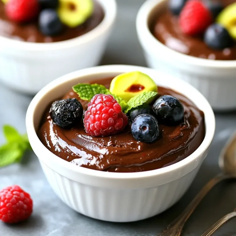 To make dark chocolate avocado mousse, gather these main ingredients: - 2 ripe avocados - 1/2 cup unsweetened dark cocoa powder - 1/3 cup maple syrup (adjust to taste) - 1/4 cup almond milk (or any plant-based milk) - 1 teaspoon vanilla extract - A pinch of sea salt You can add lovely garnishes to make your mousse shine: - Fresh berries - Mint leaves If you have specific dietary needs, here are some great swaps: - For nut allergies, use oat milk instead of almond milk. - If you want a sugar-free option, try using a sugar substitute like stevia. - Swap maple syrup for agave syrup for a different flavor. These swaps make the mousse enjoyable for everyone! {{ingredient_image_2}} Start by picking two ripe avocados. A ripe avocado feels slightly soft when you press it. Next, cut the avocados in half and carefully remove the pit. Scoop the creamy flesh into a food processor. Make sure you get every bit to keep the mousse smooth. Now it’s time to blend! Add the following ingredients to the food processor: - 1/2 cup unsweetened dark cocoa powder - 1/3 cup maple syrup - 1/4 cup almond milk - 1 teaspoon vanilla extract - A pinch of sea salt Blend until you have a rich and creamy texture. Stop to scrape down the sides of the bowl. This helps everything mix well. Taste your mousse. If you want it sweeter, add more maple syrup and blend again. Once blended, spoon the mousse into serving bowls or dessert glasses. Cover them with plastic wrap or lids. Place the bowls in the fridge for at least 30 minutes. This chilling time helps the flavors meld and the mousse firm up. Just before serving, add a fun touch with fresh berries and mint leaves. This makes your dessert even more tempting! To get that rich and creamy texture, use ripe avocados. The avocados should be soft but not mushy. When blending, stop to scrape down the sides. This ensures everything mixes well. Blend until it’s smooth, with no lumps. If it feels too thick, add a bit more almond milk. This helps reach the perfect consistency for your mousse. Taste your mousse before serving. If you want it sweeter, add more maple syrup. Blend again to mix it well. Start with a little, then add more if needed. Remember, the dark cocoa has a strong flavor. So, balance is key! Adjusting the sweetness can make it just right for your taste. Presentation can make your mousse shine. Use clear glass bowls to show off its creamy texture. Top with fresh berries for color and flavor. A sprig of mint adds a fresh touch. You can also dust cocoa powder on top for a fancy look. These small details make your dessert even more enjoyable! Pro Tips Choose Ripe Avocados: Make sure your avocados are perfectly ripe for the creamiest texture. They should yield slightly to gentle pressure when squeezed. Adjust Sweetness: Taste the mousse before chilling and feel free to adjust the sweetness with more maple syrup according to your preference. Chill Time Matters: Allowing the mousse to chill for at least 30 minutes helps the flavors meld and enhances the overall taste and texture. Garnish Creatively: Elevate the presentation by using fresh berries and mint leaves. A sprinkle of cocoa powder can also add a chic finish. {{image_4}} You can change flavors by swapping some ingredients. Instead of cocoa powder, try carob powder for a sweeter taste. You can also use dark chocolate chips. Melt them and mix them into the mousse for a richer flavor. If you want a fruity twist, add a tablespoon of peanut butter or almond butter. This gives the mousse a nutty taste that pairs well with chocolate. To add some crunch, mix in chopped nuts like walnuts or pecans. You can also fold in crushed graham crackers for a fun texture. If you want a lighter mousse, try folding in whipped coconut cream. This makes the mousse fluffy and airy. Fresh berries mixed in right before serving can add a burst of flavor and color. This mousse is easy to make vegan. Just use maple syrup as your sweetener, which is already in the recipe. For a sugar-free option, try monk fruit sweetener or stevia. These sweeteners work well and keep the mousse creamy. Always taste the mousse after you mix in the sweetener. This way, you can adjust it to your liking. To keep your dark chocolate avocado mousse fresh, start by covering it. Use plastic wrap or a tight lid. This helps avoid any strange odors from the fridge. Make sure the mousse is in the fridge within two hours of making it. This keeps it safe and tasty. The best containers for storing mousse are glass or BPA-free plastic. Glass containers are great because they do not absorb smells. They also let you see the mousse inside. If you use plastic, pick ones that are labeled as food-safe. Avoid using regular bowls without lids. They can let air in, which can spoil the mousse. Your mousse will stay fresh in the fridge for up to three days. After that, the texture may change. If you want to keep it longer, you can freeze the mousse. Pour it into an airtight container. It can last up to a month in the freezer. When you want to eat it, let it thaw in the fridge overnight. Avoid microwaving, as this can change its texture. Yes, you can use different types of cocoa powder. Dark cocoa powder gives a rich taste. You can also use regular cocoa powder if you want a milder flavor. Just keep in mind that the sweetness might change. Test it after blending to find your perfect mix. Yes, this mousse is vegan! It uses ripe avocados and plant-based milk. The maple syrup adds sweetness without any animal products. You can enjoy this dessert without worrying about dairy or eggs. To lower the calories, use less maple syrup. You can also swap almond milk for a lower-calorie option. Using less avocado can help too, but it may change the texture. Taste it as you go to find what works for you. This blog post guided you through making a delicious avocado mousse. We covered the main ingredients and tasty garnishes. You learned how to prepare, blend, chill, and serve the mousse. Tips helped you get the right texture and sweetness. You explored fun variations and learned how to store leftovers effectively. In closing, this simple yet versatile recipe will impress everyone. Enjoy experimenting with flavors and sharing with friends!