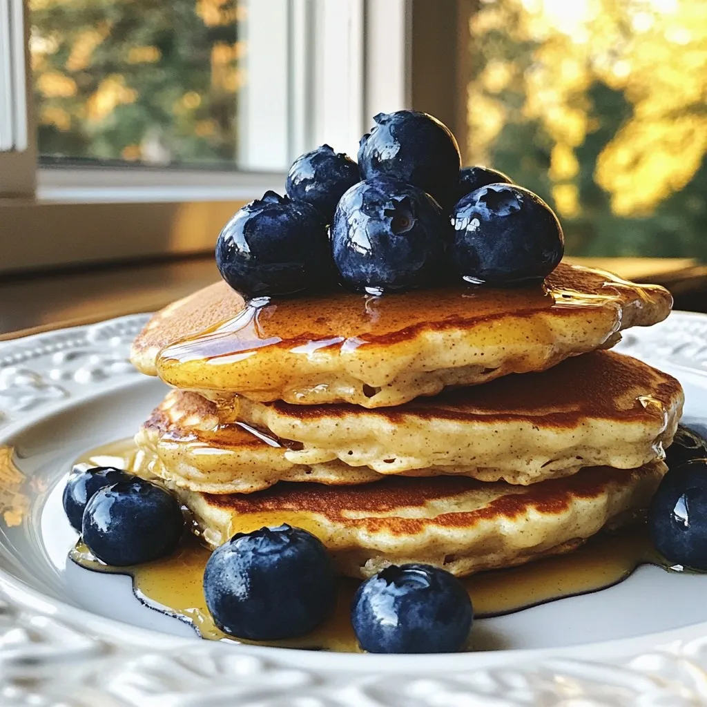 - 1 cup rolled oats - 1 ripe banana, thoroughly mashed - 1 cup milk (choose between dairy or non-dairy alternatives) - 1/2 cup fresh blueberries (reserve some for topping) - 1 tablespoon honey or maple syrup (optional for sweetness) - 1 teaspoon baking powder - 1/2 teaspoon ground cinnamon - 1/4 teaspoon salt - 1 tablespoon coconut oil (or butter) for cooking You can swap rolled oats with quick oats. Just remember, the texture may change slightly. If you don’t have a banana, try unsweetened applesauce. It adds moisture and sweetness. For milk, almond or oat milk works great. You can also skip sweeteners if your banana is very ripe. Each pancake has about 150 calories. They are rich in fiber and protein. Blueberries offer vitamins C and K, while bananas add potassium. The oats provide whole grains for energy. This meal is not just tasty; it’s good for your body too! {{ingredient_image_2}} First, take 1 cup of rolled oats. Place them in a blender or food processor. Blend on high speed until the oats become a fine flour. This oat flour is the base for your pancakes. It gives them a nice texture and flavor. In a large bowl, add the oat flour, 1 teaspoon of baking powder, 1/2 teaspoon of ground cinnamon, and 1/4 teaspoon of salt. Whisk these dry ingredients together until mixed. In another bowl, mash 1 ripe banana. Add 1 cup of milk and 1 tablespoon of honey or maple syrup if you want it sweeter. Mix until smooth. Pour this wet mix into the dry mix. Stir gently until just combined. It’s okay if some lumps remain. Now, fold in 1/2 cup of fresh blueberries carefully, so they don’t break. Heat a skillet over medium heat. Add 1 tablespoon of coconut oil and swirl to coat the surface. Use a measuring cup to pour about 1/4 cup of batter for each pancake. Cook for 2-3 minutes until bubbles form on top. Flip the pancakes and cook for another 2-3 minutes until golden brown. Repeat with the remaining batter, adding more oil as needed. Enjoy your pancakes topped with extra blueberries and a drizzle of syrup! To make perfect pancakes, keep these tips in mind: - Use fresh ingredients: Fresh blueberries and ripe bananas make a big difference. - Don’t overmix: Mix until just combined. A few lumps are fine. - Check the heat: Medium heat is best. Too hot can burn the pancakes. - Use the right pan: A non-stick skillet or griddle helps prevent sticking. - Flip at the right time: Wait for bubbles to form before flipping. Blueberries and bananas are not just tasty; they are healthy too! - Blueberries: High in antioxidants, they help protect your body from damage. They also support brain health. - Bananas: Full of potassium, they help regulate blood pressure. Their natural sugars provide quick energy. Together, these fruits make pancakes not only delicious but also nutritious. You can easily change the sweetness of your pancakes. Here’s how: - Use ripe bananas: The riper the banana, the sweeter the pancakes. - Add honey or maple syrup: Start with one tablespoon and adjust to taste. - Try spices: Cinnamon can add sweetness without sugar. - Add more fruit: Top with extra blueberries or sliced bananas to enhance sweetness. Pro Tips Use Ripe Bananas: The riper the banana, the sweeter and more flavorful your pancakes will be. Look for bananas with lots of brown spots for the best results. Customize Your Milk: Experiment with different types of milk, such as almond, oat, or soy, to find the flavor and texture you like best in your pancakes. Don’t Overmix: Stir the batter just until combined to keep the pancakes fluffy. A few lumps are perfectly fine! Keep Them Warm: If making multiple pancakes, keep them warm in a low oven (around 200°F or 90°C) while you cook the rest to ensure they stay fluffy and hot for serving. {{image_4}} You can easily make these pancakes vegan. Just swap the milk for a plant-based option. Almond milk or oat milk works great. Leave out honey and use maple syrup instead. This keeps the pancakes sweet and vegan-friendly. You still get the same fluffy texture and great taste. If you need gluten-free pancakes, this recipe is already a winner! Rolled oats are naturally gluten-free. Just make sure to choose certified gluten-free oats. This way, you avoid any cross-contamination. Your pancakes will be safe and delicious. Want to jazz up your pancakes? Here are some fun ideas: - Chopped nuts: Add walnuts or pecans for crunch. - Chocolate chips: Toss in some dark chocolate chips for a treat. - Spices: A pinch of nutmeg or vanilla can add warmth. - Zest: Grate some lemon or orange zest for a fresh pop. Feel free to mix and match these options. Each choice adds its own flair to the pancakes. Enjoy creating your perfect stack! To keep your leftover pancakes fresh, stack them on a plate. Place parchment paper between each pancake to avoid sticking. Then, cover the stack with plastic wrap or foil. Store them in the fridge for up to three days. This method keeps them moist and ready for a quick meal. Freezing pancakes is easy and great for meal prep. First, let the pancakes cool completely. Then, stack them with parchment paper in between. Place the stack in a freezer-safe bag. Squeeze out as much air as you can before sealing. You can freeze them for up to three months. When you’re ready to enjoy your pancakes, reheating is simple. For a quick method, use the microwave. Place a pancake on a microwave-safe plate and heat for 20-30 seconds. For a crispy finish, use a skillet. Heat each pancake on medium for about 1-2 minutes on each side. Enjoy your warm, fluffy pancakes! Yes, you can use frozen blueberries. They work well in the recipe. Just remember to add them straight from the freezer. Do not thaw them. This keeps your pancakes nice and fluffy. Frozen blueberries may burst while cooking, adding a lovely color to your pancakes. You have many options to substitute for milk. Almond milk, oat milk, or soy milk are great choices. You can even use water if needed. Each option will give a slightly different taste, but they all work well. Just choose what you enjoy most! To lower the calories, consider these tips: - Use less honey or maple syrup. - Skip the coconut oil for cooking or use a non-stick spray. - You can also reduce the oats slightly. These changes can help you enjoy a lighter pancake while still tasting great! In this blog post, we explored how to make delicious blueberry banana oat pancakes from scratch. We covered key ingredients, helpful tips, and ways to customize your pancakes. I showed you how to prepare the oat flour and mix your ingredients for the best outcome. Remember, these pancakes can be vegan or gluten-free too. Now, enjoy your new skills and get creative with flavors. With the right mix, you can make breakfast fun and healthy!