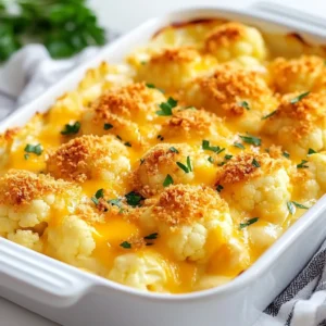 - 1 large head of cauliflower, cut into bite-sized florets - 1 cup shredded cheddar cheese, divided - 1/2 cup cream cheese, softened to room temperature - 1/4 cup sour cream - 1/2 cup milk (whole or low-fat) The main star of this dish is the cauliflower. It gives a satisfying bite and absorbs the creamy mix well. I love using fresh cauliflower florets. They add a nice texture to the bake. The cheddar cheese adds a rich flavor. It melts beautifully, making every bite gooey. Cream cheese and sour cream create a smooth, creamy base. This mix makes the bake rich and comforting. - 1 teaspoon garlic powder - 1 teaspoon onion powder - 1/2 teaspoon smoked paprika - Salt and black pepper to taste - 1/2 cup breadcrumbs (optional, for a crispy topping) Seasonings are key to flavor. Garlic powder and onion powder give a savory kick. Smoked paprika adds depth and warmth. Don&rsquo;t forget salt and black pepper to bring everything together. If you want crunch, breadcrumbs are a great choice. They give the top a golden crust that contrasts with the creamy inside. - Fresh parsley, finely chopped Garnish is not just for looks. Fresh parsley adds a pop of color and a fresh taste. It brightens up the dish and makes it more inviting. I recommend adding it just before serving. This simple touch elevates your cheesy cauliflower bake and makes it feel special. {{ingredient_image_2}} - Preheat the oven: Set your oven to 375&deg;F (190&deg;C). This helps the dish cook evenly. - Boil the cauliflower: Fill a large pot with water. Add salt and bring it to a boil. Carefully add the cauliflower florets. Cook for about 5-7 minutes. You want them tender but still firm. Drain them well and set aside. - Combine cream cheese, sour cream, and milk: In a medium bowl, mix the softened cream cheese, sour cream, and milk. Use a whisk to blend until smooth and creamy. - Stir in seasonings: Add garlic powder, onion powder, smoked paprika, salt, and black pepper. Mix until all spices are evenly mixed in. - Combine cauliflower with cream mixture: Gently fold the cooked cauliflower into the cream mixture. Make sure each floret is well coated. - Add cheese and optional breadcrumb topping: Pour the cauliflower and cream mix into a greased baking dish. Sprinkle half of the shredded cheddar cheese on top. Add the rest for extra cheesiness. - Bake until golden brown: Place the dish in the preheated oven. Bake for 20-25 minutes. Look for the cheese to be melted, bubbly, and golden brown. To make the best cheesy cauliflower bake, cook the cauliflower just right. Boil it for 5-7 minutes. Check it often. You want it tender but still firm. Overcooking makes it mushy. Next, taste your seasoning! Start with the recipe&rsquo;s amounts. Adjust salt and pepper if needed. A little more garlic powder or smoked paprika can add depth. Make it your own! Pair this bake with a fresh salad or roasted veggies. The crunch of a salad balances the creamy bake. You can also serve it with grilled chicken for protein. For an attractive dish, garnish it with fresh parsley. This adds color and flavor. Serve it right in the baking dish for a cozy feel. Everyone loves a dish that looks inviting! Want to save time? Prep the cauliflower a day ahead. Cut it into florets and store in the fridge. You can also mix the cream sauce in advance. Just keep it covered. When ready to bake, combine everything and pop it in the oven. This makes dinner easy and quick! Pro Tips Choose the Right Cauliflower: Opt for a large head of cauliflower that feels heavy for its size and has tightly packed florets. This ensures freshness and better texture in your bake. Customize the Cheese: While cheddar is classic, feel free to mix in other cheeses like Gruy&egrave;re or mozzarella for a unique flavor profile that enhances creaminess. Breadcrumb Variations: For a twist on the crispy topping, consider adding herbs or grated Parmesan to the breadcrumbs before sprinkling them on top for extra flavor. Rest Before Serving: Allow the bake to sit for about 5 minutes after removing it from the oven. This helps the layers set, making it easier to serve and enjoy! {{image_4}} You can make your cheesy cauliflower bake even better by adding more flavors. Try mixing in some fresh or cooked vegetables. Broccoli, spinach, or bell peppers work well. These veggies not only add color but also boost nutrition. If you want protein, consider adding cooked chicken or crispy bacon. Both options give the dish a hearty touch. Just chop them into small pieces and fold them into the creamy mixture before baking. Cheese is the star of this dish. But you can switch it up! Instead of cheddar, use mozzarella or gouda for a different taste. Each cheese brings a unique flavor and melt. For a plant-based option, try vegan cheese. Many brands offer great alternatives that melt well. Just look for one that fits your taste. This way, everyone can enjoy the bake! You can make this dish lighter without losing taste. Use low-fat cream cheese and milk. These swaps cut calories but keep the creaminess. For the topping, choose gluten-free breadcrumbs if you need a gluten-free dish. This way, you can enjoy the crunch without worry. These small changes help you enjoy your cheesy cauliflower bake while staying healthy! To keep your cheesy cauliflower bake fresh, place it in an airtight container. This method helps trap moisture and flavor. You can store it in the fridge for about three to four days. If you want to keep it longer, consider freezing it. When you are ready to enjoy leftovers, the best way to reheat is in the oven. Preheat your oven to 350&deg;F (175&deg;C). Place the bake in an oven-safe dish, cover it with foil, and warm it for about 15-20 minutes. This method keeps the texture nice and creamy. If you want to freeze it, wrap it tightly in plastic wrap and aluminum foil. It can last up to three months in the freezer. You can serve cheesy cauliflower bake cold, but it's best warm. Cold leftovers may taste different. The cheese won't have that lovely melt. If you want to try it cold, pair it with a fresh salad for a nice contrast. How long to bake cheesy cauliflower bake? You should bake the cheesy cauliflower bake for 20 to 25 minutes. This time allows the cheese to melt and bubble. Look for a golden brown top to know it&rsquo;s ready. Can I use frozen cauliflower? Yes, you can use frozen cauliflower. Just make sure to thaw it first. Drain any excess water to avoid a soggy dish. Is cheesy cauliflower bake healthy? Cheesy cauliflower bake can be healthy. It uses cauliflower, which is low in carbs and high in fiber. The dish contains cheese and cream, so enjoy in moderation. What are the calorie counts? A serving of cheesy cauliflower bake has about 250 calories. This can vary based on ingredients used, like cheese and cream amounts. Can you prep cheesy cauliflower bake in advance? Yes, you can prep it ahead. Assemble the dish and cover it. Store it in the fridge for up to 24 hours before baking. How to adjust cooking time if made ahead? If you prep it ahead, add about 10 minutes to the baking time. Bake until heated through and the cheese is bubbly. This blog post covers how to make a delicious cheesy cauliflower bake. We explored key ingredients, like cauliflower, cheddar, and cream cheese. I shared step-by-step cooking instructions and offered tips for perfecting the dish. Variations can enhance flavor, and I explained storage options to keep leftovers fresh. In closing, this recipe is fun and flexible. You can adjust it to fit your taste and needs. Enjoy making and sharing this tasty dish&mdash;it&rsquo;s sure to impress everyone.