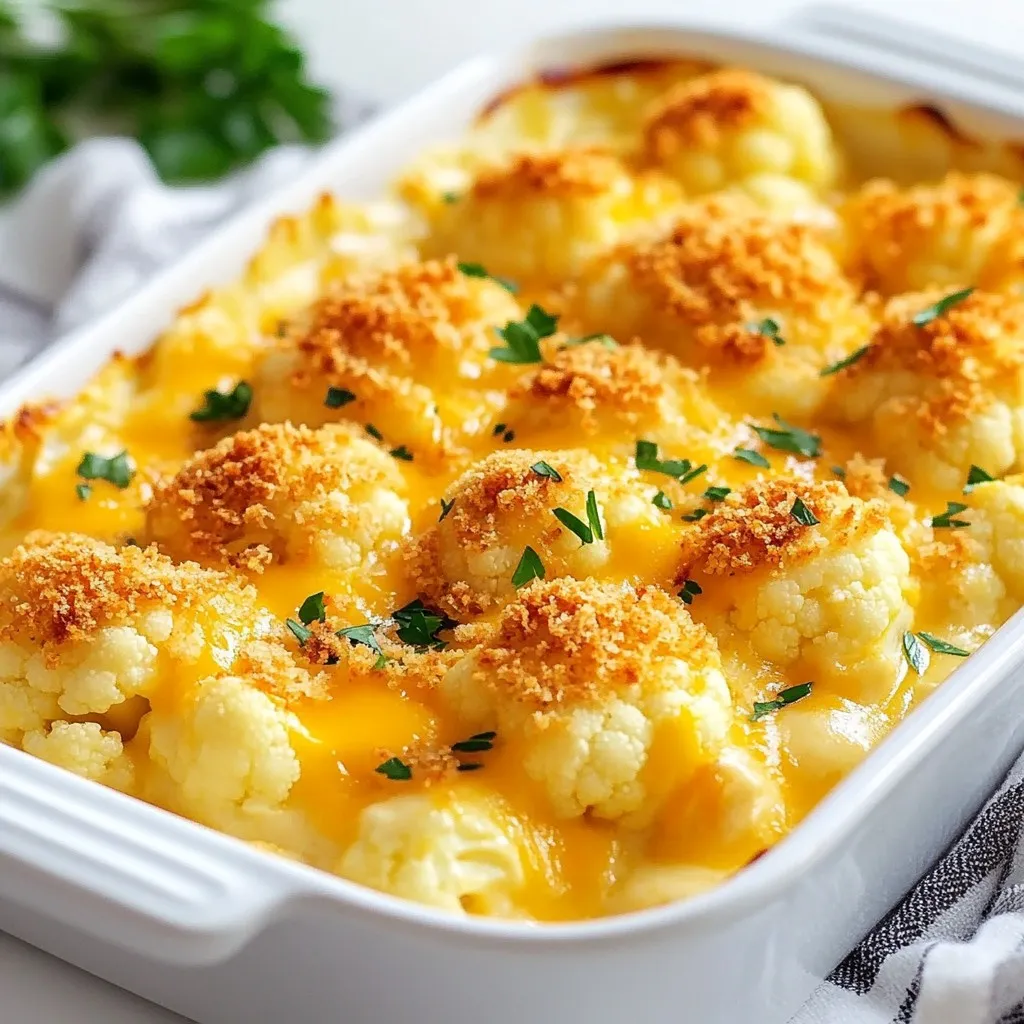 - 1 large head of cauliflower, cut into bite-sized florets - 1 cup shredded cheddar cheese, divided - 1/2 cup cream cheese, softened to room temperature - 1/4 cup sour cream - 1/2 cup milk (whole or low-fat) The main star of this dish is the cauliflower. It gives a satisfying bite and absorbs the creamy mix well. I love using fresh cauliflower florets. They add a nice texture to the bake. The cheddar cheese adds a rich flavor. It melts beautifully, making every bite gooey. Cream cheese and sour cream create a smooth, creamy base. This mix makes the bake rich and comforting. - 1 teaspoon garlic powder - 1 teaspoon onion powder - 1/2 teaspoon smoked paprika - Salt and black pepper to taste - 1/2 cup breadcrumbs (optional, for a crispy topping) Seasonings are key to flavor. Garlic powder and onion powder give a savory kick. Smoked paprika adds depth and warmth. Don’t forget salt and black pepper to bring everything together. If you want crunch, breadcrumbs are a great choice. They give the top a golden crust that contrasts with the creamy inside. - Fresh parsley, finely chopped Garnish is not just for looks. Fresh parsley adds a pop of color and a fresh taste. It brightens up the dish and makes it more inviting. I recommend adding it just before serving. This simple touch elevates your cheesy cauliflower bake and makes it feel special. {{ingredient_image_2}} - Preheat the oven: Set your oven to 375°F (190°C). This helps the dish cook evenly. - Boil the cauliflower: Fill a large pot with water. Add salt and bring it to a boil. Carefully add the cauliflower florets. Cook for about 5-7 minutes. You want them tender but still firm. Drain them well and set aside. - Combine cream cheese, sour cream, and milk: In a medium bowl, mix the softened cream cheese, sour cream, and milk. Use a whisk to blend until smooth and creamy. - Stir in seasonings: Add garlic powder, onion powder, smoked paprika, salt, and black pepper. Mix until all spices are evenly mixed in. - Combine cauliflower with cream mixture: Gently fold the cooked cauliflower into the cream mixture. Make sure each floret is well coated. - Add cheese and optional breadcrumb topping: Pour the cauliflower and cream mix into a greased baking dish. Sprinkle half of the shredded cheddar cheese on top. Add the rest for extra cheesiness. - Bake until golden brown: Place the dish in the preheated oven. Bake for 20-25 minutes. Look for the cheese to be melted, bubbly, and golden brown. To make the best cheesy cauliflower bake, cook the cauliflower just right. Boil it for 5-7 minutes. Check it often. You want it tender but still firm. Overcooking makes it mushy. Next, taste your seasoning! Start with the recipe’s amounts. Adjust salt and pepper if needed. A little more garlic powder or smoked paprika can add depth. Make it your own! Pair this bake with a fresh salad or roasted veggies. The crunch of a salad balances the creamy bake. You can also serve it with grilled chicken for protein. For an attractive dish, garnish it with fresh parsley. This adds color and flavor. Serve it right in the baking dish for a cozy feel. Everyone loves a dish that looks inviting! Want to save time? Prep the cauliflower a day ahead. Cut it into florets and store in the fridge. You can also mix the cream sauce in advance. Just keep it covered. When ready to bake, combine everything and pop it in the oven. This makes dinner easy and quick! Pro Tips Choose the Right Cauliflower: Opt for a large head of cauliflower that feels heavy for its size and has tightly packed florets. This ensures freshness and better texture in your bake. Customize the Cheese: While cheddar is classic, feel free to mix in other cheeses like Gruyère or mozzarella for a unique flavor profile that enhances creaminess. Breadcrumb Variations: For a twist on the crispy topping, consider adding herbs or grated Parmesan to the breadcrumbs before sprinkling them on top for extra flavor. Rest Before Serving: Allow the bake to sit for about 5 minutes after removing it from the oven. This helps the layers set, making it easier to serve and enjoy! {{image_4}} You can make your cheesy cauliflower bake even better by adding more flavors. Try mixing in some fresh or cooked vegetables. Broccoli, spinach, or bell peppers work well. These veggies not only add color but also boost nutrition. If you want protein, consider adding cooked chicken or crispy bacon. Both options give the dish a hearty touch. Just chop them into small pieces and fold them into the creamy mixture before baking. Cheese is the star of this dish. But you can switch it up! Instead of cheddar, use mozzarella or gouda for a different taste. Each cheese brings a unique flavor and melt. For a plant-based option, try vegan cheese. Many brands offer great alternatives that melt well. Just look for one that fits your taste. This way, everyone can enjoy the bake! You can make this dish lighter without losing taste. Use low-fat cream cheese and milk. These swaps cut calories but keep the creaminess. For the topping, choose gluten-free breadcrumbs if you need a gluten-free dish. This way, you can enjoy the crunch without worry. These small changes help you enjoy your cheesy cauliflower bake while staying healthy! To keep your cheesy cauliflower bake fresh, place it in an airtight container. This method helps trap moisture and flavor. You can store it in the fridge for about three to four days. If you want to keep it longer, consider freezing it. When you are ready to enjoy leftovers, the best way to reheat is in the oven. Preheat your oven to 350°F (175°C). Place the bake in an oven-safe dish, cover it with foil, and warm it for about 15-20 minutes. This method keeps the texture nice and creamy. If you want to freeze it, wrap it tightly in plastic wrap and aluminum foil. It can last up to three months in the freezer. You can serve cheesy cauliflower bake cold, but it's best warm. Cold leftovers may taste different. The cheese won't have that lovely melt. If you want to try it cold, pair it with a fresh salad for a nice contrast. How long to bake cheesy cauliflower bake? You should bake the cheesy cauliflower bake for 20 to 25 minutes. This time allows the cheese to melt and bubble. Look for a golden brown top to know it’s ready. Can I use frozen cauliflower? Yes, you can use frozen cauliflower. Just make sure to thaw it first. Drain any excess water to avoid a soggy dish. Is cheesy cauliflower bake healthy? Cheesy cauliflower bake can be healthy. It uses cauliflower, which is low in carbs and high in fiber. The dish contains cheese and cream, so enjoy in moderation. What are the calorie counts? A serving of cheesy cauliflower bake has about 250 calories. This can vary based on ingredients used, like cheese and cream amounts. Can you prep cheesy cauliflower bake in advance? Yes, you can prep it ahead. Assemble the dish and cover it. Store it in the fridge for up to 24 hours before baking. How to adjust cooking time if made ahead? If you prep it ahead, add about 10 minutes to the baking time. Bake until heated through and the cheese is bubbly. This blog post covers how to make a delicious cheesy cauliflower bake. We explored key ingredients, like cauliflower, cheddar, and cream cheese. I shared step-by-step cooking instructions and offered tips for perfecting the dish. Variations can enhance flavor, and I explained storage options to keep leftovers fresh. In closing, this recipe is fun and flexible. You can adjust it to fit your taste and needs. Enjoy making and sharing this tasty dish—it’s sure to impress everyone.