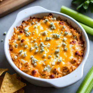 To make a tasty buffalo chicken dip, you need these key items: - 2 cups cooked chicken, shredded (rotisserie works best) - 1 (8 oz) package cream cheese, softened - 1/2 cup plain Greek yogurt - 1/2 cup buffalo sauce (adjust for spice) - 1/2 cup shredded sharp cheddar cheese - 1 teaspoon garlic powder - 1 teaspoon onion powder - Salt and black pepper to taste These ingredients create a creamy, spicy, and rich dip that everyone loves. You can add extra flavors with these optional items: - 1/4 cup blue cheese crumbles (great for tang) - Chopped green onions (for freshness) - A squeeze of lemon juice (for brightness) These additions can make your dip even more exciting and tasty. If you have dietary needs, here are some swaps you can use: - Substitute cream cheese with dairy-free cream cheese for a vegan option. - Use shredded tofu or chickpeas instead of chicken for a vegetarian dip. - Swap Greek yogurt for a dairy-free yogurt to keep it vegan. These simple swaps help everyone enjoy the dip while keeping their diets in mind. {{ingredient_image_2}} Start by cooking your chicken. I like to use rotisserie chicken. It adds a nice flavor. Shred the chicken into small pieces. In a large bowl, mix the softened cream cheese and Greek yogurt. Use a whisk or mixer to blend them well. Add in the buffalo sauce, garlic powder, onion powder, salt, and black pepper. Stir until it is smooth and creamy. Now, gently fold in the shredded chicken and cheddar cheese. If you love blue cheese, add it now for extra tang. Preheat your oven to 350&deg;F (175&deg;C). This helps the dip bake evenly. Transfer your chicken mixture to a lightly greased baking dish. Spread it out flat with a spatula. Bake the dip for 20 to 25 minutes. You want it to be hot and bubbly. Look for a light golden color around the edges. This means it&rsquo;s just right! After baking, let it cool for a few minutes. Buffalo chicken dip is best served warm. I love pairing it with crispy tortilla chips. Crunchy celery sticks are also a great choice. They add a nice crunch and balance the heat. If you want, you can garnish with extra blue cheese or green onions. This adds a pop of color and flavor. Enjoy sharing this dip at parties or game day! To get the best flavor for your buffalo chicken dip, choose high-quality ingredients. Use rotisserie chicken for a rich taste. The creamy base of cream cheese and Greek yogurt gives a nice tang. Adjust the buffalo sauce to match your spice level. Mixing garlic powder and onion powder adds depth. If you like blue cheese, add it for extra zing. Always taste as you mix and adjust seasoning to your liking. You can prepare this dip ahead of time. Mix all the ingredients in a bowl, then store it in the fridge. Keep it covered to avoid drying out. Bake it just before serving for a warm dip. You can also freeze it. Just thaw overnight in the fridge before baking. This way, you save time and still enjoy a fresh taste. Buffalo chicken dip pairs well with many dippers. Tortilla chips are a classic choice. They add crunch and hold the dip nicely. Fresh celery sticks offer a crisp contrast. Carrot sticks are another good option for a sweet flavor. You can even use pita chips for a unique twist. Try different dippers to find your favorite combination! Pro Tips Use Rotisserie Chicken: Opt for rotisserie chicken for a deeper flavor and added moisture in your dip. Adjust Spice Levels: Modify the amount of buffalo sauce to suit your heat preference; start with less and add more if needed. Experiment with Cheeses: Try mixing different cheeses like pepper jack or Monterey jack for a unique twist on the traditional flavor. Keep It Warm: If serving at a party, use a slow cooker on low heat to keep the dip warm and gooey throughout the event. {{image_4}} If you love heat, add more buffalo sauce. You can also mix in chopped jalape&ntilde;os for a kick. This extra spice makes the dip even more thrilling. Just adjust the sauce to suit your taste. I often use a spicy sauce blend for more flavor. Remember to keep a glass of cold drink nearby! For a twist, try using ranch dressing instead of buffalo sauce. This gives your dip a creamy, herby taste. Mix in a bit of ranch seasoning for extra flavor. You can still add shredded chicken and cheese. This variation is great for those who prefer milder flavors. Serve it with veggies for a fresh crunch. You can make a tasty vegetarian version too! Substitute the chicken with shredded jackfruit or chickpeas. These options give you the same texture. Use the same creamy base and buffalo sauce for flavor. This dip is perfect for parties, and everyone will love it. Pair it with tortilla chips or fresh veggies for a fun snack. After enjoying your buffalo chicken dip, store any leftovers in the fridge. Use an airtight container for the best results. This dip stays fresh for about 3 to 5 days. Make sure to let it cool down first. Keeping it covered helps to lock in its great taste. You can freeze buffalo chicken dip if you want to save it for later. Place the dip in a freezer-safe container. Leave some space at the top for expansion. It can last up to 3 months in the freezer. When you&rsquo;re ready to eat it, just thaw it in the fridge overnight. To reheat your buffalo chicken dip, preheat your oven to 350&deg;F (175&deg;C). Place the dip in an oven-safe dish. Heat it for about 15 to 20 minutes. Stir it halfway through to warm it evenly. You can also use a microwave. Heat in short bursts, stirring in between. This way, you keep the dip creamy and delicious. Enjoy! You can serve Buffalo Chicken Dip with a variety of sides. Tortilla chips are a classic choice. They add a nice crunch. Fresh celery sticks are also great. They bring a cool contrast to the dip's heat. Carrot sticks or cucumber slices work well too. You can even use pita bread for dipping. These sides make the dip fun to enjoy. Yes, you can easily make Buffalo Chicken Dip in a slow cooker. Just mix all the ingredients in the slow cooker. Set it on low for about 2-3 hours. Stir it occasionally to keep it creamy. You can also use the high setting for 1-1.5 hours. This method is great for parties. It keeps the dip warm and ready to serve. To adjust the spice level in Buffalo Chicken Dip, you can change the amount of buffalo sauce. If you want less heat, use less sauce. You can also add some cream cheese or yogurt to tone it down. For more heat, add extra buffalo sauce or some hot sauce. Taste as you go to find your perfect level. This way, everyone can enjoy the dip just how they like it. Buffalo chicken dip is a fun and tasty dish for any gathering. We covered the key ingredients, from the essentials to tasty alternatives. I shared simple steps for preparation, baking, and serving to ensure the best texture. We explored tips for flavor and variation, keeping everyone&rsquo;s taste in mind. Lastly, I provided storage advice to keep your dip fresh. Making this dip is easy, delicious, and sure to impress your guests. Now, you&rsquo;re ready to create your own perfect Buffalo chicken dip! Enjoy every bite!