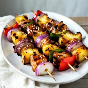 - 1 lb boneless chicken thighs, cut into 1-inch pieces - 1 cup pineapple chunks, fresh or canned - 1 bell pepper, red or yellow, cut into 1-inch squares - 1 small red onion, cut into wedges - 1/4 cup low-sodium soy sauce - 2 tablespoons honey or maple syrup - 2 tablespoons rice vinegar - 1 tablespoon sesame oil - 2 cloves garlic, minced - 1 teaspoon fresh ginger, grated - Sesame seeds, toasted, for garnish - Skewers (wooden or metal; soak wooden ones for 30 minutes) {{ingredient_image_2}} To start, soak your wooden skewers in water for at least 30 minutes. This step helps prevent them from burning on the grill. If you're using metal skewers, you can skip this. Next, it's time to assemble the skewers. Alternate threading the chicken, pineapple chunks, bell pepper squares, and red onion wedges. Aim for 3-4 pieces of chicken per skewer. This not only looks good but also adds flavor. Mix the marinade in a medium bowl. Whisk together the low-sodium soy sauce, honey or maple syrup, rice vinegar, sesame oil, minced garlic, and grated ginger. Once mixed, add the chicken pieces. Stir until the chicken is well-coated. Cover the bowl and let it marinate for at least 30 minutes at room temperature. For even better taste, refrigerate for up to 2 hours. Now, preheat your grill or grill pan over medium-high heat. Lightly oil the grill grates to stop the skewers from sticking. Place the skewers on the hot grill and cook for about 5-7 minutes on each side. The chicken should reach an internal temperature of 165&deg;F (75&deg;C). Brush with any leftover marinade to add flavor and moisture. Keep an eye on them to avoid burning. To enjoy perfect Teriyaki Chicken Pineapple Skewers, keep these tips in mind: - How to prevent sticking: Lightly oil your grill grates before cooking. This helps keep the skewers from sticking. You can use a paper towel dipped in oil, held with tongs, to coat the grates. - Monitoring for doneness: Cook the skewers for about 5-7 minutes on each side. Check the chicken&rsquo;s internal temperature. It should reach 165&deg;F (75&deg;C). This ensures it's safe to eat and perfectly juicy. Make your Teriyaki Chicken Pineapple Skewers look as good as they taste: - Presentation ideas: Place skewers on a large platter with chopped cilantro or parsley. The green adds a nice pop of color. You can also arrange them in a circle or stack them for a fun look. - Complementary side dishes: Serve these skewers with fluffy steamed rice or a fresh salad. You can also add a side of grilled vegetables for an extra flavor boost. Spice up your skewers with these ideas: - Adjusting sweetness and tang: If you like it sweeter, add more honey or maple syrup. For more tang, increase the rice vinegar. Taste your marinade before adding the chicken to get it just right. - Adding extra spices: Want a kick? Sprinkle some red pepper flakes or add a pinch of smoked paprika to the marinade. This will give your skewers an extra layer of flavor that will impress everyone. Pro Tips Choose Fresh Ingredients: Opt for fresh pineapple and vibrant bell peppers for the best flavor and presentation. Fresh produce elevates the dish significantly. Marinate for Maximum Flavor: Allow the chicken to marinate for at least 30 minutes, but for deeper flavor, marinating for up to 2 hours in the refrigerator is ideal. Watch Your Cooking Time: Keep an eye on the skewers while grilling as cooking times can vary. Aim for a perfect internal temperature of 165&deg;F (75&deg;C) for juicy chicken. Add a Spicy Kick: If you enjoy heat, consider adding a splash of sriracha or red pepper flakes to the marinade for a spicy twist to your teriyaki skewers. {{image_4}} You can easily swap the chicken for shrimp or tofu. Shrimp cooks quickly and absorbs flavors well. Tofu is a great plant-based choice. If you use shrimp, look for large ones. They will stay juicy on the grill. For tofu, choose firm or extra-firm varieties. Marinate both shrimp and tofu just like the chicken. This step makes sure they are tasty. Feel free to mix in seasonal veggies. Zucchini or cherry tomatoes work great. You can slice zucchini into rounds or half the tomatoes. These add color and flavor to your skewers. Try bell peppers in different colors for a vibrant look. You can also use mushrooms for an earthy taste. The key is to pick fresh, in-season veggies for the best flavor. You can change up the sauce for a new twist. Try teriyaki sauce with a spicy kick by adding chili paste. You can also use a sweet and sour sauce for a different flavor. If you want a smoky taste, add some barbecue sauce. Each sauce gives your skewers a unique taste. Experiment and find your favorite! To keep your Teriyaki Chicken Pineapple Skewers fresh, store them in an airtight container. Place the skewers in the fridge as soon as you finish eating. This helps prevent spoilage. Aim to eat leftovers within 3 days. After that, the chicken may lose flavor and texture. When reheating, I recommend using the oven or a skillet. These methods help keep the skewers juicy. Preheat your oven to 350&deg;F (175&deg;C) and bake for about 10-15 minutes. If using a skillet, heat it over medium. Add a splash of water to keep moisture. Cook for about 5-7 minutes, turning gently. You can freeze these skewers if you want to save some for later. However, it's best to freeze them uncooked. This keeps the chicken and vegetables fresh. Wrap them tightly in plastic wrap and place them in a freezer bag. For cooked skewers, freeze them in a similar way but use them within 2 months for best taste. You should marinate the chicken for at least 30 minutes. This gives the chicken time to soak up the flavors. For even better taste, you can marinate it in the fridge for up to 2 hours. The longer you marinate, the richer the flavor. Yes, you can use canned pineapple chunks. However, fresh pineapple gives a better taste and texture. Canned pineapple may be softer and sweeter. If you choose canned, look for those packed in juice, not syrup. This keeps the flavor bright without adding extra sugar. The ideal internal temperature for chicken is 165&deg;F (75&deg;C). This ensures the chicken is safe to eat. Use a meat thermometer to check. Cook the chicken until it reaches this temperature, and you will have juicy, safe, and tasty skewers. This blog post outlined a tasty way to make skewers using chicken, pineapple, and veggies. You can enhance flavors with a simple marinade for delicious results. Remember to soak wooden skewers and monitor grill doneness for the best texture. Feel free to get creative with proteins and seasonal veggies. Proper storage can keep your leftovers fresh for later meals. Enjoy your grilling and share these tips with friends for a fun cookout!