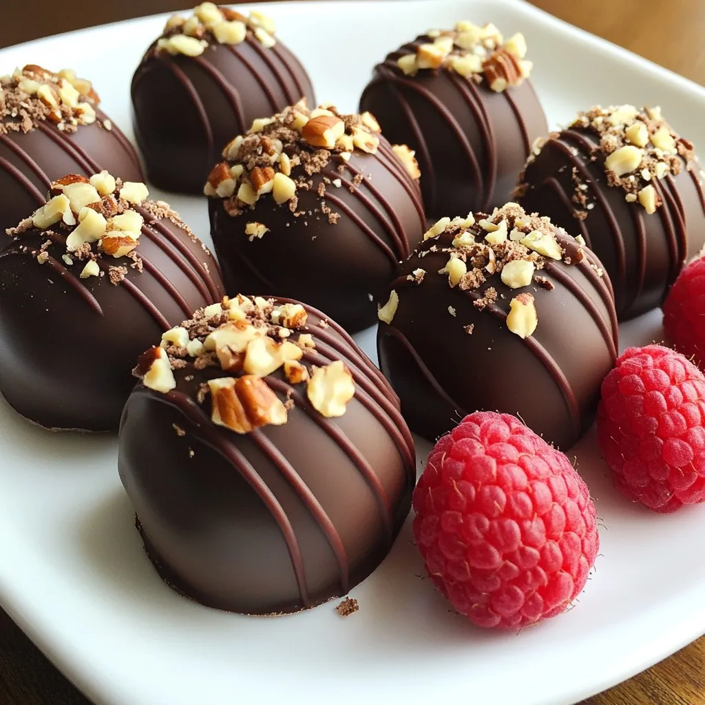 - Fresh raspberries - Heavy cream - Dark chocolate (70% cocoa or higher) - Unsalted butter - Vanilla extract - Coating options (finely chopped nuts or shredded coconut) - Sea salt You need simple yet quality ingredients to make these truffles shine. The fresh raspberries give a bright taste. Heavy cream adds richness. Dark chocolate is key for that deep flavor. I recommend chocolate with at least 70% cocoa. This cocoa content makes the truffles taste more intense. Unsalted butter helps create a smooth texture. Vanilla extract adds warmth and depth to the mix. For coatings, choose finely chopped nuts like almonds or hazelnuts. Shredded coconut is also a great option. It adds a fun twist. Finally, a pinch of sea salt enhances all the flavors. Gather these ingredients before you start. This way, you will have everything ready. Each element plays an important role in making your chocolate covered raspberry truffles a treat everyone will love. {{ingredient_image_2}} To start, rinse your fresh raspberries under cold water. This helps remove any dirt or debris. Next, place the rinsed raspberries in a blender. Blend until they become a smooth mixture. Now, take a fine mesh sieve and strain the purée into a bowl. Use a spatula to press down on the mixture. This helps get rid of the seeds, leaving you with a smooth raspberry purée. Set this aside for later. Next, pour the heavy cream into a small saucepan. Place it over medium heat and stir it gently as it warms. Watch closely for a gentle simmer. Be careful not to let it boil. If it boils, it can change the cream's texture. Simmering is key to keeping it smooth. Once the cream starts to simmer, remove the pan from the heat. Add the finely chopped dark chocolate and unsalted butter to the warm cream. Let it sit for about 30 seconds. This short wait helps the chocolate soften. After that, stir gently until the chocolate melts completely. The mixture should look smooth and glossy. Now it’s time to add flavor. Fold the raspberry purée into the melted chocolate mixture. Also, add the vanilla extract. Stir well until everything is mixed. The vibrant color of the raspberries should blend beautifully with the dark chocolate. To enhance the taste, add a pinch of sea salt and mix again. After mixing, transfer the chocolate-raspberry mixture to a shallow dish. Spread it evenly and cover it with plastic wrap. Place it in the refrigerator for 2-3 hours. This chilling helps it firm up. Once set, scoop out small portions using a melon baller or teaspoon. Roll each scoop between your hands to form smooth balls. For coating, pour finely chopped nuts or shredded coconut onto a plate. Roll each truffle in the coating, ensuring all sides are covered. This adds a nice crunch and flavor. After coating, place the truffles on a lined baking sheet. Return them to the refrigerator for another 30 minutes. This final chilling helps the coating stick and firms up the truffles. Once chilled, they're ready to serve. Enjoy your delightful chocolate-covered raspberry truffles! To make the best chocolate raspberry truffles, chilling is key. After mixing the chocolate and raspberry purée, chill the mixture for 2 to 3 hours. This helps it firm up. If the mixture is too soft, it will be hard to shape into truffles. After chilling, use a melon baller or spoon to scoop the mixture. Work quickly to avoid melting it with your hands. For a beautiful display, arrange your truffles on a decorative plate. You can dust them with cocoa powder or extra chopped nuts. This adds a nice touch. You might also add fresh raspberries next to the truffles for color. This not only looks great but also adds freshness to each bite. One common mistake is overheating the chocolate. If the chocolate gets too hot, it can become grainy. Always melt it gently with the cream. Another mistake is making truffles in uneven sizes. Try to scoop and roll them consistently. This way, they cook evenly and look nice on the plate. Pro Tips Use Quality Chocolate: The flavor of your truffles will greatly depend on the quality of chocolate you use. Opt for a good quality dark chocolate with at least 70% cocoa for the richest taste. Experiment with Coatings: While nuts and coconut are classic choices, feel free to get creative! Try rolling the truffles in crushed graham crackers, matcha powder, or even edible gold leaf for a luxurious touch. Ensure Proper Chilling: Allowing the truffle mixture to chill thoroughly is crucial for easy handling. If it’s too soft, place it back in the fridge for a few more minutes before rolling. Serve at Room Temperature: For the best flavor and texture, let the truffles sit at room temperature for about 10-15 minutes before serving. This will enhance their creaminess and overall tasting experience. {{image_4}} You can make these truffles even more fun by adding different flavors. Here are a few ideas: - Almond Extract: Swap vanilla for almond extract. It adds a lovely nutty taste. - Mint Extract: Use mint extract for a refreshing twist. It pairs well with chocolate. - Citrus Zest: Add lemon or orange zest for a bright, zesty flavor. Just a little goes a long way! Want a healthier treat? You have options! - Coconut Cream: Use coconut cream instead of heavy cream. It gives a rich taste with less fat. - Low-Sugar Chocolate: Look for dark chocolate with less sugar. You can still enjoy great taste without the extra sugar. The coating can change the whole look and taste of your truffles. Here are some fun ideas: - Chopped Nuts: Try using walnuts or pecans for a different crunch. - Sprinkles: Use colorful sprinkles or edible glitter for a festive touch. - Cocoa Powder: Roll truffles in cocoa powder for a classic finish. Feel free to mix and match these ideas to find your favorite flavor! To keep your chocolate covered raspberry truffles fresh, store them in the fridge. Place them in an airtight container. This helps to keep out moisture and odors. Make sure they are not packed too tightly, as this can ruin their shape. If you’re stacking them, add layers of parchment paper between the truffles. This will help them stay intact and looking nice. You can also freeze these truffles. To do this, first, let them chill in the fridge for 30 minutes. Then, place them on a baking sheet in a single layer. Freeze them for about 2 hours until they are firm. After that, transfer the truffles to a freezer-safe container. Make sure to separate layers with parchment paper again. They can stay in the freezer for up to three months. In the fridge, these truffles will stay fresh for about one week. If you freeze them, they last longer. You can enjoy them for up to three months. Just remember, the taste is best when they are fresh. So, try to eat them within the first few weeks for the best flavor and texture. Yes, you can use frozen raspberries. However, there are some things to keep in mind. Frozen raspberries may have more water than fresh ones. This extra moisture can change the texture of your truffles. To fix this, you can thaw them and drain any excess liquid. This will help keep your truffles firm and tasty. To keep your truffles from being too soft, follow a few simple tips. First, make sure to chill the mixture well before rolling it. A good chill time is 2-3 hours. If the mixture is too soft, you can chill it longer. When rolling the truffles, make sure your hands are dry. This helps them hold their shape better. I recommend using dark chocolate with at least 70% cocoa. This gives your truffles a rich flavor. You can also try semisweet or milk chocolate if you prefer something sweeter. Just remember that the type of chocolate will change the taste of your truffles. Yes, you can make these truffles ahead of time. They store well in the fridge for about a week. Just put them in an airtight container to keep them fresh. If you want to make them even earlier, you can freeze them. Just remember to let them thaw in the fridge before serving. This article guided you through making delightful raspberry truffles. You learned about the key ingredients, step-by-step instructions, and essential tips for perfect texture. I also shared fun flavor variations and storage options to keep them fresh. Remember to avoid common mistakes like overheating chocolate. With practice, you can impress friends and family with these treats. Enjoy the process, keep experimenting, and savor each bite!