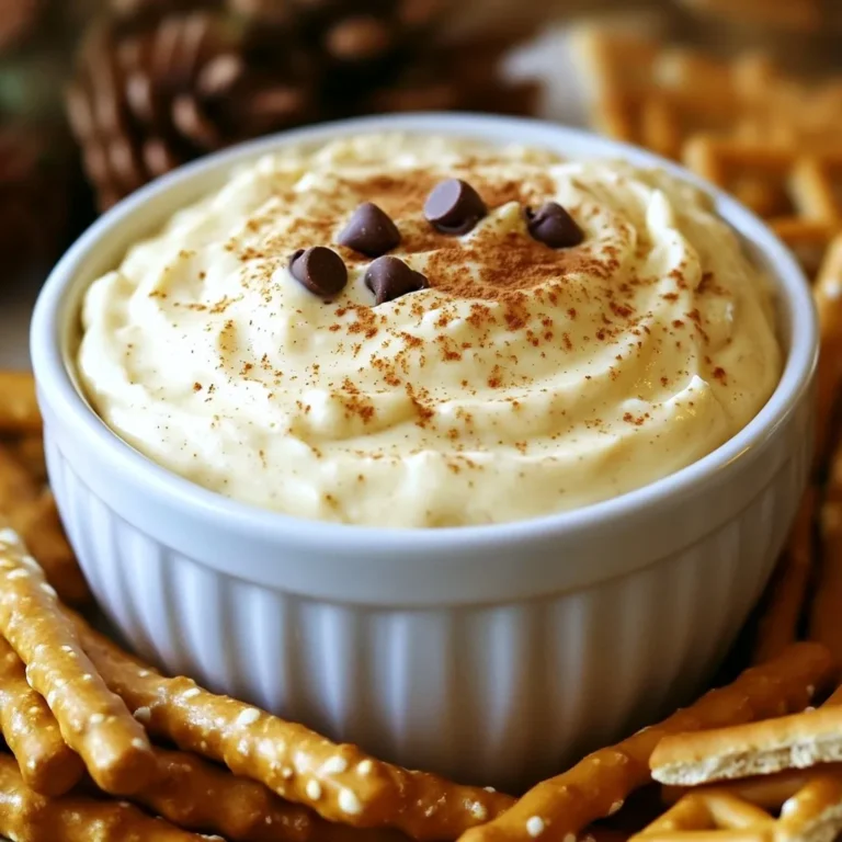 To whip up this delightful Gingerbread Cookie Dough Dip, you need the following ingredients: - 1 cup all-purpose flour - 1/2 cup unsalted butter, softened - 1 cup packed brown sugar - 1/2 cup cream cheese, softened - 1 teaspoon pure vanilla extract - 1 tablespoon ground ginger - 2 teaspoons ground cinnamon - 1/2 teaspoon ground nutmeg - 1/4 teaspoon ground cloves - 1/2 cup mini chocolate chips - 1/4 cup molasses - Pinch of salt These ingredients blend together for a creamy and delicious treat. You can find most of these items in your pantry. The spices add warmth and flavor, making this dip perfect for any gathering. The mini chocolate chips provide a sweet surprise in every bite. Enjoy the process of mixing these simple ingredients to create something special! {{ingredient_image_2}} Start by placing the softened butter and packed brown sugar in a large bowl. I use an electric mixer on medium speed. Mix for 2-3 minutes until it becomes light and fluffy. This is called the creaming method. It’s key to get the right texture. Make sure your butter is at room temperature. Cold butter will not mix well. Next, add the softened cream cheese to your bowl. Mix it until it is fully combined. You want a smooth and creamy texture. Then, pour in the molasses and pure vanilla extract. Blend them together until everything looks nice and uniform. This step adds depth to the flavors. Now it’s time to form the dough. Gradually sift in the all-purpose flour. Use a spatula or wooden spoon for stirring. Mix until you see a thick, dough-like consistency. After that, add the spices—ground ginger, cinnamon, nutmeg, and cloves. Don’t forget a pinch of salt! Mix everything thoroughly to spread the flavors evenly. Finally, fold in the mini chocolate chips. They add fun bursts of chocolate in every bite. Once your dip is ready, transfer it to a festive bowl. Cover it with plastic wrap. Chilling for 30 minutes to 1 hour helps the flavors blend. This simple step makes a big difference in taste. Enjoy sharing this creamy treat with friends and family! To achieve a creamy consistency, start with soft butter and cream cheese. This step is key to making the dip smooth. Mix the butter and brown sugar first until fluffy. Then add the cream cheese and blend until fully combined. The longer you mix, the creamier your dip will be. If it feels too thick, add a splash of milk to loosen it up. For added flavor, consider using extra spices. A pinch of cardamom or some ground allspice can elevate your dip. You can also add a splash of maple syrup for sweetness. If you like nuts, fold in some chopped pecans or walnuts. This adds texture and a nice crunch. Serve the dip in a fun bowl to impress your guests. Pair it with dippables like graham crackers, pretzel sticks, or fresh apple slices. For a festive touch, sprinkle cinnamon on top. You can also place small decorations around the bowl. This makes your dessert look fun and inviting! Pro Tips Use Fresh Spices: For the best flavor, ensure your spices are fresh. Stale spices can dull the taste of your dip. Chill for Flavor: Letting the dip chill in the refrigerator allows the flavors to meld together beautifully, enhancing the overall taste. Experiment with Dippers: While graham crackers and pretzel sticks are classic choices, try fresh fruit like strawberries or bananas for a refreshing twist. Presentation Matters: Consider garnishing with a sprinkle of cinnamon or a few extra chocolate chips on top for an appealing look that invites people to dig in. {{image_4}} To make this dip nut-free, simply skip any nuts in the recipe. The base ingredients already make a rich, creamy dip. You can also use a nut-free butter, like sunflower seed butter, for added creaminess. This keeps the flavor strong and ensures everyone can enjoy it without worry. If you want to change up the sweetness, try honey or agave. Both options work well instead of brown sugar. Keep in mind, honey adds a slightly different flavor. Use the same amount, and mix it in with the butter and sugar. This gives the dip a lovely sweetness while keeping it moist. For a vegan-friendly dip, swap out the butter and cream cheese. Use coconut oil instead of butter and vegan cream cheese. You can also use maple syrup instead of molasses for a different taste. This way, you still get a creamy texture without any animal products. Enjoy this tasty treat while sticking to your plant-based diet! After you enjoy your gingerbread cookie dough dip, store any leftovers in an airtight container. Place it in the fridge. This keeps it fresh and tasty. Make sure to use it within a week for the best flavor. If it starts to look or smell off, it’s time to toss it out. You can freeze this dip for later! Just place it in a freezer-safe container. Leave some space at the top. The dip can last up to three months in the freezer. When you’re ready to eat, move it to the fridge overnight. Let it thaw slowly. Mix it well before serving again. The dip will stay fresh in the fridge for about 5 to 7 days. If you see any mold or it smells funny, don't eat it. Always check for freshness before serving. Storing it properly helps you enjoy this creamy treat longer! Yes, you can use gluten-free flour. Choose a one-to-one blend for best results. Many brands work great as substitutes. Just make sure they do not contain any added ingredients that can change the flavor or texture. Almond flour can also be an option, but it may give a different taste and texture. Experiment to find what you like best! To reduce sweetness, cut back on brown sugar. You can use half a cup instead of a full cup. Another option is to skip the chocolate chips. If you want a sweet taste without sugar, try adding a splash of vanilla extract. This adds flavor without extra sugar. You can also add a pinch of salt to balance the sweetness. You have many tasty options to serve with the dip. Here’s a list: - Graham crackers - Pretzel sticks - Fresh apple slices - Celery sticks - Mini marshmallows - Ginger snaps - Cookies of your choice These choices add fun and crunch to every bite! Enjoy exploring different dippables to find your favorite! This blog post covered how to make a delicious Gingerbread Cookie Dough Dip. We discussed the key ingredients and shared step-by-step instructions, from mixing to chilling. You learned tips for perfecting the texture and flavor. We also explored fun variations and smart storage tips. In conclusion, this dip is a fun treat for all. Whether you follow the classic recipe or try a variation, enjoy every bite!