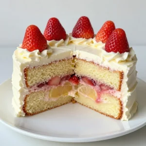 - 2 &frac12; cups all-purpose flour - 2 teaspoons baking powder - &frac12; teaspoon baking soda - 1 teaspoon salt - 1 cup unsalted butter, softened - 2 cups granulated sugar - 4 large eggs - 1 tablespoon fresh lemon zest - 1 cup buttermilk, at room temperature - 1 tablespoon fresh lemon juice - 1 cup fresh strawberries, pureed - 1 teaspoon vanilla extract - 1 cup unsalted butter, softened - 4 cups powdered sugar - 4 tablespoons fresh lemon juice - 1 teaspoon vanilla extract - Fresh strawberries, trimmed and halved You can use yogurt or milk if you don&rsquo;t have buttermilk. For a dairy-free option, try almond milk mixed with lemon juice as a substitute. If you want a lighter cake, use egg whites instead of whole eggs. {{ingredient_image_2}} First, you need to preheat your oven to 350&deg;F (175&deg;C). This step is key for even baking. Next, take two 9-inch round cake pans. Grease them well with butter or oil, then dust them with flour. This will help your cakes come out easily after baking. In a medium bowl, whisk together the dry ingredients. Combine 2 &frac12; cups of all-purpose flour, 2 teaspoons of baking powder, &frac12; teaspoon of baking soda, and 1 teaspoon of salt. Make sure it&rsquo;s well mixed. Set this bowl aside for now. Now, grab a large bowl and an electric mixer. Beat 1 cup of softened unsalted butter with 2 cups of granulated sugar. Mix them on medium-high speed until the mixture is light and fluffy. This should take about 4 to 5 minutes. This step adds air, which helps the cake rise. Next, add 4 large eggs, one at a time, to the butter-sugar mix. Make sure to beat well after each egg. After that, mix in 1 tablespoon of fresh lemon zest and 1 teaspoon of vanilla extract. This adds a bright flavor to your cake. Now it&rsquo;s time to combine everything. Slowly add the dry mixture to the butter mixture. Alternate this with 1 cup of buttermilk and 1 tablespoon of fresh lemon juice. Start and end with the flour mixture. Mix gently until it&rsquo;s just combined. This keeps your cake light and fluffy. Pour the batter evenly into the prepared pans. Smooth the tops with a spatula. Bake for 25 to 30 minutes. To test if they&rsquo;re done, insert a toothpick in the center. If it comes out clean, they&rsquo;re ready! Allow the cakes to cool in the pans for 10 minutes. Then, transfer them to wire racks to cool completely. In a mixing bowl, beat 1 cup of softened unsalted butter. Mix on medium speed until creamy. Then, slowly add 4 cups of powdered sugar. Mix on low until it&rsquo;s all combined. Finally, add 4 tablespoons of fresh lemon juice and 1 teaspoon of vanilla extract. Beat until your frosting is light and fluffy. Once the cakes are fully cool, place one layer on a serving plate. Spread a generous layer of frosting on top. Carefully add the second layer on top. Frost the top and sides evenly. For decoration, use fresh strawberries, trimming and halving them. Place them on top for a bright look. For the best taste, slice and serve your cake chilled. To keep your cake moist, start with room-temperature butter and buttermilk. This helps the batter mix well. Another tip is to avoid overmixing after adding the flour. Mix just until combined; this keeps the cake tender. Adding the strawberry puree also adds moisture and flavor. For a burst of extra flavor, try adding more lemon zest. You can also use lemon extract for a stronger lemon taste. Fresh herbs like mint can add a unique twist. If you like a bit of spice, a dash of cardamom or ginger can brighten the cake. To prevent sticking, grease the pans well with butter or spray. After greasing, dust them lightly with flour. You can also line the bottom with parchment paper for easy removal. Allow the cakes to cool for a few minutes before flipping them out. This way, they won't stick or break. Pro Tips Fresh Strawberries: Use ripe, fresh strawberries for the puree to enhance the flavor of your cake. If strawberries are not in season, frozen strawberries can also work, but ensure they are thawed and drained well before pureeing. Room Temperature Ingredients: Make sure all your ingredients, especially eggs and buttermilk, are at room temperature. This helps create a smoother batter and ensures even baking. Don&rsquo;t Overmix: When combining the wet and dry ingredients, mix just until combined. Overmixing can lead to a denser cake, so be gentle when folding in the strawberry puree as well. Chill Before Serving: For the best flavor and texture, refrigerate the cake for at least 1 hour before slicing. This allows the frosting to set and the flavors to meld beautifully. {{image_4}} You can easily swap strawberries for other fruits. Raspberries and blueberries work well. They add a nice tartness and color. Just replace the strawberry puree with an equal amount of your chosen fruit. If you use raspberries, you may want to strain the puree. This keeps the seeds out and gives a smooth texture. Making this cake gluten-free is simple. Use a gluten-free all-purpose flour blend instead of regular flour. Make sure it contains xanthan gum for structure. This tweak keeps the cake light and fluffy. The taste remains just as good! You can play with the lemonade flavor too. Try adding extra lemon juice for a bolder taste. You can also mix in some grapefruit juice for a unique twist. For a sweeter version, consider lemon-lime soda in the cake mix. Each change brings a new layer of flavor and fun! To store your Strawberry Lemonade Cake, keep it in an airtight container. This helps to trap moisture and flavor. If you do not have a container, wrap the cake in plastic wrap. Store it at room temperature for up to 2 days. If you need to keep it longer, refrigerate it for up to a week. For the best taste, eat your cake within the first few days. If you notice it drying out, add a slice of bread to the container. The bread helps keep the cake moist. Just make sure it does not touch the cake. You can also cover the cake with a damp paper towel before sealing it. This simple tip helps retain moisture. Freezing the Strawberry Lemonade Cake is a great option if you want to save some for later. First, let the cake cool completely. Then, wrap each layer tightly in plastic wrap. After that, place them in a freezer-safe bag or container. This way, they can last for up to 3 months. When you are ready to eat, thaw the cake in the fridge overnight. You can frost it once it is fully defrosted. Enjoy the fresh flavor even when frozen! Yes, you can make this cake ahead of time. Bake the cake layers and let them cool completely. Wrap them tightly in plastic wrap. Store them at room temperature for up to two days. If you want to keep it longer, freeze the layers for up to three months. Frost the cake on the day you plan to serve it. This helps keep the frosting fresh. If your cake turns out dry, there are a few tricks you can use. First, brush the layers with simple syrup. This is a mixture of equal parts sugar and water. Heat it until the sugar dissolves, then cool it. You can also add whipped cream or fresh fruit to serve with the cake. This adds moisture and flavor. Yes, you can use frozen strawberries for the puree. Thaw them first, then blend until smooth. This works well when fresh strawberries are not available. Just remember that frozen strawberries may have a slightly different taste than fresh ones. They can still add great flavor to your cake. Strawberry Lemonade Cake pairs well with many treats. You can serve it with whipped cream, fresh strawberries, or even a scoop of vanilla ice cream. A light fruit salad also complements the cake nicely. These options enhance the refreshing flavors of the cake. The cake lasts about five days in the fridge. Store it in an airtight container to keep it fresh. If you have leftover cake, make sure to slice it before storing. This way, you can enjoy a slice whenever you want. This blog post showed you how to make a tasty Strawberry Lemonade Cake. We covered the ingredients, step-by-step instructions, and some helpful tips. You learned how to store your cake and even explored fun variations. In the end, baking can bring joy and delicious treats. With this guide, you can create a cake that everyone will love. Enjoy your baking journey!