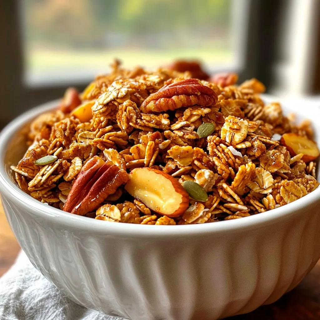 To make a delicious Maple Pecan Granola, you need these simple ingredients: - 2 cups rolled oats - 1 cup pecans, roughly chopped - 1/2 cup sunflower seeds - 1/4 cup pumpkin seeds - 1/2 cup pure maple syrup - 1/4 cup coconut oil, melted - 1 teaspoon pure vanilla extract - 1 teaspoon ground cinnamon - 1/2 teaspoon sea salt - Optional add-ins: dried cranberries, coconut flakes Each of these ingredients plays a key part in creating a tasty treat. The rolled oats form the base, giving the granola its hearty texture. Chopped pecans add a nice crunch and rich flavor. Sunflower seeds and pumpkin seeds provide healthy fats and protein. The star of the show, pure maple syrup, sweetens the granola and gives it a lovely glaze. Melted coconut oil helps bind everything together while adding a subtle sweetness. The vanilla extract and ground cinnamon create warmth and depth in flavor. Lastly, sea salt balances the sweetness. You can also mix in optional items like dried cranberries or coconut flakes for a fun twist. This granola is not just a snack; it’s great on yogurt or with milk. Each bite is fresh and crunchy! {{ingredient_image_2}} - Preheat your oven to 350°F (175°C) and line a baking sheet with parchment paper. - In a large bowl, mix together 2 cups of rolled oats, 1 cup of chopped pecans, 1/2 cup of sunflower seeds, and 1/4 cup of pumpkin seeds. Make sure the dry ingredients are well mixed. - In another bowl, whisk together 1/2 cup of pure maple syrup, 1/4 cup of melted coconut oil, 1 teaspoon of vanilla extract, 1 teaspoon of ground cinnamon, and 1/2 teaspoon of sea salt until smooth. - Pour the wet mixture over the dry ingredients. Stir well to coat all the oats and nuts. - Spread the mixture evenly on the prepared baking sheet using a spatula. - Bake in the preheated oven for 25 to 30 minutes. Stir the granola halfway through to ensure even toasting. Look for a golden brown color and a lovely smell. - Once baked, take the granola out and let it cool completely on the baking sheet. - If you want, add in 1/2 cup of dried cranberries or coconut flakes while the granola is still warm. Gently mix them in. - After cooling, break the granola into clusters. Store it in an airtight container. Enjoy it as a snack, atop yogurt, or with milk! To get that perfect crunch in your granola, pay attention to your baking. Start by setting your oven to 350°F (175°C). This temperature helps toast the oats without burning them. Use parchment paper on your baking sheet to stop sticking and make cleanup easy. Stir the granola halfway through baking. This helps it brown evenly and prevents burning. Look for a golden brown color and a sweet smell. Once done, let the granola cool completely on the sheet. This cooling step is key for a crunchy texture. Boost the flavor of your granola with spices. A pinch of nutmeg or ginger can add warmth. You can also try different sweeteners like honey or agave syrup. For fun mix-ins, consider dried fruits like cranberries or raisins. They add sweetness and chewiness. If you want to swap out ingredients, feel free. You can use any nuts or seeds you like. Just keep the total amounts the same to maintain texture. Serving your granola can be fun! Try it in a bowl with yogurt or milk. Top it with fresh fruits like berries or banana slices. For a special touch, add extra coconut flakes on top. Think about how you store your granola, too. Use clear jars to show off the colorful layers. This makes it easy to grab a snack when you need one. Pro Tips Use Fresh Ingredients: Always opt for fresh nuts and seeds to enhance the flavor and nutritional value of your granola. Customize Your Sweetness: Adjust the amount of maple syrup according to your taste. You can also experiment with honey or agave syrup. Store Properly: Keep your granola in an airtight container to maintain its crunchiness and prevent it from becoming stale. Try Different Add-ins: Feel free to add other dried fruits, nuts, or spices to make your granola unique and tailored to your preferences. {{image_4}} If you want a nut-free granola, you can skip the pecans. Use more seeds instead. Try using these options instead of nuts: - Sunflower seeds - Pumpkin seeds - Chia seeds You can also add dried fruits like raisins or cranberries. These will add a sweet touch. This way, you keep the crunch without nuts. Adding new flavors can make your granola special. You can mix in spices like: - Nutmeg - Ginger These spices can add warmth and depth to your granola. You can also try different syrups. Instead of maple syrup, use: - Honey - Agave syrup These can change the taste and sweetness of your granola. You can turn your granola into bars. Just adjust the recipe a bit. Use less oil and syrup for a firmer mix. Here’s how: - Reduce coconut oil to 2 tablespoons. - Cut maple syrup to 1/3 cup. Press the mixture firmly into a pan. After baking, let it cool before cutting. These bars make a great snack on the go. To keep your granola fresh, use airtight containers. Glass jars work well. They prevent air and moisture from getting in. You can also use plastic containers with tight lids. Store your granola in a cool, dry place. Avoid direct sunlight, as heat can make it stale. For long-lasting granola, do not leave it open. Each time you open the container, air gets in. This can make your granola lose its crunch. If you want to keep it extra fresh, consider vacuum-sealing it. This removes air and extends its life. Maple pecan granola stays fresh for about two weeks at room temperature. If you store it in the fridge, it can last even longer. You might get about a month of freshness. Watch for signs of spoilage. If the granola smells off or has a stale taste, it may be bad. Also, check for any signs of mold. If you see any, throw it away right away. You can freeze granola for long-term storage. First, let the granola cool completely. Then, pack it in freezer-safe bags. Squeeze out as much air as possible before sealing. Label the bags with the date. When you want to use frozen granola, take it out of the freezer. Let it thaw at room temperature for a few hours. You can also use it straight from the freezer. Just add it to yogurt or milk for a tasty treat! One serving of maple pecan granola has about 200 calories. It includes: - Carbohydrates: 30g - Protein: 5g - Fat: 8g - Fiber: 3g This granola gives you energy and keeps you full. The nuts and seeds add healthy fats and protein. Yes, you can make this granola fit your needs. For a gluten-free option, use gluten-free oats. If you want a vegan version, substitute the honey with more maple syrup. You can also skip the nuts if you have allergies. You can find good premade granola in many stores. Look for brands like Nature Valley or Kind. When choosing a product, check for: - Whole ingredients: Avoid added sugars and preservatives. - Nut content: Ensure it matches your taste or dietary needs. - Texture: Select one with crunchy clusters for the best experience. This guide covered everything about making tasty maple pecan granola. We explored the key ingredients and provided easy steps to create the perfect batch. I shared tips for achieving the best crunch and ways to customize the flavors. You can keep granola fresh with proper storage and even freeze it for later. With these insights, you can make delicious granola at home, tailored to your tastes. Enjoy your healthier snacking choice!