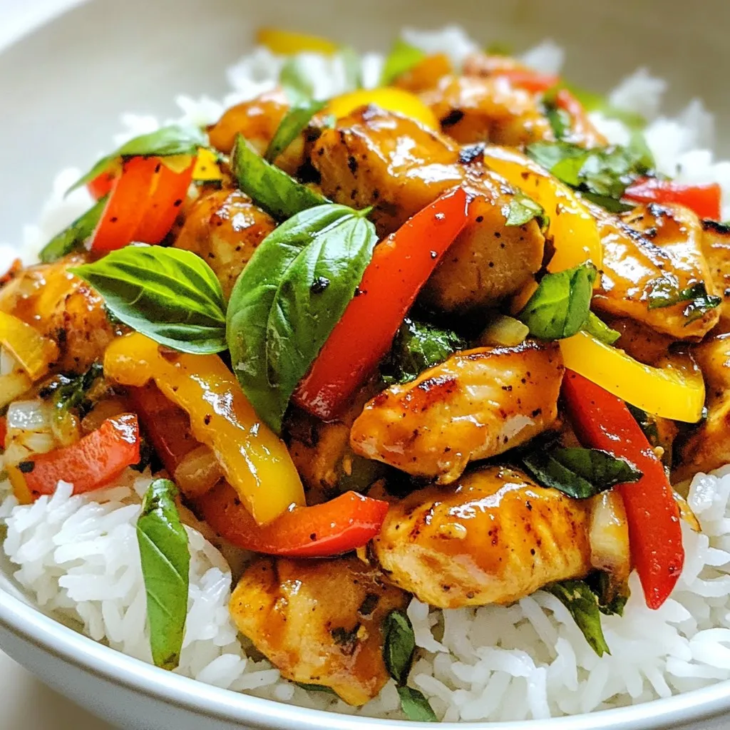 - 1 lb (450g) chicken breast, thinly sliced - 1 cup fresh Thai basil leaves, torn - 1 bell pepper (choose red or green), thinly sliced - 1 medium onion, thinly sliced - 3 cloves garlic, finely minced - 1-2 Thai bird's eye chilies, finely minced - 2 tablespoons soy sauce - 1 tablespoon oyster sauce - 1 tablespoon fish sauce - 1 teaspoon sugar - Cooked jasmine rice - Optional garnishes (lime wedges, extra basil, chilies) For this dish, the chicken breast is a great choice. It cooks quickly and stays tender. I love using fresh Thai basil because it adds a unique flavor that brightens the dish. The bell pepper and onion bring color and crunch. Garlic adds depth while the chilies give it a spicy kick. The sauces are key to this dish. Soy sauce adds saltiness. Oyster sauce gives a rich flavor. Fish sauce adds umami, while sugar balances everything out. When serving, I recommend fluffy jasmine rice. It’s a perfect match for the stir-fry. For extra flair, add lime wedges, more basil, or even more chilies on top. This makes your meal pop with fresh flavors! {{ingredient_image_2}} Start by prepping your veggies. Slice the bell pepper and onion into thin strips. This helps them cook evenly. Mince the garlic and Thai bird's eye chilies finely. Set all your ingredients aside. This way, you can grab them quickly while cooking. For slicing, use a sharp knife. A sharp knife makes clean cuts. Thin strips cook faster and blend well. Aim for similar sizes, so everything cooks evenly. Now, heat vegetable oil in a large skillet or wok over medium-high heat. Once the oil shimmers, add the thinly sliced chicken. Cook the chicken for about 4-5 minutes. Make sure it turns golden and no longer looks pink in the center. Next, push the chicken to one side of the skillet. In the empty space, toss in the minced garlic and chilies. Sauté them for about 30 seconds. This step releases their wonderful aromas. Be careful not to burn them. Now, add the sliced onion and bell pepper. Stir-fry everything for 2-3 minutes. You want the veggies to be slightly tender but still crisp. Then, pour in the soy sauce, oyster sauce, fish sauce, and sugar. Stir it all together. Let it cook for an additional 1-2 minutes. This helps the flavors mix and become rich. It’s time to add the star of the dish—fresh Thai basil leaves. Gently toss them in. Stir until the basil wilts and blends into the dish. Turn off the heat. To serve, place the stir-fry over a bed of fluffy jasmine rice. This creates a colorful and satisfying meal. For extra flair, consider garnishing with more basil or chilies. Lime wedges on the side add a nice citrus kick. To make a great stir-fry, the heat must be high. Start with medium-high heat to get that perfect sizzle. This helps your chicken cook fast and stay juicy. Common mistakes include overcrowding the pan. If you add too much food at once, it steams instead of fries. Cook in batches if needed. Also, be careful not to burn the garlic. This can ruin your dish. If you want more heat, add more Thai bird's eye chilies. Start with one and taste. You can always add more, but you can’t take it out once it’s in. If you prefer a milder dish, try using bell peppers or sugar snap peas. These add flavor without heat. You can also use sweet paprika for a colorful twist. To boost flavor, consider adding a splash of lime juice. This adds brightness and balances the savory notes. Other spices to try include black pepper or a pinch of cumin. Pair your stir-fry with jasmine rice for a comforting meal. If you want something extra, serve with a side of pickled vegetables. This adds crunch and tang, making your meal even better. Pro Tips Choose the Right Basil: Use fresh Thai basil for an authentic flavor, as it has a distinct aroma that complements the dish beautifully. Adjust Spice Level: Modify the number of Thai bird's eye chilies based on your spice tolerance; you can also remove the seeds for a milder flavor. Don't Overcook the Vegetables: Stir-fry the vegetables just until tender to maintain their bright colors and crisp texture. Use High Heat: Cooking on medium-high heat helps achieve that perfect stir-fry texture, locking in moisture and flavor while ensuring a quick cook. {{image_4}} You can switch the chicken for beef or shrimp. Thinly slice beef and cook it like chicken. For shrimp, use deveined, peeled shrimp. They cook fast and add a nice taste. For a vegetarian option, use tofu or tempeh. Cut them into cubes and stir-fry until golden. This keeps the dish tasty while meeting plant-based needs. Feel free to mix in seasonal vegetables. Zucchini, snap peas, or carrots work well. Each adds color and nutrition. Keep a balance of flavors. Use sweet bell peppers with bitter greens, like bok choy. This makes each bite exciting and fresh. You can create your own sauce at home. Mix soy sauce, garlic, and sesame oil for a twist. If you need a gluten-free option, use tamari instead of soy sauce. This keeps the dish safe for those with gluten sensitivities. To keep your Thai Basil Chicken fresh, store it right away. Place leftovers in an airtight container. Refrigerate them within two hours of cooking. This will help keep the flavors intact. Your dish will stay good in the fridge for about three days. If you want to keep it longer, freezing is a great option. Divide your stir-fry into smaller portions. Use freezer-safe bags or containers to prevent freezer burn. It can last up to three months in the freezer. Just remember to label the bags with the date. When it's time to enjoy your leftovers, reheating properly is key. You want to keep the texture and flavor just right. The best method is to use a skillet. Heat it over medium heat and add a splash of water or broth. This helps steam the dish and keeps it moist. Stir occasionally until heated through. You can also use a microwave. Place the dish in a microwave-safe bowl. Cover it with a damp paper towel to trap moisture. Heat it in 30-second intervals, stirring in between until hot. Your cooked Thai Basil Chicken will stay fresh for about three days in the fridge. Look for signs of spoilage before eating. If you see any off smells or changes in color, it's best to throw it out. When properly frozen, your dish can last about three months. Just remember to check for freezer burn when you defrost it. Thai basil has a unique flavor. It tastes sweet with a hint of spice. The leaves are darker and thicker than regular basil. It also has a slight anise or licorice note. This makes it perfect for stir-fries and Asian dishes. Regular basil is milder and often used in Italian cooking. When you use Thai basil, it gives your dish a vibrant and bold taste. Yes, you can make Thai Basil Chicken ahead of time. To prep, cook the chicken and veggies as usual. Let them cool before storing. Use an airtight container to keep it fresh in the fridge. This meal lasts about 3 days in the fridge. If you want to store it longer, freeze it for up to a month. When ready to eat, just reheat it on the stove. Thai Basil Chicken pairs well with many sides. Here are a few great options: - Cooked jasmine rice - Steamed broccoli - Cucumber salad - Thai spring rolls - Lightly pickled vegetables These sides add color and texture to your meal, making it a complete feast! In this blog post, I explored the key ingredients for a delicious Thai Basil Chicken dish, including chicken, fresh basil, and various sauces. I covered the preparation steps, cooking process, and tips to perfect your stir-fry. We also discussed variations like using different proteins and vegetables. Lastly, I provided safe storage methods for your leftovers. With these tips, you can enjoy a flavorful meal at home. Don't be afraid to experiment and make it your own! Your Thai cooking journey starts here.