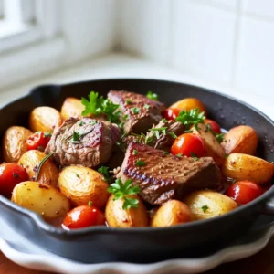 For a tasty garlic butter steak and potatoes skillet, you need these key ingredients: - 1 lb sirloin steak, cut into bite-sized cubes - 1 lb baby potatoes, halved - 4 tablespoons unsalted butter - 4 cloves garlic, finely minced - 1 teaspoon fresh rosemary, finely chopped - 1 teaspoon fresh thyme, finely chopped - Salt and freshly ground black pepper, to taste - 2 tablespoons olive oil - 1 cup cherry tomatoes, halved These ingredients work together to create a rich and flavorful dish. The sirloin steak gives a nice bite, while the baby potatoes add heartiness. Seasoning is key in this dish. You will use salt and freshly ground black pepper to enhance the flavors. Fresh herbs like rosemary and thyme bring an earthy taste. Garlic adds a punch and aroma. Each of these elements makes the dish stand out. To finish your dish, you can add some fresh parsley. It adds a pop of color and a fresh taste. This small touch makes the meal feel special. You could also serve with lemon wedges for a bright zest if you like. {{ingredient_image_2}} First, take a large skillet and pour in 1 tablespoon of olive oil. Heat the oil over medium heat. When the oil is hot, add 1 pound of halved baby potatoes. Spread them evenly in the pan. Season them with salt and black pepper. Cook for about 10-15 minutes. Stir occasionally until the potatoes are fork-tender and golden brown. Once done, remove the potatoes from the skillet and set them aside on a plate. Next, add another tablespoon of olive oil to the same skillet. Turn the heat up to medium-high. When the oil shimmers, add 1 pound of bite-sized sirloin steak pieces. Avoid overcrowding the pan. Season the steak with salt and pepper. Sear for about 3-4 minutes. Turn the pieces occasionally. The steak should be nicely browned but juicy inside. Once seared, transfer the steak to the plate with the potatoes. Now, lower the heat back to medium. Add 4 tablespoons of unsalted butter to the skillet. Let the butter melt slowly, swirling the pan to coat it. Once melted, add 4 finely minced garlic cloves, 1 teaspoon of finely chopped rosemary, and 1 teaspoon of finely chopped thyme. Saut&eacute; the mixture for 1-2 minutes. Stir frequently until the garlic becomes aromatic and slightly golden. Be careful not to let it burn. Add the cooked steak and potatoes back into the skillet with the garlic butter sauce. Gently fold in 1 cup of halved cherry tomatoes. Toss everything together. Ensure the steak, potatoes, and tomatoes are evenly coated in the fragrant sauce. Cook for an additional 2-3 minutes, until the tomatoes warm but still hold their shape. Finally, taste your dish. Adjust the seasoning with more salt and fresh black pepper if needed. Garnish with a sprinkle of finely chopped fresh parsley for a pop of color and flavor. Serve hot right from the skillet for a nice, rustic look. Enjoy your meal! For this dish, I recommend using sirloin steak. Sirloin is tender and has great flavor. It cooks well in a skillet and offers a nice bite. You can also try ribeye or flank steak if you prefer. Both cuts will work well, but they have different tastes. Just make sure to cut the steak into bite-sized cubes. This helps it cook evenly and makes it easier to eat. To get the best texture from your potatoes, use baby potatoes. They are small, tender, and cook quickly. Halve them so they cook faster and absorb flavor better. When you place them in the skillet, make sure to season them well with salt and pepper. Cooking them until they are golden brown gives a lovely crunch. Stir them occasionally while cooking to avoid burning. Garlic adds a lot of flavor to this dish. Use fresh garlic for the best taste. Mince the cloves finely to release their oils and flavor. When cooking garlic, keep an eye on it. Cook it on medium heat until it is fragrant and slightly golden. This usually takes about 1-2 minutes. If it burns, it will taste bitter. You want it to add a rich aroma without overpowering the dish. Pro Tips Choose the Right Cut: For this recipe, sirloin steak is an excellent choice due to its tenderness and flavor. However, you can also use ribeye or filet mignon for a more luxurious experience. Don't Overcrowd the Pan: When searing the steak, make sure not to overcrowd the skillet. This ensures that the meat browns evenly and retains its juices, resulting in a perfectly cooked steak. Use Fresh Herbs: Fresh rosemary and thyme elevate the flavor of the garlic butter sauce. Dried herbs can be used in a pinch, but fresh herbs will provide a vibrant taste that makes a big difference. Garnish for Presentation: A sprinkle of fresh parsley not only adds a pop of color but also enhances the overall flavor. Don&rsquo;t skip this step for a beautifully presented dish. {{image_4}} You can switch the steak for chicken or shrimp. For chicken, use boneless thighs. Cut them into bite-sized pieces. Cook them the same way as the steak. For shrimp, just add them towards the end. Cook until they turn pink and curl up. Both options keep the dish tasty and fun. Feel free to add more veggies. Bell peppers add sweetness and color. Zucchini or green beans bring a fresh crunch. Just chop them into similar sizes for even cooking. Toss them into the skillet with the potatoes. This adds variety and nutrition to your meal. If you're looking for swaps, you can change the butter. Use olive oil or vegan butter for a dairy-free option. For a low-carb dish, swap potatoes with cauliflower. It cooks well and absorbs flavors nicely. Adjust seasonings to match your taste and needs. These swaps keep the dish friendly for everyone. To keep your Garlic Butter Steak and Potatoes Skillet fresh, let it cool first. Transfer the leftovers into an airtight container. Make sure to store it in the fridge. It will last for 3-4 days. If you want to enjoy it later, don&rsquo;t forget to separate the steak from the potatoes. When you're ready to eat the leftovers, use a skillet. Heat it over medium heat. Add a little olive oil or butter to keep it moist. Cook until the steak is warm, about 5-7 minutes. Stir it often to avoid burning. You can also use a microwave. Just cover the dish to keep it moist. Heat in short bursts, stirring in between. If you want to freeze your Garlic Butter Steak and Potatoes Skillet, it&rsquo;s best to do this right after cooking. Place it in a freezer-safe container. It can last up to 2-3 months. To thaw, move it to the fridge overnight. Reheat it on the stove or in the microwave when you're ready to eat. Yes, you can use different types of potatoes. Yukon Gold, red potatoes, or even sweet potatoes work well. Each type brings a unique flavor and texture. Just remember to cut them into even sizes for even cooking. Cooking steak in a skillet usually takes about 3-4 minutes per side. This time can change based on the steak's thickness and your desired doneness. Always check with a meat thermometer if you want it perfect. Good side dishes include a fresh green salad or steamed veggies. Garlic bread pairs well, too. You can also serve it with rice or a light pasta for a filling meal. You can prepare some parts ahead, like cooking the potatoes and steak. Store them separately in the fridge. When ready, just heat them together with the garlic butter sauce for quick serving. This blog post covered everything you need for a tasty garlic butter steak and potatoes skillet. We explored main ingredients, tips for cooking, and tasty variations. You learned how to prepare the potatoes and sear the steak perfectly. Remember, you can swap ingredients based on your tastes, too. Whether for dinner or lunch, this meal is quick and satisfying. Enjoy making it your own, and have fun cooking. Happy eating!