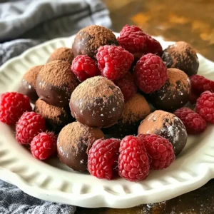 - 1 cup fresh raspberries, gently rinsed and dried - 8 ounces high-quality dark chocolate (70% cocoa), finely chopped - 1/2 cup heavy cream - 1 teaspoon pure vanilla extract - 1 tablespoon unsweetened cocoa powder, for dusting - 1/4 cup powdered sugar, for dusting - A pinch of flaky sea salt Using high-quality ingredients makes a big difference in truffles. Fresh raspberries add natural sweetness and tang. Dark chocolate gives a rich taste. I recommend chocolate with at least 70% cocoa for the best flavor. Heavy cream creates a smooth, creamy texture. If the ingredients are fresh and good quality, your truffles will shine. You can swap ingredients for different flavors. If fresh raspberries are not available, use frozen ones. Just thaw and drain them well. For a dairy-free option, try coconut cream instead of heavy cream. You could also use white chocolate if you prefer a sweeter taste. These changes can help you enjoy the truffles even more! {{ingredient_image_2}} Making chocolate covered raspberry truffles is simple and fun. You start by heating cream, then mix in chocolate. After that, fold in raspberries. Chill, roll, and coat the truffles for a tasty treat. 1. Heat the heavy cream in a small saucepan over medium heat. Stir until it simmers gently. 2. Remove the pan from heat and add the chopped dark chocolate. Let it sit for one minute. Stir until it melts and becomes smooth. 3. Gently fold in the fresh raspberries. Be careful to keep them whole for a burst of flavor. 4. Add the vanilla extract and a pinch of flaky sea salt. Stir carefully until it is well mixed. 5. Pour the mixture into a bowl. Cover it tightly with plastic wrap. Refrigerate for 1-2 hours until it firms up. 6. Once chilled, scoop out small portions with a melon baller or your hands. Roll them into smooth balls. 7. Place the rolled truffles on a baking sheet lined with parchment paper. 8. Mix the cocoa powder and powdered sugar in a shallow dish. Roll each truffle in this mix until they are well coated. 9. Return the truffles to the lined baking sheet and chill for another 30 minutes to set completely. - For heating cream, watch closely to avoid boiling. It should just simmer. - When adding chocolate, let it rest for a minute. This makes stirring easier. - When folding in raspberries, do it gently. You want them to stay whole. - Use good-quality dark chocolate for the best taste. Aim for 70% cocoa or higher. - If the mixture is too soft after chilling, let it sit in the fridge longer. - Roll the truffles quickly to keep them smooth. Warm hands can make them sticky. - Coat the truffles well in the cocoa mix. This adds flavor and prevents stickiness. - Give the truffles time to chill again. This helps them keep their shape. When making chocolate covered raspberry truffles, avoid overcooking the cream. If the cream boils, it can ruin the texture. Also, don&rsquo;t rush the cooling time. Chilling the mixture helps it firm up for easy rolling. Lastly, be gentle when folding in the raspberries. This keeps their shape and ensures a nice burst of flavor. For a smooth truffle, use high-quality dark chocolate. The cocoa content should be at least 70%. When you mix the chocolate with the cream, let it sit for a minute before stirring. This step helps create a silky texture. If your mixture feels too soft, chill it longer. A well-chilled mixture is easy to shape. To enhance the flavor, use fresh raspberries. Their natural sweetness pairs well with dark chocolate. Adding a pinch of flaky sea salt boosts the chocolate&rsquo;s taste. You can also experiment with other extracts, like almond or orange, for a twist. Dusting with cocoa powder and powdered sugar adds a nice contrast and enhances the overall flavor. Pro Tips Quality Chocolate Matters: Always use high-quality dark chocolate for the richest flavor and smoothest texture in your truffles. Keep Raspberries Whole: Gently fold the raspberries into the chocolate mixture to maintain their shape and provide a delightful burst of flavor. Chill Thoroughly: Make sure to chill the truffle mixture until it's firm enough to handle; this ensures a neat and tidy rolling process. Dusting Techniques: For a beautiful finish, roll the truffles in a mix of cocoa powder and powdered sugar, creating a balance of sweetness and bitterness. {{image_4}} You can change the taste of your truffles easily. Try adding a splash of orange zest for zest and brightness. You might also mix in a few drops of peppermint extract for a cool twist. Want a nutty flavor? Add finely chopped nuts like hazelnuts or almonds for a crunchy surprise. You can even play with spices like cinnamon or chili powder to add warmth. Each of these flavors gives your truffles a new life. Making vegan truffles is simple! Swap the heavy cream with coconut cream. Use dark chocolate labeled dairy-free to keep it vegan. If you prefer gluten-free options, all the ingredients listed are naturally gluten-free. Just ensure that your chocolate does not contain gluten. This way, everyone can enjoy the tasty treat without worries. For a fun twist, serve the truffles in small cupcake liners. This adds charm and makes them easy to grab. You can stack them in a jar for a lovely display or gift them in a decorative box. To impress your guests, use a sprinkle of sea salt on top before serving. This adds flavor and a touch of elegance. For a fresh touch, garnish the platter with whole raspberries. Each of these ideas makes your truffles even more delightful! To keep your chocolate covered raspberry truffles fresh, store them in an airtight container. Line the container with parchment paper to avoid sticking. Place a layer of truffles, then add another layer of parchment before adding more truffles. This method helps preserve their texture and flavor. When stored correctly, these truffles last about a week in the fridge. If you keep them at room temperature, they will only last for a couple of days. The cool temperature of the fridge helps maintain the truffles' creamy texture and rich taste. You can freeze these truffles for longer storage. To freeze, place them on a baking sheet and freeze until solid. Then, transfer them to an airtight container with parchment between layers. They can last up to three months in the freezer. To thaw, move them to the fridge for a few hours before enjoying. Avoid thawing at room temperature, as it may affect their texture. The best chocolate for truffles is high-quality dark chocolate. I recommend using chocolate with at least 70% cocoa. This chocolate gives a rich flavor and a smooth texture. Brands like Valrhona or Ghirardelli work well. Avoid using chocolate chips, as they do not melt as smoothly. Yes, you can make these truffles ahead of time. They stay fresh in the fridge for about a week. Just store them in an airtight container. You can also freeze them for up to three months. Thaw them in the fridge before serving. This makes them perfect for parties or special events. To prevent sticking, roll the truffles in cocoa powder and powdered sugar. This adds a nice layer and keeps them from touching. Use parchment paper on your baking sheet to avoid sticking. If they still stick, chill them for a bit longer before rolling. This blog post covered key elements for making tasty truffles. We discussed the right ingredients and why their quality matters. I shared recipes and cooking steps to make it easy for you. You learned tips to enhance flavors and avoid common mistakes. We also explored variations for special diets and fun serving ideas. Lastly, I provided storage advice to help keep your truffles fresh. Overall, these insights aim to boost your truffle-making skills and inspire creativity in the kitchen. Enjoy crafting your own delightful treats!