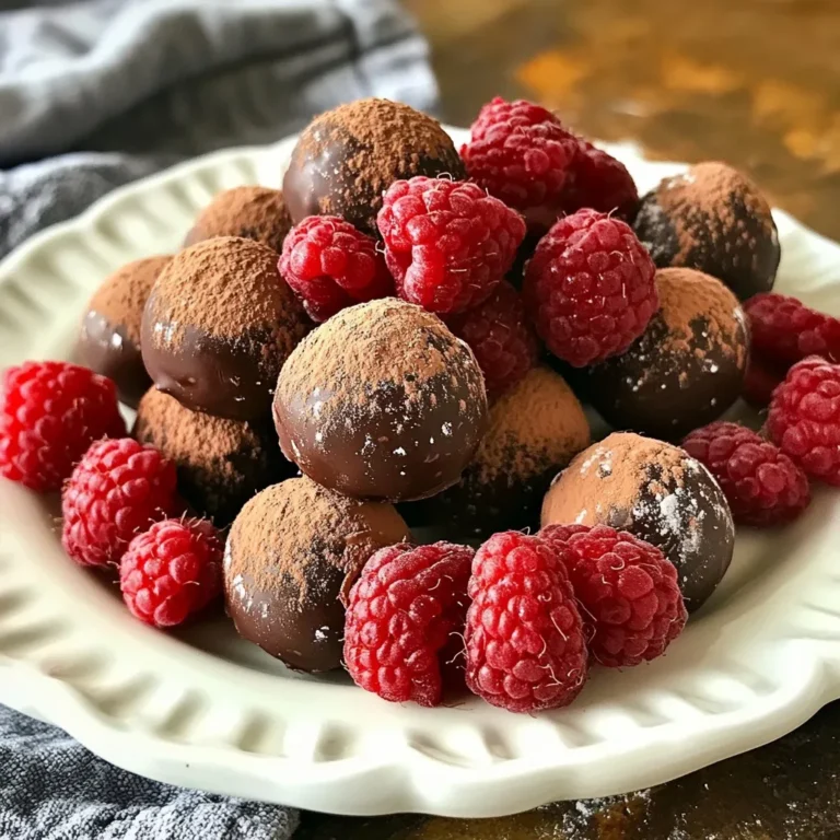 - 1 cup fresh raspberries, gently rinsed and dried - 8 ounces high-quality dark chocolate (70% cocoa), finely chopped - 1/2 cup heavy cream - 1 teaspoon pure vanilla extract - 1 tablespoon unsweetened cocoa powder, for dusting - 1/4 cup powdered sugar, for dusting - A pinch of flaky sea salt Using high-quality ingredients makes a big difference in truffles. Fresh raspberries add natural sweetness and tang. Dark chocolate gives a rich taste. I recommend chocolate with at least 70% cocoa for the best flavor. Heavy cream creates a smooth, creamy texture. If the ingredients are fresh and good quality, your truffles will shine. You can swap ingredients for different flavors. If fresh raspberries are not available, use frozen ones. Just thaw and drain them well. For a dairy-free option, try coconut cream instead of heavy cream. You could also use white chocolate if you prefer a sweeter taste. These changes can help you enjoy the truffles even more! {{ingredient_image_2}} Making chocolate covered raspberry truffles is simple and fun. You start by heating cream, then mix in chocolate. After that, fold in raspberries. Chill, roll, and coat the truffles for a tasty treat. 1. Heat the heavy cream in a small saucepan over medium heat. Stir until it simmers gently. 2. Remove the pan from heat and add the chopped dark chocolate. Let it sit for one minute. Stir until it melts and becomes smooth. 3. Gently fold in the fresh raspberries. Be careful to keep them whole for a burst of flavor. 4. Add the vanilla extract and a pinch of flaky sea salt. Stir carefully until it is well mixed. 5. Pour the mixture into a bowl. Cover it tightly with plastic wrap. Refrigerate for 1-2 hours until it firms up. 6. Once chilled, scoop out small portions with a melon baller or your hands. Roll them into smooth balls. 7. Place the rolled truffles on a baking sheet lined with parchment paper. 8. Mix the cocoa powder and powdered sugar in a shallow dish. Roll each truffle in this mix until they are well coated. 9. Return the truffles to the lined baking sheet and chill for another 30 minutes to set completely. - For heating cream, watch closely to avoid boiling. It should just simmer. - When adding chocolate, let it rest for a minute. This makes stirring easier. - When folding in raspberries, do it gently. You want them to stay whole. - Use good-quality dark chocolate for the best taste. Aim for 70% cocoa or higher. - If the mixture is too soft after chilling, let it sit in the fridge longer. - Roll the truffles quickly to keep them smooth. Warm hands can make them sticky. - Coat the truffles well in the cocoa mix. This adds flavor and prevents stickiness. - Give the truffles time to chill again. This helps them keep their shape. When making chocolate covered raspberry truffles, avoid overcooking the cream. If the cream boils, it can ruin the texture. Also, don’t rush the cooling time. Chilling the mixture helps it firm up for easy rolling. Lastly, be gentle when folding in the raspberries. This keeps their shape and ensures a nice burst of flavor. For a smooth truffle, use high-quality dark chocolate. The cocoa content should be at least 70%. When you mix the chocolate with the cream, let it sit for a minute before stirring. This step helps create a silky texture. If your mixture feels too soft, chill it longer. A well-chilled mixture is easy to shape. To enhance the flavor, use fresh raspberries. Their natural sweetness pairs well with dark chocolate. Adding a pinch of flaky sea salt boosts the chocolate’s taste. You can also experiment with other extracts, like almond or orange, for a twist. Dusting with cocoa powder and powdered sugar adds a nice contrast and enhances the overall flavor. Pro Tips Quality Chocolate Matters: Always use high-quality dark chocolate for the richest flavor and smoothest texture in your truffles. Keep Raspberries Whole: Gently fold the raspberries into the chocolate mixture to maintain their shape and provide a delightful burst of flavor. Chill Thoroughly: Make sure to chill the truffle mixture until it's firm enough to handle; this ensures a neat and tidy rolling process. Dusting Techniques: For a beautiful finish, roll the truffles in a mix of cocoa powder and powdered sugar, creating a balance of sweetness and bitterness. {{image_4}} You can change the taste of your truffles easily. Try adding a splash of orange zest for zest and brightness. You might also mix in a few drops of peppermint extract for a cool twist. Want a nutty flavor? Add finely chopped nuts like hazelnuts or almonds for a crunchy surprise. You can even play with spices like cinnamon or chili powder to add warmth. Each of these flavors gives your truffles a new life. Making vegan truffles is simple! Swap the heavy cream with coconut cream. Use dark chocolate labeled dairy-free to keep it vegan. If you prefer gluten-free options, all the ingredients listed are naturally gluten-free. Just ensure that your chocolate does not contain gluten. This way, everyone can enjoy the tasty treat without worries. For a fun twist, serve the truffles in small cupcake liners. This adds charm and makes them easy to grab. You can stack them in a jar for a lovely display or gift them in a decorative box. To impress your guests, use a sprinkle of sea salt on top before serving. This adds flavor and a touch of elegance. For a fresh touch, garnish the platter with whole raspberries. Each of these ideas makes your truffles even more delightful! To keep your chocolate covered raspberry truffles fresh, store them in an airtight container. Line the container with parchment paper to avoid sticking. Place a layer of truffles, then add another layer of parchment before adding more truffles. This method helps preserve their texture and flavor. When stored correctly, these truffles last about a week in the fridge. If you keep them at room temperature, they will only last for a couple of days. The cool temperature of the fridge helps maintain the truffles' creamy texture and rich taste. You can freeze these truffles for longer storage. To freeze, place them on a baking sheet and freeze until solid. Then, transfer them to an airtight container with parchment between layers. They can last up to three months in the freezer. To thaw, move them to the fridge for a few hours before enjoying. Avoid thawing at room temperature, as it may affect their texture. The best chocolate for truffles is high-quality dark chocolate. I recommend using chocolate with at least 70% cocoa. This chocolate gives a rich flavor and a smooth texture. Brands like Valrhona or Ghirardelli work well. Avoid using chocolate chips, as they do not melt as smoothly. Yes, you can make these truffles ahead of time. They stay fresh in the fridge for about a week. Just store them in an airtight container. You can also freeze them for up to three months. Thaw them in the fridge before serving. This makes them perfect for parties or special events. To prevent sticking, roll the truffles in cocoa powder and powdered sugar. This adds a nice layer and keeps them from touching. Use parchment paper on your baking sheet to avoid sticking. If they still stick, chill them for a bit longer before rolling. This blog post covered key elements for making tasty truffles. We discussed the right ingredients and why their quality matters. I shared recipes and cooking steps to make it easy for you. You learned tips to enhance flavors and avoid common mistakes. We also explored variations for special diets and fun serving ideas. Lastly, I provided storage advice to help keep your truffles fresh. Overall, these insights aim to boost your truffle-making skills and inspire creativity in the kitchen. Enjoy crafting your own delightful treats!