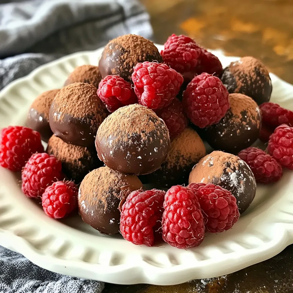 - 1 cup fresh raspberries, gently rinsed and dried - 8 ounces high-quality dark chocolate (70% cocoa), finely chopped - 1/2 cup heavy cream - 1 teaspoon pure vanilla extract - 1 tablespoon unsweetened cocoa powder, for dusting - 1/4 cup powdered sugar, for dusting - A pinch of flaky sea salt Using high-quality ingredients makes a big difference in truffles. Fresh raspberries add natural sweetness and tang. Dark chocolate gives a rich taste. I recommend chocolate with at least 70% cocoa for the best flavor. Heavy cream creates a smooth, creamy texture. If the ingredients are fresh and good quality, your truffles will shine. You can swap ingredients for different flavors. If fresh raspberries are not available, use frozen ones. Just thaw and drain them well. For a dairy-free option, try coconut cream instead of heavy cream. You could also use white chocolate if you prefer a sweeter taste. These changes can help you enjoy the truffles even more! {{ingredient_image_2}} Making chocolate covered raspberry truffles is simple and fun. You start by heating cream, then mix in chocolate. After that, fold in raspberries. Chill, roll, and coat the truffles for a tasty treat. 1. Heat the heavy cream in a small saucepan over medium heat. Stir until it simmers gently. 2. Remove the pan from heat and add the chopped dark chocolate. Let it sit for one minute. Stir until it melts and becomes smooth. 3. Gently fold in the fresh raspberries. Be careful to keep them whole for a burst of flavor. 4. Add the vanilla extract and a pinch of flaky sea salt. Stir carefully until it is well mixed. 5. Pour the mixture into a bowl. Cover it tightly with plastic wrap. Refrigerate for 1-2 hours until it firms up. 6. Once chilled, scoop out small portions with a melon baller or your hands. Roll them into smooth balls. 7. Place the rolled truffles on a baking sheet lined with parchment paper. 8. Mix the cocoa powder and powdered sugar in a shallow dish. Roll each truffle in this mix until they are well coated. 9. Return the truffles to the lined baking sheet and chill for another 30 minutes to set completely. - For heating cream, watch closely to avoid boiling. It should just simmer. - When adding chocolate, let it rest for a minute. This makes stirring easier. - When folding in raspberries, do it gently. You want them to stay whole. - Use good-quality dark chocolate for the best taste. Aim for 70% cocoa or higher. - If the mixture is too soft after chilling, let it sit in the fridge longer. - Roll the truffles quickly to keep them smooth. Warm hands can make them sticky. - Coat the truffles well in the cocoa mix. This adds flavor and prevents stickiness. - Give the truffles time to chill again. This helps them keep their shape. When making chocolate covered raspberry truffles, avoid overcooking the cream. If the cream boils, it can ruin the texture. Also, don’t rush the cooling time. Chilling the mixture helps it firm up for easy rolling. Lastly, be gentle when folding in the raspberries. This keeps their shape and ensures a nice burst of flavor. For a smooth truffle, use high-quality dark chocolate. The cocoa content should be at least 70%. When you mix the chocolate with the cream, let it sit for a minute before stirring. This step helps create a silky texture. If your mixture feels too soft, chill it longer. A well-chilled mixture is easy to shape. To enhance the flavor, use fresh raspberries. Their natural sweetness pairs well with dark chocolate. Adding a pinch of flaky sea salt boosts the chocolate’s taste. You can also experiment with other extracts, like almond or orange, for a twist. Dusting with cocoa powder and powdered sugar adds a nice contrast and enhances the overall flavor. Pro Tips Quality Chocolate Matters: Always use high-quality dark chocolate for the richest flavor and smoothest texture in your truffles. Keep Raspberries Whole: Gently fold the raspberries into the chocolate mixture to maintain their shape and provide a delightful burst of flavor. Chill Thoroughly: Make sure to chill the truffle mixture until it's firm enough to handle; this ensures a neat and tidy rolling process. Dusting Techniques: For a beautiful finish, roll the truffles in a mix of cocoa powder and powdered sugar, creating a balance of sweetness and bitterness. {{image_4}} You can change the taste of your truffles easily. Try adding a splash of orange zest for zest and brightness. You might also mix in a few drops of peppermint extract for a cool twist. Want a nutty flavor? Add finely chopped nuts like hazelnuts or almonds for a crunchy surprise. You can even play with spices like cinnamon or chili powder to add warmth. Each of these flavors gives your truffles a new life. Making vegan truffles is simple! Swap the heavy cream with coconut cream. Use dark chocolate labeled dairy-free to keep it vegan. If you prefer gluten-free options, all the ingredients listed are naturally gluten-free. Just ensure that your chocolate does not contain gluten. This way, everyone can enjoy the tasty treat without worries. For a fun twist, serve the truffles in small cupcake liners. This adds charm and makes them easy to grab. You can stack them in a jar for a lovely display or gift them in a decorative box. To impress your guests, use a sprinkle of sea salt on top before serving. This adds flavor and a touch of elegance. For a fresh touch, garnish the platter with whole raspberries. Each of these ideas makes your truffles even more delightful! To keep your chocolate covered raspberry truffles fresh, store them in an airtight container. Line the container with parchment paper to avoid sticking. Place a layer of truffles, then add another layer of parchment before adding more truffles. This method helps preserve their texture and flavor. When stored correctly, these truffles last about a week in the fridge. If you keep them at room temperature, they will only last for a couple of days. The cool temperature of the fridge helps maintain the truffles' creamy texture and rich taste. You can freeze these truffles for longer storage. To freeze, place them on a baking sheet and freeze until solid. Then, transfer them to an airtight container with parchment between layers. They can last up to three months in the freezer. To thaw, move them to the fridge for a few hours before enjoying. Avoid thawing at room temperature, as it may affect their texture. The best chocolate for truffles is high-quality dark chocolate. I recommend using chocolate with at least 70% cocoa. This chocolate gives a rich flavor and a smooth texture. Brands like Valrhona or Ghirardelli work well. Avoid using chocolate chips, as they do not melt as smoothly. Yes, you can make these truffles ahead of time. They stay fresh in the fridge for about a week. Just store them in an airtight container. You can also freeze them for up to three months. Thaw them in the fridge before serving. This makes them perfect for parties or special events. To prevent sticking, roll the truffles in cocoa powder and powdered sugar. This adds a nice layer and keeps them from touching. Use parchment paper on your baking sheet to avoid sticking. If they still stick, chill them for a bit longer before rolling. This blog post covered key elements for making tasty truffles. We discussed the right ingredients and why their quality matters. I shared recipes and cooking steps to make it easy for you. You learned tips to enhance flavors and avoid common mistakes. We also explored variations for special diets and fun serving ideas. Lastly, I provided storage advice to help keep your truffles fresh. Overall, these insights aim to boost your truffle-making skills and inspire creativity in the kitchen. Enjoy crafting your own delightful treats!