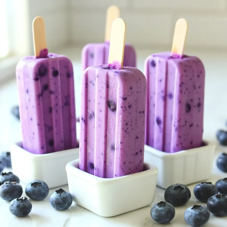 - 2 cups creamy Greek yogurt - 1 cup fresh blueberries - 1/4 cup honey or maple syrup - 1 teaspoon pure vanilla extract - 1 tablespoon lemon juice - Pinch of sea salt - Additional blueberries for garnish - Fresh mint sprigs The key to these popsicles is using creamy Greek yogurt. It gives a smooth texture and adds protein. The fresh blueberries add natural sweetness and flavor. You can use honey or maple syrup to sweeten. This allows you to control how sweet you want your popsicles. Adding lemon juice brightens the taste. It balances the sweetness and enhances the blueberry flavor. A pinch of sea salt brings out all the flavors, making them pop even more. Optional garnishes like extra blueberries and mint sprigs add a nice touch. They make your popsicles look pretty and add a fresh taste. Overall, these simple ingredients create a delicious, healthy treat for hot summer days. {{ingredient_image_2}} Start by adding 2 cups of creamy Greek yogurt and 1 cup of fresh blueberries to your blender. Next, pour in 1/4 cup of honey or maple syrup. This sweetens the mix. Add 1 teaspoon of pure vanilla extract and 1 tablespoon of freshly squeezed lemon juice. Finally, toss in a pinch of sea salt to balance the flavors. Blend everything on medium speed until it is smooth and creamy. If you want some texture, blend less so some blueberry chunks stay whole. Taste your mixture and add more honey if needed. Now it's time to pour your blueberry yogurt mixture into popsicle molds. Fill each mold about three-quarters full. This space allows the mixture to expand as it freezes. Insert popsicle sticks into the molds, making sure they are centered. This helps them freeze evenly. Place your filled molds in the freezer. I recommend freezing them for at least 4-6 hours. This time will ensure your popsicles are solid. To check if they are ready, gently press on the top. If it feels hard, they are good to go! When you're ready to eat one, run warm water over the outside of the molds for a few seconds. This will help loosen the popsicles. Carefully pull them out by the sticks. Enjoy your refreshing treat! To get creamy popsicles, blend Greek yogurt and blueberries until smooth. If you want some texture, blend less. This leaves small blueberry chunks that add a nice bite. Adjust the blending time to fit your taste. Taste your mixture before pouring it into molds. If it needs more sweetness, add more honey or maple syrup. You can also use agave nectar or stevia as alternatives. These options can keep your popsicles sweet without overpowering the blueberries. If your popsicles stick to the molds, try running warm water over them. This helps loosen them without breaking them. To avoid freezer burn, cover the molds with plastic wrap. This keeps air out and protects your popsicles for longer. Pro Tips Use Frozen Blueberries: If fresh blueberries are unavailable, frozen blueberries can be used. They will yield a similar flavor and texture once blended. Experiment with Sweeteners: Feel free to substitute honey or maple syrup with agave syrup or stevia for a different sweetness profile or to cater to dietary preferences. Layering Flavors: For an exciting twist, consider layering different fruit purees or yogurt flavors in the popsicle molds before freezing. Storage Tips: Store leftover popsicles in an airtight container in the freezer to maintain their freshness and prevent freezer burn. {{image_4}} You can make these popsicles even more fun by adding different flavors. Try mixing in other fruits like strawberries or raspberries. These fruits add color and sweetness. You can also add fresh herbs like mint or basil. They give a nice twist and a refreshing taste. If you want a vegan option, use non-dairy yogurt. Almond, coconut, or soy yogurt all work well. They give you different flavors and textures. You can also try different types of yogurt. For example, use flavored yogurt like vanilla or coconut for a unique taste. To make your pops healthier, reduce the sweeteners. You can cut back on honey or maple syrup. If you want to add more nutrition, include protein or fiber-rich ingredients. Think about adding flaxseeds or chia seeds. These small changes can make your treat even better for you! To keep your Greek yogurt blueberry popsicles fresh, store them in airtight containers. This prevents freezer burn and helps maintain taste. You can also wrap each popsicle in plastic wrap for extra protection. These popsicles last up to two months in the freezer. After that, they may lose flavor and texture. When it's time to enjoy your popsicles, avoid letting them sit out too long. The best way to defrost them is to run warm water over the molds for a few seconds. This will help loosen them without making them mushy. Serve your popsicles right after you remove them from the molds. For a fun touch, add extra blueberries or mint sprigs on top. Enjoy the refreshing taste as a perfect summer treat! Yes, you can use frozen blueberries. They will blend easily into the yogurt. Just make sure to let them thaw a bit before blending. This helps create a smooth texture. If you like some chunks, blend less. Frozen blueberries work well, and they keep the popsicles cold and refreshing. To make popsicles without added sugar, skip the honey or maple syrup. Use ripe bananas or dates for natural sweetness. Blend these sweet fruits with the yogurt and blueberries. Adjust the amount based on your taste. You can also add a splash of vanilla for extra flavor. Yes, Greek yogurt popsicles are healthy! They are rich in protein and calcium. The blueberries add antioxidants and vitamins. With natural sweeteners, they are a better treat than store-bought options. They are low in fat and can fit into many diets. Enjoy these popsicles guilt-free! Silicone molds are great for making popsicles. They are flexible and easy to use. You can find hard plastic molds too, which work well. Make sure your molds are BPA-free and dishwasher-safe. Choose molds that fit your freezer space and your preferred popsicle size. To prevent icy popsicles, blend the ingredients well for a creamy texture. Add a bit of lemon juice for a smoother feel. Avoid too much water or ice in the mix. Fill the molds only three-quarters full to prevent over-expansion. Let them freeze long enough to become solid. In this post, I shared how to make delicious Greek yogurt blueberry popsicles. We covered the key ingredients, simple steps, helpful tips, and various ways to customize your treats. You can use fresh fruits, sweeteners, and mix-ins to make it unique. Remember to store your popsicles properly and enjoy them with friends. Homemade popsicles are tasty and easy to make. Get started today and enjoy your refreshing treat!