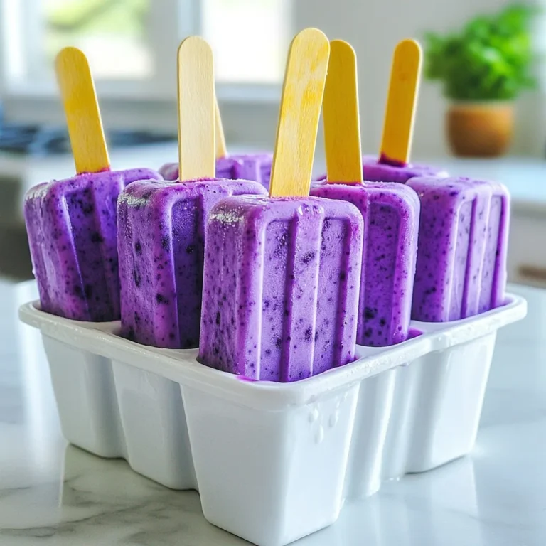 To make the best blueberry lemonade popsicles, you need fresh, simple ingredients: - 2 cups fresh blueberries - 1 cup freshly squeezed lemon juice (about 4-6 medium lemons) - 1 cup purified water - 1/2 cup honey or agave syrup (adjust for sweetness) - Zest of 1 medium lemon - A pinch of fine sea salt These ingredients work together to create a sweet and tangy treat. I love using fresh blueberries for their rich flavor and vibrant color. Fresh lemon juice adds a bright kick, while honey or agave gives just the right amount of sweetness. You can use either honey or agave syrup in this recipe. Honey gives a warm, floral taste. It also adds a nice depth to the popsicles. Agave syrup is a great choice if you want a milder sweetness. It’s also a vegan option. I recommend starting with 1/2 cup of your chosen sweetener. You can always taste and adjust to make it just right. Here are the tools you will need to create these popsicles: - Medium-sized saucepan - Immersion blender or countertop blender - Fine-mesh sieve (optional for smooth texture) - Mixing bowl - Popsicle molds - Popsicle sticks (if needed) Using these tools will make the process smooth and easy. An immersion blender is handy for pureeing the blueberries right in the pot. If you don’t have one, a regular blender works just fine. Enjoy making these tasty popsicles! {{ingredient_image_2}} To start, gather 2 cups of fresh blueberries. Place them in a medium saucepan with 1 cup of water. Heat the mixture over medium flame. Bring it to a gentle simmer. Cook for about 5-7 minutes. You want the blueberries to burst and soften. This step is key for a tasty popsicle. If you cook them long enough, they release their sweet juices. For optimal softness, make sure to stir gently. This helps the blueberries break down. Keep an eye on the heat. Too high can burn the mixture. Once the blueberries are soft, remove the pan from the heat. Let it cool for a few minutes. Now, I recommend using an immersion blender for this step. It makes blending easy. If you don’t have one, use a countertop blender. Just be careful when transferring the hot mixture. Blend until you have a smooth consistency. If you want a creamier texture, you can strain the puree. Use a fine-mesh sieve over a bowl. This removes any bits you might not want in your popsicle. In a large mixing bowl, combine the smooth blueberry puree with other ingredients. Add 1 cup of freshly squeezed lemon juice, 1/2 cup of honey or agave syrup, and the zest of one lemon. Don’t forget a pinch of fine sea salt. This helps balance the sweetness. Stir everything together until the honey is dissolved. Now, it’s time to fill the popsicle molds. Carefully pour the mixture into the molds. Leave a small gap at the top. This allows for expansion during freezing. Gently tap the molds on the counter. This step helps release any trapped air bubbles. If your molds take sticks, insert them now. Make sure they are secure before freezing. Place the filled molds in the freezer for at least 4-6 hours. They need to freeze solid. When they are ready, run warm water over the outside of the molds. This helps release the popsicles easily. Enjoy your refreshing summer treat! To change the sweetness of your blueberry lemonade popsicles, start with honey or agave syrup. Use half a cup as a base. Taste the mixture after blending. If it needs more sweetness, add a bit more honey or agave. Mix well before pouring into molds. Remember, the sweetness can seem less strong once frozen. A smooth popsicle texture comes from proper blending. After cooking the blueberries, let the mixture cool. Use an immersion blender for the best results. If you don’t have one, a countertop blender works too. For an extra smooth popsicle, strain the mixture through a fine-mesh sieve. This step removes any fruit solids, giving you a silky finish. To serve your popsicles, choose a colorful platter or tall glass. Fill the glass with ice to keep pops cool. This adds a nice touch to your presentation. For flair, garnish with whole blueberries or lemon slices. Not only does this look nice, but it also adds a hint of extra flavor. Enjoy making your popsicles look as good as they taste! Pro Tips Use Frozen Blueberries: If fresh blueberries aren’t available, frozen blueberries work just as well and save time on preparation. Adjust Sweetness: Taste the mixture before pouring it into molds and adjust the sweetness with honey or agave syrup according to your preference. Experiment with Flavors: Try adding a few sprigs of fresh mint or a splash of lime juice for a refreshing twist on the classic flavor. Perfect Popsicle Release: If you’re struggling to remove the popsicles from the molds, briefly submerge them in warm water to help loosen them. {{image_4}} You can switch out blueberries for other berries. Strawberries and raspberries work well. These berries bring their own sweet and tart flavors. Use the same amount as the recipe calls for blueberries. The process stays the same, just blend and freeze! Mixing different berries can create fun flavor combos. Try strawberries with lemon for a classic taste, or mix raspberries for a tangy twist. Adding herbs can change the game for your popsicles. Fresh mint gives a bright, cooling flavor. Just chop a few leaves and mix them in with the puree. Basil also adds a unique taste. Use it sparingly, as its flavor can be strong. This twist adds depth to the sweet and tart mix. You can try different herbs until you find your favorite blend! Want to amp up the citrus kick? Lime and orange zest can be a great addition. The zest adds a bright, zesty note. Just like with lemon, use the zest of one lime or orange. Mix it into your blueberry and lemon blend. This adds a fresh aroma and a burst of citrus flavor. You can even mix zests for a more complex taste. Get creative and enjoy the fruity fiesta! To keep your blueberry lemonade popsicles fresh, follow these tips: - Use fresh molds: Clean and dry your popsicle molds before filling. - Leave space: When filling molds, leave a small gap at the top. This allows for expansion during freezing. - Avoid air bubbles: Tap the molds gently on the counter to release trapped air. Once your popsicles are frozen, store them properly: - Wrap individually: Use plastic wrap or parchment paper to wrap each popsicle. This keeps them from sticking together. - Use a freezer bag: Place wrapped popsicles in a sealed freezer bag. Label it with the date. - Keep in the back: Store popsicles in the back of the freezer for the best temperature. Blueberry lemonade popsicles can last a long time. However, check for spoilage: - Shelf life: They can stay fresh for up to 2 months in the freezer. - Look for ice crystals: If you see large ice crystals, they may not taste fresh. - Check for off smells: Any strange odors mean it’s time to toss them. Enjoy your delightful treats all summer long! Yes, you can use frozen blueberries. They work well in the recipe. Just thaw them slightly before cooking. Frozen berries may not burst as much but will still give great flavor. The popsicles need about 4 to 6 hours to freeze completely. For best results, let them freeze overnight. This ensures they harden well and are easy to remove from the molds. Blueberries are rich in vitamins and antioxidants. They can help improve heart health and boost brain function. Lemons provide vitamin C and support digestion. Together, they make a refreshing and healthy treat. Yes! To make them vegan, simply replace honey with agave syrup or maple syrup. Both options provide sweetness without animal products. This way, everyone can enjoy these tasty popsicles. You will need popsicle molds and a blender. An immersion blender works great for mixing. If you don’t have that, a countertop blender is fine too. You might also want a fine-mesh sieve for smoother popsicles. Blueberry lemonades popsicles are refreshing and easy to make. You learned about fresh ingredients, sweetener choices like honey and agave, and the tools needed. We went through step-by-step instructions from cooking blueberries to filling molds. Remember to adjust sweetness to fit your taste and try different berries for fun. Store your popsicles well for the best flavor and enjoy them all summer long. With these tips, you can create delicious and healthy treats everyone will love. Get ready to enjoy your homemade popsicles!