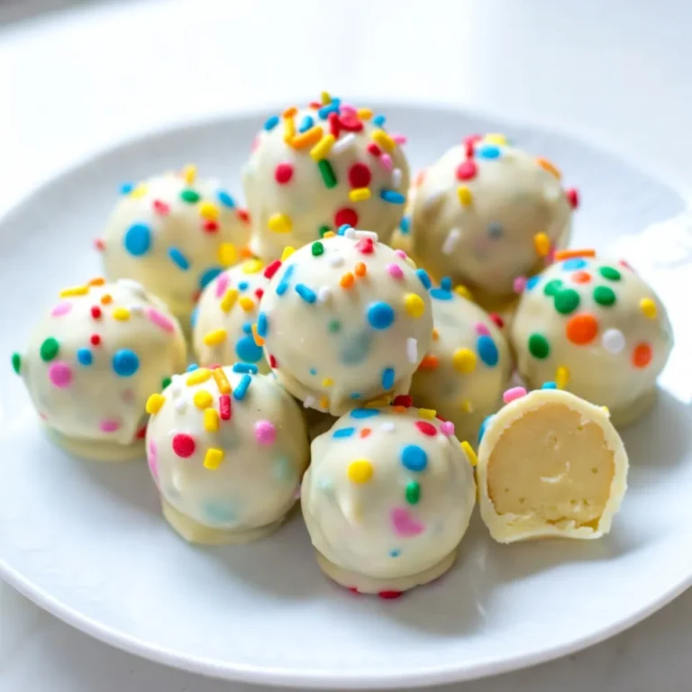 - 1 cup all-purpose flour - 1/2 cup unsalted butter, softened - 1/2 cup granulated sugar - 1/4 cup brown sugar, firmly packed - 1/2 teaspoon baking powder - 1/4 teaspoon salt - 1 teaspoon pure vanilla extract - 1 cup Funfetti sprinkles (plus extra for coating) - 1/2 cup cream cheese, softened - 1 cup white chocolate chips (for melting) - Additional sprinkles for a festive coating - All-purpose flour: This is the base for our cookie dough. It gives structure to the truffles. - Unsalted butter: Softened butter helps create a rich, creamy texture. - Granulated sugar: This sugar sweetens the truffles and helps them hold their shape. - Brown sugar: This adds moisture and a hint of caramel flavor. - Baking powder: It helps the dough rise slightly, making it lighter. - Salt: A pinch of salt enhances the sweet flavors. - Pure vanilla extract: This adds a warm, sweet flavor. - Funfetti sprinkles: These colorful bits make our truffles fun and festive. - Cream cheese: It adds creaminess and richness to the dough. - White chocolate chips: These melt down to coat the truffles in sweet, creamy chocolate. Each ingredient plays a key role in making these Funfetti Sugar Cookie Truffles amazing. - The flour provides structure, while the butter and sugars create a creamy base. - Adding baking powder gives the truffles a light texture. - Salt balances the sweetness and makes flavors pop. - The vanilla extract gives a warm, inviting aroma. - Funfetti sprinkles bring joy and color, making each bite fun. - Cream cheese adds a rich taste, making the truffles extra special. - Finally, the white chocolate chips create a smooth coating that makes these treats irresistible. Use these ingredients to create delightful and cute treats that everyone will love! {{ingredient_image_2}} First, gather your dry ingredients. In a medium bowl, combine 1 cup of all-purpose flour, 1/2 teaspoon of baking powder, and 1/4 teaspoon of salt. Whisk them together well. This mix helps give your truffles the right texture. Next, grab a large bowl for mixing. Take 1/2 cup of softened butter and add 1/2 cup of granulated sugar and 1/4 cup of brown sugar. Use a hand mixer or stand mixer to beat this mixture for about 2-3 minutes. You want it to be creamy and light in color. This step is key for a fluffy truffle. Now, add 1 teaspoon of pure vanilla extract to your creamy mix. Beat it until everything is combined. Slowly add your dry ingredient mix to the butter and sugar blend. Mix on low speed just until the dough comes together. Be careful not to overmix. Gently fold in 1 cup of Funfetti sprinkles and 1/2 cup of softened cream cheese into the dough. Make sure the sprinkles are evenly spread. Now, cover the bowl with plastic wrap. Chill the dough in the fridge for 30 minutes to 1 hour until it’s firm. Once chilled, use a tablespoon to scoop dough. Roll each scoop into a ball and place them on a parchment-lined baking sheet. Leave some space between them. Melt 1 cup of white chocolate chips in a microwave-safe bowl. Stir every 30 seconds until smooth. Dip each dough ball into the melted chocolate. Let any excess chocolate drip off. While the chocolate is still wet, sprinkle more Funfetti on top. This adds a fun and colorful finish. Return the truffles to the parchment sheet. Chill them for another 20-30 minutes to let the chocolate harden. Enjoy your delightful and cute treats! When making Funfetti sugar cookie truffles, it’s easy to slip up. Here are some common mistakes: - Overmixing the Dough: Mixing too much makes the truffles tough. Stop mixing as soon as the dough forms. - Skipping the Chill Time: If you skip chilling, the dough will be too soft to roll. Always chill for at least 30 minutes. - Not Using Room Temperature Ingredients: Cold butter or cream cheese can lead to lumpy dough. Let them warm up first. To get the best texture for your truffles, follow these tips: - Use Softened Butter: Softened butter blends well with sugars, making a creamy base. - Incorporate Cream Cheese: Adding cream cheese gives a smooth texture and richness. - Don’t Overbake: If you bake the dough, it should be just set. This helps retain moisture. Presentation makes your truffles look even cuter: - Use Fun Serving Dishes: Place truffles in a colorful bowl or on a tiered stand. - Add Extra Sprinkles: Sprinkle more Funfetti on top for a festive look. - Drizzle with Chocolate: A drizzle of melted chocolate adds flair and taste. These simple tips will help you create delightful and beautiful Funfetti sugar cookie truffles. Enjoy your baking! Pro Tips Chill for Better Texture: Make sure to chill the dough for at least 30 minutes. This helps the truffles hold their shape and ensures a firmer texture when rolling. Use Quality Chocolate: For the best results, choose high-quality white chocolate chips. They melt smoothly and provide a rich flavor that enhances the truffles. Experiment with Sprinkles: Feel free to mix different types of sprinkles for a unique look. Try using chocolate sprinkles or themed sprinkles for holidays and celebrations! Store Properly: Keep the truffles in an airtight container in the refrigerator to maintain their freshness. They can last up to a week, perfect for sharing or enjoying later! {{image_4}} Sprinkles add fun and color to your truffles. You can use many types. Classic rainbow sprinkles are great for a cheerful look. You could also try chocolate sprinkles for a richer taste. For a holiday theme, use red and green or pastel colors. Edible glitter can give a magical touch. Get creative and mix different sprinkles for a unique style! You can add new flavors to your truffles. Try almond extract instead of vanilla for a twist. A pinch of cinnamon can add warmth and spice. For a fruity touch, mix in some lemon or orange zest. If you want a nutty flavor, add finely chopped nuts or nut butter. You can even switch out cream cheese for ricotta or mascarpone for a different texture. While white chocolate is classic, you can explore other coatings. Dark chocolate gives a bold flavor and looks elegant. Milk chocolate is sweeter and loved by many. If you want a healthier option, use yogurt coating. For a crunchy texture, you can roll the truffles in crushed nuts or graham crackers. Each coating brings its own special touch to the truffles! To keep your Funfetti sugar cookie truffles fresh, store them in an airtight container. Place a layer of parchment paper between layers to prevent sticking. You can keep them at room temperature for up to two days. If you want to keep them longer, refrigerate them for up to a week. If you want to save some truffles for later, freezing is a great option. First, place the truffles on a baking sheet. Freeze them for about one hour until firm. Then, transfer them to a freezer-safe container or bag. Label it with the date and type. You can freeze them for up to three months. Thaw them in the fridge before serving. The shelf life of Funfetti sugar cookie truffles varies by storage method. At room temperature, they last about two days. In the fridge, they stay fresh for about one week. If frozen, they can last up to three months. Always check for any off smells or changes in texture before eating. Yes, you can make these truffles ahead of time. You can prepare the dough and chill it in the fridge. Keep it covered with plastic wrap. You can also form the truffles and store them in the fridge. They will stay fresh for about three days. If you want to keep them longer, freeze them for up to three months. Just let them thaw before serving. If you want a substitute for cream cheese, try using mascarpone cheese. It has a similar texture and taste. You can also use Greek yogurt for a lighter option. Just make sure it's plain and thick. Both options work well and keep the truffles creamy. If your truffles are too soft, it’s easy to fix them. First, chill them in the fridge for about 30 minutes. If they still don’t hold their shape, add a little more flour. Just one tablespoon at a time is enough. Mix it in gently until you reach the right texture. This should help them firm up nicely. In this article, I shared the key ingredients and steps for making funfetti sugar cookie truffles. I detailed tips to avoid common mistakes and offered variations for added fun. Storing these truffles correctly ensures they stay fresh. Remember, small changes can make a big difference in taste and texture. Enjoy making these treats, and feel free to experiment with flavors. You will impress your friends and family with these simple delights. Happy truffling!