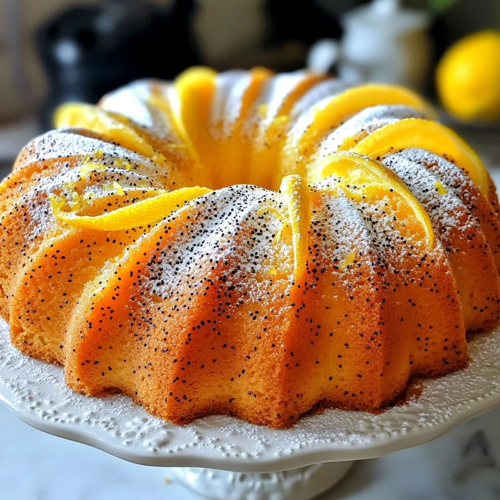- 1 cup unsalted butter - 2 cups granulated sugar - 4 large eggs - 1 tablespoon lemon zest - 1/4 cup lemon juice - 3 cups all-purpose flour - 1 teaspoon baking powder - 1/2 teaspoon baking soda - 1 teaspoon kosher salt - 1/2 cup poppy seeds - 1 cup plain Greek yogurt - Cups to grams: - 1 cup of unsalted butter = 227 grams - 1 cup of granulated sugar = 200 grams - 1 cup of plain Greek yogurt = 245 grams - Tablespoons to teaspoons: - 1 tablespoon = 3 teaspoons - Choosing fresh lemons: Look for lemons that are bright and firm. The skin should be smooth, not wrinkled. Fresh lemons have more juice and zest, enhancing the flavor of your cake. - Selecting poppy seeds: Choose fresh, whole poppy seeds for the best flavor. Check the color; they should be a rich blue or black. Avoid any seeds that look dull or old, as they won't add the same delightful crunch or flavor. Using high-quality ingredients makes your Lemon Poppy Seed Pound Cake truly shine. Each bite bursts with zesty lemon flavor and the unique crunch of poppy seeds. Enjoy baking! {{ingredient_image_2}} First, set your oven to 350°F (175°C). This will ensure even baking. You need to prepare your pan too. Use a 10-inch bundt pan or a standard loaf pan. Grease it well with butter, then dust it with flour. This step helps the cake slide out easily after baking. Set the prepared pan aside for later. Now, let’s make the batter. In a large mixing bowl, use an electric mixer to cream 1 cup of softened butter and 2 cups of granulated sugar together. Mix until the mix turns light and fluffy. This takes about 3-4 minutes. Next, add 4 large eggs one at a time. Mix well after each egg. Then, add 1 tablespoon of freshly grated lemon zest and 1/4 cup of freshly squeezed lemon juice. Combine these ingredients well until everything is mixed. In another bowl, whisk together 3 cups of sifted all-purpose flour, 1 teaspoon of baking powder, 1/2 teaspoon of baking soda, and 1 teaspoon of kosher salt. This is your dry mix. You will now add this dry mix to your wet mix. Do this in parts, alternating with 1 cup of plain Greek yogurt. Start and end with the dry mix. Mix until just combined. Be careful not to overmix. This helps keep your cake tender. Pour the batter into your prepared pan, smoothing the top with a spatula. Bake in your preheated oven for about 50-60 minutes. To check for doneness, insert a toothpick into the center. If it comes out clean or with a few moist crumbs, the cake is ready. Once baked, pull the cake from the oven. Let it cool in the pan for about 10-15 minutes. After that, gently move it to a wire rack to cool completely. Enjoy the aroma while the cake cools! To make your Lemon Poppy Seed Pound Cake light and fluffy, follow these steps: - Use room temperature ingredients. This means butter, eggs, and yogurt. They mix better and help the cake rise. - Cream your butter and sugar well. Mix them for about 3-4 minutes until light and fluffy. This adds air to the batter. Some mistakes can ruin your cake: - Overmixing the batter. Mix just until combined. Too much mixing makes the cake dense. - Not measuring ingredients accurately. Use a scale for precision. This ensures the best results. Want to boost the lemon flavor? Here are some ideas: - Add more lemon zest. Use zest from extra lemons for a brighter taste. - Try flavored yogurt. Use lemon or vanilla yogurt instead of plain. It gives a nice twist to the flavor. Pro Tips Use Room Temperature Ingredients: Ensure your butter, eggs, and yogurt are at room temperature for a smoother batter and better rise. Don’t Overmix: Mix the batter until just combined to avoid a dense cake. A few lumps are okay! Check for Doneness: Use a toothpick to test the center of the cake; it should come out clean or with a few moist crumbs. Enhance the Flavor: For an extra burst of lemon flavor, add a teaspoon of lemon extract to the batter. {{image_4}} You can easily change the taste of your Lemon Poppy Seed Pound Cake. Adding blueberries or raspberries gives a fruity twist. Just fold in one cup of fresh or frozen berries. The berries add color and a burst of flavor. You can also add a teaspoon of vanilla extract. This gives the cake a warm, sweet note. The vanilla and lemon mix well together for a rich taste. If you need gluten-free options, use gluten-free flour. Look for a blend that works for baking. This way, everyone can enjoy the cake. For vegan adaptations, replace the eggs with applesauce or flaxseed meal. Use a plant-based yogurt instead of Greek yogurt. These swaps keep the cake moist and tasty without dairy or eggs. This cake is amazing on its own, but you can enhance it. Serve it with a scoop of ice cream or a dollop of whipped cream. The creamy toppings balance the zesty cake. For a pretty presentation, garnish the top with fresh lemon slices and a sprinkle of poppy seeds. This makes your dessert not just tasty but also beautiful. To store leftover cake, wrap it well in plastic wrap. This keeps air out and moisture in. You can also place it in an airtight container. This helps the cake stay soft and fresh. For added moisture, I like to place a slice of bread in the container. The bread absorbs air and keeps the cake moist. To freeze the cake, let it cool completely. Wrap it tightly in plastic wrap, then in foil. This double wrap helps prevent freezer burn. You can freeze it for up to three months. When you want to enjoy it, move the cake to the fridge overnight. Let it thaw slowly for the best flavor. If you’re in a hurry, you can thaw it at room temperature for a few hours. At room temperature, Lemon Poppy Seed Pound Cake lasts about three days. Keep it covered to avoid drying out. If you put it in the fridge, it can last up to a week. However, refrigeration can change the cake’s texture, making it a bit denser. For the best taste and texture, enjoy it at room temperature. You can use several items in place of Greek yogurt. Here are some options: - Sour cream: Use a 1:1 ratio. - Plain yogurt: This works well too, just make sure it's plain. - Cottage cheese: Blend until smooth, use 1 cup for 1 cup. - Buttermilk: Use 1 cup for 1 cup, but reduce liquid in the recipe slightly. Each of these can give a nice texture to your Lemon Poppy Seed Pound Cake. Yes, you can make this cake ahead of time. Here are some tips: - Baking in advance: Bake the cake up to three days before you serve it. - Storage: Keep it wrapped in plastic wrap to stay fresh. - Freezing: You can freeze the cake for up to three months. Wrap it tightly in plastic wrap and foil. - Thawing: Thaw in the fridge overnight before serving. This way, you can enjoy the cake without stress on the day of your event. You can tell when your cake is done by using these simple methods: - Toothpick test: Insert a toothpick in the center. If it comes out clean or with a few crumbs, it's ready. - Visual cues: The cake should be golden brown and pull slightly from the pan sides. - Spring test: Gently press the top. If it springs back, it’s done. Checking these signs helps you avoid overbaking. Serving your cake beautifully makes it even more special. Here are some tips: - Presentation: Use a decorative cake stand for a nice touch. - Garnish: Add fresh lemon slices and a sprinkle of poppy seeds on top. - Pairings: It goes well with whipped cream or a scoop of vanilla ice cream. These ideas will impress your guests and elevate your cake's look! This blog post covered the key ingredients and steps to make Lemon Poppy Seed Pound Cake. We discussed the right ingredients, measurement tips, and common mistakes to avoid. You can create a moist, flavorful cake by following these steps. Remember to experiment with flavors and adaptations if needed. Proper storage keeps your cake fresh for longer. Enjoy sharing this treat, and don't forget to try new serving ideas. Happy baking!