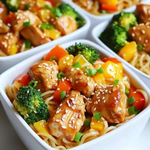 - Chicken and Noodles - 2 boneless, skinless chicken breasts, thinly sliced - 200g rice noodles - Vegetables - 1 bell pepper (red or yellow), thinly sliced - 1 medium carrot, julienned - 2 cups broccoli florets - 3 green onions, chopped - Sauces and Condiments - 2 tablespoons sesame oil - 4 tablespoons low-sodium soy sauce - 2 tablespoons teriyaki sauce - 1 tablespoon honey - 1 tablespoon fresh ginger, minced - 2 cloves garlic, minced - Sesame seeds for garnish - Salt and pepper to taste Each ingredient adds its own flavor and texture. The chicken provides protein. The noodles give a nice base. The vegetables add crunch and color. The sauces bring everything together. You can play with these ingredients to suit your taste. For a spicy kick, add some chili flakes. Enjoy the vibrant mix in your Teriyaki Chicken Noodle Bowl! {{ingredient_image_2}} To start, bring a large pot of water to a rolling boil. This usually takes about 5 minutes. Add 200g of rice noodles to the boiling water. Cook them according to the package, which is about 4-5 minutes. Once done, drain the noodles. Run them under cold water. This stops the cooking process. Set them aside to cool. For the marinade, you will need: - 2 boneless, skinless chicken breasts, thinly sliced - 4 tablespoons low-sodium soy sauce - 2 tablespoons teriyaki sauce - 1 tablespoon honey - 1 tablespoon fresh ginger, minced - 2 cloves garlic, minced - Salt and pepper to taste In a bowl, mix the chicken with the marinade ingredients. Make sure to coat each piece well. Let the chicken marinate for at least 15 minutes. This helps it soak up all the yummy flavors. While the chicken marinates, heat 2 tablespoons of sesame oil in a large skillet over medium-high heat. Add the sliced bell pepper, julienned carrot, and 2 cups of broccoli florets. Stir-fry for about 3-4 minutes. You want the veggies to soften but stay crisp. Remove them from the skillet and set aside. In the same skillet, add the marinated chicken along with all the marinade. Cook for about 5-7 minutes. Stir occasionally, so it cooks evenly. The chicken should be fully cooked and slightly caramelized outside. You can check for doneness by making sure it&rsquo;s no longer pink inside. After the chicken is cooked, return the saut&eacute;ed vegetables to the skillet. Add the cooled rice noodles. Gently toss all the ingredients together until mixed well. Heat everything through. Taste and adjust salt and pepper as needed. To serve, divide the noodle bowl mixture into large bowls. Top each bowl with chopped green onions and a sprinkle of sesame seeds. For extra flair, you can add more sesame seeds or fresh herbs like cilantro. This adds color and flavor to your dish. - Ensuring Tender Chicken: To get tender chicken, slice it thinly. Thin slices cook faster and soak up flavors better. Marinate the chicken for at least 15 minutes. This gives the meat time to absorb the soy and teriyaki sauces. - Cooking Noodles Al Dente: Cook the rice noodles for just 4-5 minutes. They should be firm but not hard. After cooking, drain them and rinse with cold water. This stops further cooking and keeps them from getting mushy. - Adding Spice or Heat: Want some heat? Add red pepper flakes or sriracha to the sauce. A little spice can make your dish pop with flavor. Adjust the amount based on your taste. - Choosing Fresh Ingredients: Always use fresh vegetables. They taste better and add color. Fresh bell peppers, carrots, and broccoli will enhance the dish. Look for bright colors and firm textures when shopping. - Overcooking Vegetables: Keep your vegetables crisp. Stir-fry them for only 3-4 minutes. They should be soft but still have a crunch. Overcooking makes them soggy and dull. - Skipping Marination: Never skip marinating the chicken. It is key for flavor. Even a short marination can make a big difference. Letting the chicken soak in the sauce enhances its taste and tenderness. Pro Tips Marinate Longer for More Flavor: If you have extra time, let the chicken marinate for 30 minutes to an hour. This enhances the flavor and tenderness of the chicken. Use Fresh Vegetables: Opt for fresh, seasonal vegetables for the best taste and nutritional value. Try adding snap peas or baby corn for extra crunch! Perfect Noodle Consistency: Be cautious not to overcook the rice noodles. They should be al dente as they will continue to cook slightly when mixed with the hot chicken and vegetables. Garnish Creatively: Experiment with garnishes like sliced radishes, cilantro, or even a drizzle of sriracha for a spicy kick. It adds not only flavor but also visual appeal! {{image_4}} You can swap chicken for different proteins. Beef is a great choice. Use thin strips of beef for a hearty bite. Tofu is another option. It soaks up flavors well, making the dish plant-based. Just remember to press the tofu first to remove excess water. If you love seafood, try shrimp or fish. Shrimp cooks quickly and adds a sweet touch. Fish like salmon or tilapia can also work well. Just be sure to adjust cooking times to avoid overcooking. Feel free to change the vegetables in your bowl. Seasonal vegetables taste fresh and bright. Use zucchini, snap peas, or mushrooms for a fun twist. You can even add roasted vegetables for a deeper flavor. Leafy greens are also a great addition. Spinach or bok choy can add color and nutrition. Toss them in at the end to keep them vibrant and crisp. They&rsquo;ll wilt just enough without losing their crunch. Making your own teriyaki sauce can be simple. Combine soy sauce, honey, garlic, and ginger. Cook it down for a thicker texture. This way, you can control the sweetness and saltiness. You can also experiment with different soy sauces. Low-sodium soy sauce is a healthier option. Tamari is gluten-free and has a rich flavor. Each type of soy sauce brings a unique taste, so feel free to mix and match! - How Long to Store Leftovers: You can store leftovers in the fridge for up to 3 days. Make sure to place them in an airtight container. - Best Practices for Refrigeration: Cool the dish to room temperature before storing. This helps prevent condensation and keeps the noodles from getting soggy. - Freezing Options and Tips: You can freeze the teriyaki chicken noodle bowl for up to 2 months. Separate the chicken and vegetables from the noodles for better texture after thawing. - Thawing and Reheating Methods: Thaw the dish overnight in the fridge. For reheating, you can use the stovetop or microwave, ensuring everything heats evenly. - Maintaining Texture and Flavor: Add a splash of water or broth when reheating. This keeps the noodles soft and prevents them from drying out. - Microwave vs. Stovetop: The stovetop is best for even heating. Stir frequently to avoid hot spots. The microwave is quicker but may need some extra time to heat through evenly. A Teriyaki Chicken Noodle Bowl is a tasty dish. It features chicken, noodles, and fresh veggies. You cook the chicken with teriyaki sauce for a sweet flavor. The rice noodles soak up the sauce well. Bell peppers, carrots, and broccoli add color and crunch. You can garnish the bowl with green onions and sesame seeds for a nice touch. Yes, you can make this recipe gluten-free. Use gluten-free soy sauce instead of regular soy sauce. You can also find gluten-free rice noodles at most stores. This way, you keep the flavor while being gluten-free. Making teriyaki sauce is easy! Here&rsquo;s a simple recipe: - Combine 1/4 cup soy sauce - Add 2 tablespoons honey - Stir in 1 tablespoon rice vinegar - Mix in 1 teaspoon sesame oil - Add 1 teaspoon cornstarch mixed with 1 tablespoon water for thickness Heat it in a pan until it thickens. This sauce is perfect for your chicken! Yes, you can prepare this dish in advance. Cook the chicken and veggies ahead of time. Store them in the fridge in a container. When you are ready to eat, just reheat everything. Cook the noodles fresh or reheat them too. This makes meal prep easy and quick. You can serve many sides with Teriyaki Chicken Noodle Bowl. Here are some ideas: - Steamed edamame for a protein boost - A simple cucumber salad for freshness - Miso soup for a warm side - Green tea for a soothing drink These options enhance your meal and make it even better! In this blog post, we explored how to make a tasty teriyaki chicken noodle bowl. We covered key ingredients, step-by-step cooking instructions, and storage tips. Remember, marinating your chicken adds great flavor, and using fresh veggies makes a difference. You can also mix things up with different proteins and sauces. Enjoy experimenting with this dish! It&rsquo;s a simple way to delight your taste buds and impress your friends. Make sure to follow the tips to avoid common mistakes. Happy cooking!