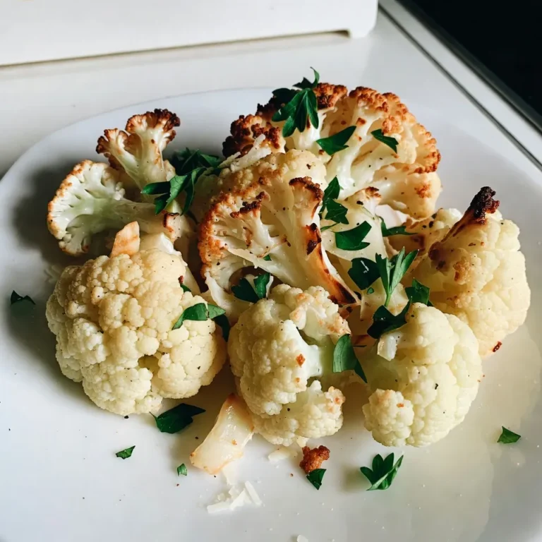 - 1 large head of cauliflower - 4 cloves of fresh garlic - 1/4 cup finely grated Parmesan cheese - 3 tablespoons extra virgin olive oil - 1 teaspoon smoked paprika - 1 teaspoon dried Italian herb blend - Sea salt - Freshly cracked black pepper - Fresh parsley The main ingredients for Garlic Parmesan Roasted Cauliflower create a strong base of flavor. The cauliflower, with its hearty texture, absorbs the garlic's rich taste. I love using fresh garlic because it brings a punch that dried garlic cannot match. The Parmesan adds a creamy, salty note that melts beautifully as it roasts. The seasoning and oils enhance the dish even more. Extra virgin olive oil not only helps the cauliflower roast evenly but also adds healthy fats. Smoked paprika gives a subtle warmth and depth that makes each bite exciting. The Italian herb blend brings classic flavors that round out the dish perfectly. Garnishing with sea salt and freshly cracked black pepper elevates the taste. Fresh parsley adds a bright touch and makes the dish visually appealing. Together, these ingredients create a side dish that is both simple and gourmet. You can feel the love in each bite! {{ingredient_image_2}} - Preheat the oven to 425°F (220°C). - Cut the cauliflower into bite-sized florets. Start by making sure your oven is hot. This helps the cauliflower roast well. Next, grab your cauliflower. Cut it into small pieces. These bite-sized florets will cook evenly and get crispy. - Combine cauliflower, garlic, olive oil, and seasonings in a bowl. In a large bowl, add the florets. Throw in minced garlic, olive oil, smoked paprika, and dried herbs. Use your hands or a spatula to mix. Make sure every piece is covered well. This step adds great flavor to your cauliflower. - Spread on a baking sheet in a single layer. - Roast for 25-30 minutes, stirring halfway. Line a baking sheet with parchment paper. Spread the seasoned cauliflower in one layer. This allows it to roast nicely. Place it in the oven. Roast for 25 to 30 minutes. Halfway through, stir the florets. This helps them brown and become tender. You want them golden and crisp at the edges. Once done, remove the baking sheet. The smell will be amazing! To get the best roasted cauliflower, spread the florets out evenly on the baking sheet. This helps each piece cook well. Stir the florets halfway through the cooking time. This step ensures that all sides brown nicely and become crispy. For a fresh twist, add lemon zest. It brings out the flavors and makes the dish brighter. You can also try different cheeses. Asiago or Pecorino can add a unique taste that complements the garlic and cauliflower. Presentation matters! Serve your roasted cauliflower in a stylish bowl. This makes it more appealing. Before serving, drizzle a little olive oil over the top. It adds flavor and gives a nice shine to the dish. Pro Tips Choose Fresh Cauliflower: Always select a cauliflower head that is firm and free from blemishes for the best flavor and texture. Customize Seasonings: Feel free to experiment with different spices such as cumin or curry powder to give your roasted cauliflower a unique twist. Serve Immediately: Roasted vegetables are best enjoyed fresh from the oven when they are still warm and crispy. Store Properly: If you have leftovers, store them in an airtight container in the refrigerator and reheat them at a low temperature to retain their texture. {{image_4}} You can easily change the flavor of your roasted cauliflower. - Add crushed red pepper flakes for heat. This gives it a nice spicy kick. - Substitute garlic powder for fresh garlic. This makes prep quicker and still tasty. You can make this dish fit your diet needs. - Make it vegan by using nutritional yeast instead of Parmesan. It still gives a cheesy flavor. - Verify that all ingredients are gluten-free. This is key for those with gluten issues. Want to make it even better? Try these additions. - Incorporate roasted nuts for crunch. Almonds or walnuts work great. - Add in other vegetables like Brussels sprouts or broccoli. This makes the dish colorful and diverse. Feel free to mix and match these ideas. Your roasted cauliflower will be unique and delicious! After enjoying your Garlic Parmesan Roasted Cauliflower, let it cool down first. This step is key. Once cool, place it in an airtight container. This keeps your leftovers fresh and tasty. When you want to enjoy the cauliflower again, I recommend using the oven. Preheat the oven to 350°F (175°C) and place the cauliflower on a baking sheet. Heat for about 10-15 minutes for the best texture. If you’re in a hurry, you can use the microwave. Just heat for 1-2 minutes, but know it won't be as crispy. You can keep your roasted cauliflower for about 3-5 days in the fridge. For the best taste and texture, try to eat it within those days. Enjoy the flavors while they last! To make Garlic Parmesan Roasted Cauliflower vegan, simply substitute the Parmesan cheese with nutritional yeast. Nutritional yeast has a cheesy flavor and works well in many dishes. It adds a nice depth to your cauliflower without using dairy. Yes, you can use frozen cauliflower for this recipe. Just remember to adjust the roasting time. Frozen cauliflower may take a little longer to roast. Keep an eye on it and make sure it gets hot and crispy. Garlic Parmesan Roasted Cauliflower pairs well with grilled meats, making it a great side dish. You can also serve it alongside pasta dishes for a tasty meal. It adds a nice crunch and flavor to any plate. This blog post detailed how to make Garlic Parmesan Roasted Cauliflower. We covered ingredients like fresh garlic, olive oil, and Parmesan cheese. Next, I shared a step-by-step guide for roasting and seasoning. You learned helpful tips for perfecting the dish and ways to add your own twist. In conclusion, this tasty side will impress anyone. Try different cheeses or veggies to make it your own. Enjoy a healthy treat that fits any meal!