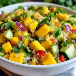 - 1 cup quinoa, thoroughly rinsed - 2 cups water - 1 ripe mango, beautifully diced - 2 ripe avocados, lovingly diced - 1 red bell pepper, diced into vibrant pieces - 1 cucumber, diced for a refreshing crunch - 1/4 cup red onion, finely chopped for a hint of sweetness - 1/4 cup fresh cilantro, roughly chopped for an aromatic finish - Juice of 1 lime, freshly squeezed - 3 tablespoons extra virgin olive oil - Salt and freshly cracked pepper, to taste Quinoa is a great source of protein. It is gluten-free and full of fiber. Mango adds sweetness and vitamins A and C. Avocado brings healthy fats, which are good for your heart. Red bell pepper adds color and vitamin C. Cucumber helps with hydration and adds a refreshing crunch. Red onion gives a mild sweetness and depth. Cilantro adds flavor and is rich in antioxidants. Lime juice adds tang and helps balance the flavors. If you can&rsquo;t find quinoa, use bulgur or farro. If you don&rsquo;t like mango, consider using peach or pineapple. Instead of avocado, you can use hummus for creaminess. Swap red bell pepper with yellow or green pepper for a different taste. If fresh cilantro isn&rsquo;t available, parsley works well. You can replace lime juice with lemon juice for a similar tang. {{ingredient_image_2}} To start, take 1 cup of quinoa and rinse it well. Rinsing helps remove any bitter taste. Next, pour the rinsed quinoa into a medium saucepan. Add 2 cups of water. Bring the water to a boil over high heat. Once it boils, turn down the heat to low. Cover the saucepan and let it simmer for about 15 minutes. The quinoa will absorb all the water and become fluffy. After cooking, remove it from heat. Let it cool for a few minutes. Fluff the quinoa gently with a fork to separate the grains. Take a large mixing bowl and add the diced mango, avocados, red bell pepper, cucumber, red onion, and cilantro. The colors in this salad will amaze you! Stir gently to mix the ingredients without mashing the avocados. This keeps the salad fresh and bright. The sweet mango and creamy avocado will work well together. Each bite will be a burst of flavor. In a small bowl, squeeze the juice of 1 lime. Add 3 tablespoons of extra virgin olive oil. Sprinkle in a pinch of salt and freshly cracked pepper. Whisk these ingredients together until they blend nicely. This dressing adds a zesty kick. Drizzle it over the quinoa and salad mix. Using a spatula or a large spoon, toss everything together gently. Make sure the salad is well-coated. Taste the salad and adjust the seasoning if needed. If you want more flavor, add extra lime juice, salt, or pepper. Cover the bowl and chill the salad for at least 30 minutes. This will help the flavors meld beautifully. To get fluffy quinoa, rinse it well first. This step removes bitter saponins. Use a 2:1 water-to-quinoa ratio. Bring it to a boil, then simmer on low. Cover it tightly and let it cook for 15 minutes. After that, let it sit for a few minutes. Fluff it with a fork to separate the grains. Perfect quinoa will be light and airy. For dicing mango, start with a ripe one. Cut off the sides, avoiding the pit. Score the flesh in a grid pattern, then turn it inside out. This makes it easy to cut into cubes. For avocados, slice in half and remove the pit carefully. Use a spoon to scoop out the flesh. Cut it into even pieces, so they mix well in the salad. Add lime zest for extra zing. This brings out the fruit's natural sweetness. You can also try a splash of honey or maple syrup. A sprinkle of chili flakes adds a nice kick. Fresh herbs like mint can give a unique twist too. Adjust the salt and pepper to your taste. Don't be afraid to experiment with flavors! Pro Tips Fresh Ingredients: Use ripe mangoes and avocados for optimal sweetness and creaminess. Chill Time: Allow the salad to chill in the refrigerator for at least 30 minutes to enhance flavor melding. Cooking Quinoa: Rinse quinoa thoroughly before cooking to remove any bitterness and achieve a fluffy texture. Customizable Add-ins: Feel free to add other ingredients like black beans or corn for extra protein and texture. {{image_4}} You can boost the protein in this salad easily. Try adding cooked chicken or shrimp. Both add flavor and satisfy your hunger. For a plant-based option, use chickpeas or black beans. These beans are full of protein and fiber. Tofu also works well, especially if you season it first. Feel free to swap in seasonal fruits and veggies. In summer, add sweet corn or cherry tomatoes. These add bright colors and fresh tastes. In fall, try diced apples or roasted butternut squash. These give a warm flavor and are great for cooler days. Switch up the dressing for a new taste. A honey-lime dressing adds sweetness and zest. Mix honey, lime juice, and a bit of olive oil. For a spicy kick, add a splash of sriracha to your olive oil and lime mix. This adds heat and depth to the salad. To keep your Mango Avocado Quinoa Salad fresh, store it in an airtight container. This helps maintain the flavor and texture. If you have leftover dressing, store it separately. This way, the salad doesn't get soggy. When stored properly, the salad lasts about three days in the fridge. However, the avocado may brown over time. To slow this, sprinkle extra lime juice over the avocado pieces before storing. This keeps them looking fresh and tasty. Freezing this salad is not ideal. The avocados and cucumbers do not freeze well. They become mushy once thawed. If you want to freeze quinoa, cook it separately. Store it in small bags. You can mix it with fresh ingredients later. Yes, you can make this salad ahead of time. Prepare it a few hours or even a day before serving. The flavors will meld together nicely in the fridge. Just be sure to keep it covered. If you worry about the avocados browning, add them right before serving. This keeps them fresh and green. Quinoa is very good for you. It is high in protein and fiber. It also has many vitamins and minerals, like magnesium and B vitamins. Quinoa is gluten-free, making it great for those with gluten issues. Eating quinoa can help with digestion and keep you feeling full longer. This salad pairs well with many dishes. You can serve it with grilled chicken or fish for added protein. It also goes great with tacos or burritos. If you want a vegetarian option, try it with black beans or lentils. For a light meal, enjoy it with a side of crusty bread. This blog post covered how to make a tasty quinoa salad. We looked at all the ingredients, their benefits, and even substitutions. You learned step-by-step methods for cooking quinoa, making a salad mix, and preparing the dressing. I shared tips for perfect quinoa and suggested ways to enhance flavor. You also discovered variations, including protein options and seasonal swaps. Lastly, we talked about storage and answered common questions. Enjoy making this salad, and feel free to get creative with your own twists!