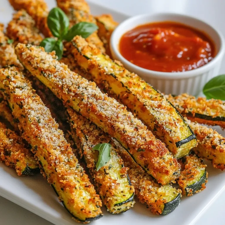 - 3 medium zucchinis, cut into fry-shaped sticks - 1 cup breadcrumbs (panko recommended for maximum crunch) - 1/2 cup freshly grated Parmesan cheese - 1 teaspoon garlic powder - 1 teaspoon onion powder - 1 teaspoon dried oregano - 1 teaspoon dried basil - Salt and freshly cracked black pepper to taste - 2 large eggs - 1 tablespoon extra-virgin olive oil I love using fresh, high-quality ingredients for my Parmesan herb zucchini fries. The zucchinis are the star of this dish. Choose medium-sized zucchinis for the best texture. They should be firm and bright. Next, I recommend using panko breadcrumbs. They add an amazing crunch. The Parmesan cheese gives a rich, savory flavor. Grate it fresh for the best results. The spices are simple but make a big impact. Garlic powder and onion powder add depth. Oregano and basil bring that classic Italian taste. Salt and pepper balance all the flavors. Binding is key for keeping the coating on. The eggs create a perfect layer for the breadcrumbs to stick. A drizzle of extra-virgin olive oil adds flavor and helps with browning. These ingredients come together to create a snack that is both delicious and healthy. They are perfect for dipping or as a side dish. {{ingredient_image_2}} - Preheat oven to 425°F (220°C). This step is key for crispiness. - Line the baking sheet with parchment paper. This helps to avoid sticking. - In a shallow bowl, combine breadcrumbs and Parmesan cheese. I love using panko for extra crunch. - Add garlic powder, onion powder, oregano, and basil. Mix well to combine all flavors. - In another bowl, whisk the eggs. This will make a smooth egg wash. - Take each zucchini stick and dip it in the egg wash first. Let any excess egg drip off. - Then, coat the zucchini in the breadcrumb mixture. Press gently so the crumbs stick well. - Arrange the coated zucchini fries on the baking sheet. Space them evenly for crispiness. - Drizzle olive oil over the fries. This helps them get golden and crunchy. - Bake for 20-25 minutes, turning the fries halfway through. They should be golden brown and crispy when done. - Use panko breadcrumbs for extra crunch. They create a light, airy texture. - Drizzle olive oil evenly over fries. This helps them brown and adds flavor. - Consider adding chili flakes for heat. They give a nice kick to the fries. - Try different herbs for variation. Fresh thyme or rosemary can change the taste. - To ensure even cooking, space the fries well on the baking sheet. This allows air to flow around them. - To avoid soggy fries, make sure to coat the zucchini sticks well. Excess moisture can lead to a soft texture. Pro Tips Choose the Right Zucchini: Opt for medium-sized zucchinis for the best texture and flavor. Smaller zucchinis can be too watery, while larger ones can be tough. Experiment with Seasoning: Feel free to add your favorite spices or herbs to the breadcrumb mixture for a personalized touch. Paprika or cayenne can add a nice kick! For Extra Crunch: Consider double-dipping the zucchini fries in the egg wash and breadcrumb mixture for a thicker crust that crisps up beautifully. Storage Tips: Leftover zucchini fries can be stored in an airtight container in the fridge for up to 3 days. Reheat in the oven to maintain crispiness. {{image_4}} You can easily change up the flavor of your zucchini fries. For an Italian twist, add more herbs. Try mixing in thyme, rosemary, or parsley. These herbs enrich the taste and give a fragrant aroma. If you like heat, consider making spicy zucchini fries. Simply add cayenne pepper or paprika to the breadcrumb mix. This adds a kick that pairs well with the cheesy flavor. When serving your zucchini fries, dips make a big difference. Marinara sauce is a classic choice. Its tangy flavor complements the cheese. Garlic aioli is another great dip. It adds creaminess and a rich garlic taste. For main dishes, consider serving them with grilled chicken or fish. They also pair well with burgers or sandwiches. If you need a gluten-free option, no problem! You can substitute regular breadcrumbs with gluten-free breadcrumbs. Make sure to check the labels for any hidden gluten. This way, everyone can enjoy these delicious fries without worry. To keep your Parmesan herb zucchini fries fresh, store leftovers in the fridge. Place them in an airtight container. This helps to keep them crisp for about three days. If you want to freeze them, do it before cooking. Lay the uncooked fries on a baking sheet, freeze for a few hours, then put them in a freezer bag. They will stay fresh for up to two months. To reheat your fries and keep them crispy, use an oven or air fryer. Preheat your oven to 400°F (200°C). Place the fries on a baking sheet and heat for about 10 minutes. In an air fryer, set it to 350°F (175°C) and cook for about 5-7 minutes. This way, you maintain that delightful crunch. To make zucchini fries crispy, use panko breadcrumbs. They give a great crunch. You should also ensure you coat each fry well with the egg wash. This helps the breadcrumbs stick better. Drizzle olive oil evenly over the fries before baking. Bake at 425°F for 20-25 minutes. Turn them halfway through to brown evenly. Let them cool for a few minutes after baking. This helps them firm up and stay crisp. Yes, you can prepare zucchini fries in advance. Cut the zucchini and coat them as instructed. Lay them on the baking sheet and cover with plastic wrap. Store them in the fridge for up to a day. You can also freeze uncooked fries. Just place them in a single layer on a baking sheet, freeze until solid, and then transfer to a bag. When ready, bake them from frozen; just add a few extra minutes to the cooking time. Zucchini fries are a healthy snack option. Zucchini is low in calories and high in water content. It offers vitamins A and C, which are good for your skin and eyes. The fiber in zucchini helps with digestion. Using a small amount of olive oil keeps the dish light. The Parmesan cheese adds flavor without needing much. Overall, these fries are a tasty way to enjoy veggies! You now have all the key steps to make delicious zucchini fries. Remember to choose fresh zucchinis and the right spices for great flavor. With tips on crispiness and variations, you can customize this dish to fit your taste. Zucchini fries are a tasty snack or side that’s also healthy. Try pairing them with your favorite dips for a perfect treat. I hope you enjoy making and sharing these fries as much as I do!