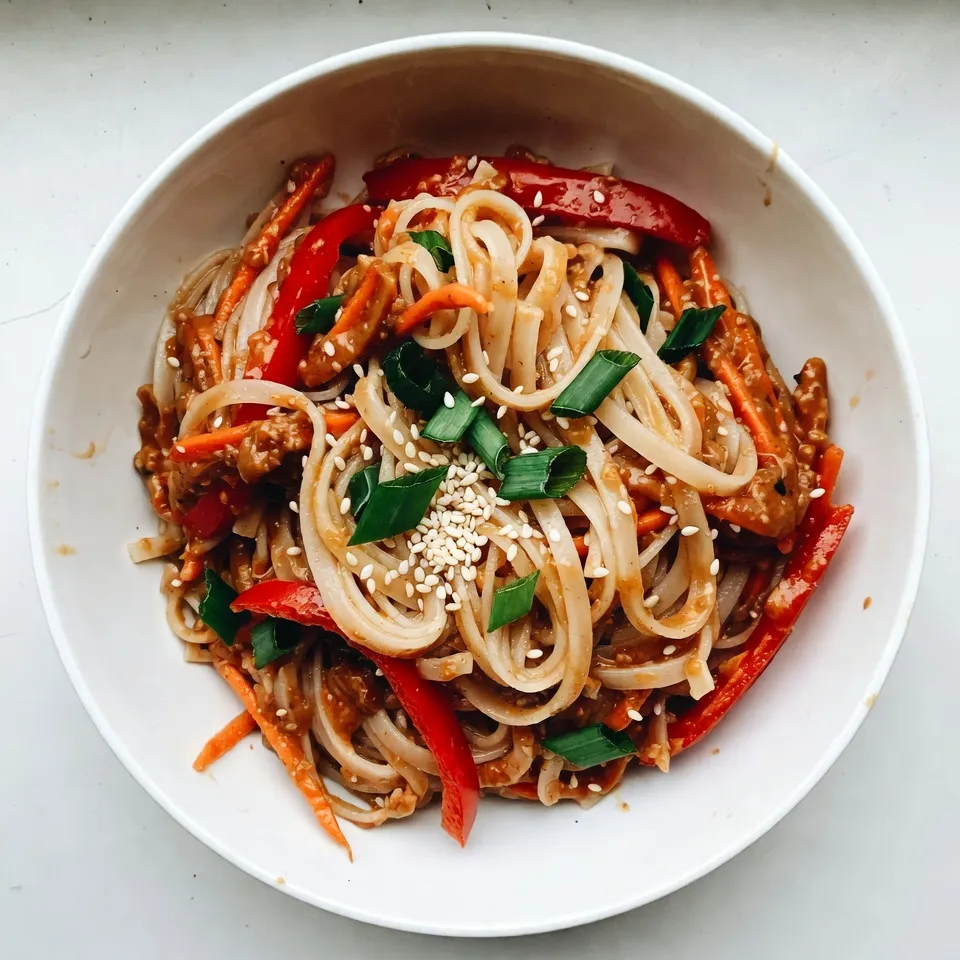 - 8 oz rice noodles - 1/4 cup creamy peanut butter - 2 tablespoons sesame oil - 2 tablespoons soy sauce (or tamari for gluten-free) - 1 tablespoon sriracha (adjust to taste) - 1 tablespoon honey or maple syrup - 1 tablespoon rice vinegar - 2 cloves garlic, minced - 1 inch piece of ginger, grated - 1/2 cup scallions, thinly sliced (reserve green parts for garnish) - 1/2 red bell pepper, julienned - 1/2 cup shredded carrots - 1/4 cup fresh cilantro, chopped (for garnish) - Sesame seeds for garnish When making spicy sesame peanut noodles, the right ingredients are key. Start with rice noodles. They provide a great base for the dish. They cook quickly and soak up flavors well. Next, we have the peanut sauce components. Creamy peanut butter gives a rich, nutty flavor. Sesame oil adds a nice aroma and depth. Soy sauce or tamari brings saltiness, while sriracha adds heat. Honey or maple syrup balances the spice with sweetness. Rice vinegar brightens the sauce and gives it a fresh taste. Garlic and ginger round out the flavor profile. Don’t forget the fresh vegetables! Scallions, red bell pepper, and carrots give the dish color and crunch. They also add vitamins and nutrients, making this meal not just tasty but healthy, too. - Sesame seeds - Scallions - Fresh cilantro Garnishes can take your noodles to the next level. Sesame seeds provide a nutty crunch. They also look great on top. Scallions add freshness and a mild onion flavor. Save some green parts for garnish. Fresh cilantro gives a pop of color and flavor, bringing everything together. Feel free to get creative with garnishes! You can add what you like to make it your own. {{ingredient_image_2}} Boiling Water and Cooking Time Start by boiling water in a large pot. You want a rolling boil. Once the water boils, add the rice noodles. Cook them for 4 to 6 minutes. Check the package for exact time. Draining and Rinsing After cooking, drain the noodles in a colander. Rinse them under cold water. This stops cooking and helps keep them firm. Set them aside to cool. Mixing the Ingredients Grab a medium mixing bowl. Add creamy peanut butter, sesame oil, soy sauce, sriracha, honey, rice vinegar, garlic, and ginger. Whisk these well until everything is smooth and mixed. Adjusting Consistency If your sauce feels thick, add warm water. Start with one tablespoon at a time. Mix until you find your desired thickness. Tossing Techniques Place the cooled noodles in a large mixing bowl. Pour the peanut sauce over them. Use tongs or a spatula to toss gently. Make sure every noodle is coated in the sauce. Ensuring Even Coating Take your time while tossing. You want a nice, even layer of sauce on all the noodles. This step makes each bite tasty. Incorporating Bell Pepper and Carrots Now, add the sliced red bell pepper and shredded carrots to the noodles. These add crunch and color to your dish. Mixing Tips Gently stir the mixture. You want the veggies evenly spread throughout the noodles. This makes every bite a delight. Temperature Preferences You can serve these noodles warm or at room temperature. Both options taste great! Presentation Ideas Divide the noodles into bowls. Top with green scallions, cilantro, and sesame seeds. This adds a pop of color and texture. Enjoy your spicy sesame peanut noodles! - Avoiding Sticky Noodles: Rinse the cooked noodles under cold water. This stops cooking and removes extra starch. Use a bit of oil to keep them from sticking together. - Timing for the Best Texture: Follow the package instructions for cooking time. Aim for al dente noodles, which means they should be firm but not hard. - Ingredient Substitutions: Swap soy sauce for tamari if you need a gluten-free option. Try almond butter instead of peanut butter for a nut-free choice. - Spice Level Adjustments: Want more heat? Add extra sriracha. To lower the spice, use less sriracha or add a bit of sugar to balance it out. - Best Side Dishes: Serve with a simple cucumber salad or steamed broccoli. These sides add freshness and color to your meal. - Beverage Pairings: A chilled ginger ale or iced green tea pairs nicely. Both drinks complement the spicy flavors of the noodles. Pro Tips Adjust the Spice Level: If you prefer milder flavors, start with less sriracha and gradually add to your taste. It's easier to add spice than to take it away! Make it a Meal: Add protein such as grilled chicken, tofu, or shrimp to the noodles for a heartier dish that’s perfect as a main course. Prep Ahead: You can prepare the peanut sauce in advance and store it in the fridge for up to a week. This saves time on busy days! Fresh Herbs Matter: Don’t skip the cilantro and scallions; they add a burst of freshness that elevates the dish significantly! {{image_4}} Gluten-Free Versions You can easily make gluten-free spicy sesame peanut noodles. Just swap regular soy sauce for tamari. This small change keeps the dish tasty while accommodating gluten-free diets. Always check labels to ensure your ingredients are gluten-free. Vegan Options For a vegan version, use maple syrup instead of honey. The rest of the ingredients are already plant-based. You can also choose vegan protein, like tofu or chickpeas, to make the meal heartier. Adding Protein You can enhance the nutrition by adding protein. Grilled chicken or shrimp works well. For a plant-based option, try marinated tofu. Just cube it and toss it in the pan before adding to the noodles. Alternative Sauces and Seasonings Feel free to mix up the sauce. Instead of peanut butter, try almond or cashew butter for a new flavor. You can also add hoisin sauce for a sweet twist. Using Seasonal Vegetables Seasonal vegetables add freshness. In spring, try snap peas or asparagus. In summer, add zucchini or cherry tomatoes. These swaps keep the dish vibrant and full of flavor. Incorporating Local Flavors Use local produce to make the dish unique. For example, if you find fresh herbs or veggies at a local market, throw them in. This adds a personal touch and supports local farms. - Refrigeration Tips: Allow the spicy sesame peanut noodles to cool completely. Place them in an airtight container. Store them in the fridge for up to three days. - Best Storage Containers: Use glass or BPA-free plastic containers. These keep the noodles fresh and prevent spills. - Freezing Guidelines: You can freeze the noodles for up to three months. Store them in freezer-safe bags or containers. Make sure to remove as much air as possible. - Reheating Instructions: To reheat, thaw the noodles in the fridge overnight. Then, warm them in a pan over medium heat. You can add a splash of water to loosen the sauce if needed. - Signs of Spoilage: Check for off smells or mold. If the noodles feel sticky or slimy, it’s time to toss them. - Recommended Timeframes: In the fridge, eat within three days. In the freezer, use within three months for best taste and quality. To make Spicy Sesame Peanut Noodles, start by cooking 8 oz of rice noodles. Boil water, add the noodles, and cook for 4-6 minutes. Drain and rinse with cold water. Next, mix the peanut sauce. Combine 1/4 cup creamy peanut butter, 2 tablespoons sesame oil, 2 tablespoons soy sauce, 1 tablespoon sriracha, 1 tablespoon honey, 1 tablespoon rice vinegar, 2 minced garlic cloves, and 1 inch of grated ginger in a bowl. Whisk until smooth. Combine the noodles and sauce in a large bowl. Toss until all noodles are coated. Add 1/2 julienned red bell pepper and 1/2 cup shredded carrots. Mix gently. Serve at room temperature or warm. Garnish with scallions, cilantro, and sesame seeds. - Rinse noodles well to stop cooking. - Adjust sauce thickness with warm water if needed. - Toss gently to keep the noodles intact. Yes, you can use other noodles. Options include udon, soba, or even spaghetti. - Udon noodles: Chewy and thick. - Soba noodles: Nutty flavor and great texture. - Spaghetti: Easy to find in most kitchens. Rice noodles are light and soft. Udon adds chewiness. Soba offers a unique bite. Choose based on your preference. You can easily adjust the heat level in your dish. Start with less sriracha and add more if needed. - Use less sriracha in the sauce. - Add more peanut butter to mellow the flavor. - Mix in coconut milk for creaminess. Taste your dish as you add sriracha. This way, you control the spice level. A little goes a long way! Spicy Sesame Peanut Noodles pair well with many sides. Think fresh salads or grilled meats. - Cucumber salad: Refreshing and light. - Grilled chicken: Adds protein and flavor. - Steamed broccoli: A simple vegetable option. Make it a full meal with a side of edamame. Or serve with spring rolls for a fun twist. In this article, we covered how to make Spicy Sesame Peanut Noodles. You learned about key ingredients like rice noodles and fresh veggies. We discussed step-by-step instructions for cooking and blending the sauce. Tips on perfecting texture and flavor were shared. We also explored tasty variations and storage methods. Now, you can enjoy this dish your way. It's simple and fun to make. With practice, you'll impress everyone! Grab your ingredients and start cooking. Enjoy your meal!