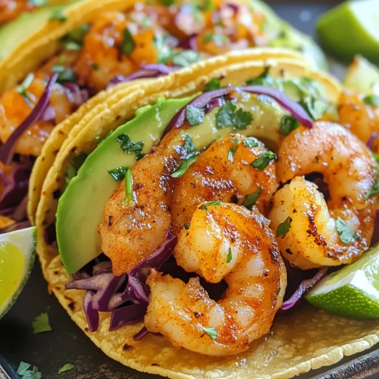 - 1 lb large shrimp, peeled and deveined - 4 cloves garlic, minced - 2 tablespoons olive oil The main ingredients are simple yet bold. Fresh shrimp gives the dish a sweet taste. Garlic adds a strong kick that pairs well with the shrimp. Olive oil is key for cooking and adds richness. - 1 teaspoon smoked paprika - 1 teaspoon cayenne pepper - 1 teaspoon ground cumin - Salt and freshly ground black pepper to taste Spices bring the shrimp to life. Smoked paprika adds depth and warmth. Cayenne pepper gives a spicy touch, so adjust it to your taste. Ground cumin adds a nice earthy flavor. Don't forget to season with salt and pepper. - 8 small corn tortillas - 1 ripe avocado, sliced - 1 cup red cabbage, finely shredded - ½ cup fresh cilantro, chopped - 1 lime, cut into wedges - Sour cream or Greek yogurt for drizzling (optional) - Hot sauce for serving (optional) When it comes to tacos, assembly is key. Small corn tortillas are perfect for holding everything. Avocado adds creaminess and balances the spice. Red cabbage provides crunch and color. Fresh cilantro adds a burst of flavor. Lime wedges help brighten the dish. You can drizzle sour cream or yogurt if you like. Hot sauce is a great option for those who want more heat. Each ingredient works together to create a rich, flavorful taco experience. {{ingredient_image_2}} First, grab a large mixing bowl. Add the shrimp, minced garlic, and olive oil. Next, sprinkle in the smoked paprika, cayenne pepper, ground cumin, and salt and pepper to taste. Mix everything well to coat the shrimp evenly. Let them marinate for 15-20 minutes. This step helps the shrimp soak up all those tasty flavors. While the shrimp marinates, it's time to prepare the toppings. Slice the avocado into wedges and finely shred the red cabbage. Chop the fresh cilantro, too. Arrange these colorful ingredients on a platter. This makes it easy to grab what you need when you start building your tacos. Now, heat a large skillet over medium-high heat. Once hot, carefully add the marinated shrimp in a single layer. Cook them for 4-6 minutes total. After 2-3 minutes, flip the shrimp to cook the other side. They should turn pink and opaque when done. This means they're perfectly cooked and ready for tacos. While the shrimp cooks, warm the corn tortillas. You can do this in a skillet or directly over a gas flame. Heat each tortilla for a few seconds on each side until soft. Keep them warm by wrapping them in a clean kitchen towel. This keeps them nice and pliable for folding. To assemble, take a warm tortilla and fill it with 3-4 shrimp. Next, add slices of avocado, shredded cabbage, and a sprinkle of fresh cilantro. Serve with lime wedges on the side for squeezing over the tacos. If you like, drizzle with sour cream or Greek yogurt. Don't forget the hot sauce for extra heat! To make these tacos stand out, adjust the cayenne pepper to your heat level. If you like it spicy, add more! For a richer taste, marinate the shrimp for a longer time. Aim for at least 30 minutes. This lets the shrimp soak in all those tasty flavors. Using fresh corn tortillas is key for great texture. They should be soft and warm. To avoid soggy tortillas, heat them quickly in a skillet or over a flame. Keep them warm by wrapping them in a clean towel. This simple step keeps the tortillas from getting wet from the toppings. Make your tacos look great on a colorful platter. Arrange them neatly to catch the eye. For a fresh look, garnish with extra cilantro and lime wedges. This adds color and makes each bite even better. Plus, it gives your guests a fun way to dress their tacos! Pro Tips Fresh Shrimp Matters: Always use the freshest shrimp available for the best flavor and texture. Frozen shrimp can be used, but ensure they are completely thawed and drained before marinating. Adjusting Spice Levels: The cayenne pepper can be adjusted based on your heat preference. Start with less if you're unsure, and you can always add hot sauce later for extra heat. Perfectly Warm Tortillas: To achieve soft and pliable tortillas, warm them for just a few seconds on a skillet or over a flame. Overheating can make them brittle. Garnish for Flavor: Don’t skip the fresh cilantro and lime wedges! They add brightness and flavor that perfectly complement the spicy shrimp. {{image_4}} You can easily swap shrimp for other proteins. Chicken or fish works well in this recipe. Just follow the same marinating steps. For a vegetarian option, try grilled veggies or tofu. They add great flavor and texture. To boost the taste, add diced tomatoes or jalapeños. These ingredients give a fresh kick. If you want a touch of sweetness, include mango or pineapple. These fruits contrast nicely with the spicy shrimp. Tortillas are key to great tacos. You can use flour tortillas for a softer bite or lettuce wraps for a low-carb choice. If you’re feeling adventurous, try making your own tortillas. They taste amazing and will impress your friends. To keep your Spicy Garlic Shrimp Tacos fresh, separate the shrimp and tortillas. Store the shrimp in an airtight container. This helps keep them juicy. Place the tortillas in a different container. You can wrap them in foil or plastic wrap. For toppings, like avocado and cabbage, use airtight containers too. This keeps them crisp and fresh. If you have leftover cilantro, store it in a small jar with water. Cover it with a plastic bag in the fridge. To reheat shrimp, use a skillet. Heat it on medium. Add a little olive oil. Cook for 2-3 minutes until warm. This method keeps the shrimp tender. For tortillas, warm them in a skillet or on a gas flame. Heat them for just a few seconds on each side. This makes them soft without drying out. Keep them wrapped in a kitchen towel to stay warm. You can freeze shrimp before cooking. Make sure they are clean and dry. Place them in a freezer bag and remove as much air as possible. They can stay in the freezer for up to three months. If you have cooked shrimp left, you can freeze them too. Allow them to cool first. Then, place them in a freezer bag. They will keep well for up to two months. Just remember to thaw them in the fridge before reheating. Yes, you can prepare shrimp and toppings in advance. Marinate the shrimp and keep it in the fridge for up to 24 hours. This lets the flavors blend well. You can also chop the toppings ahead. Slice the avocado, shred the cabbage, and chop cilantro. Store them in separate containers. When it's time to eat, just cook the shrimp and warm the tortillas. This method saves time and keeps everything fresh! To change the heat in your tacos, you can play with the cayenne pepper. If you prefer less heat, cut the amount in half. You can also skip it altogether for mild tacos. For more heat, add extra cayenne or include sliced jalapeños. Hot sauce on the side lets everyone choose their spice level. Remember, you can always add spice, but it’s hard to take it away! These tacos pair well with many sides. Try a simple salad with lime dressing. Rice or quinoa make great additions too. For drinks, cold Mexican beer or a fruity margarita works well. You can also serve fresh salsa or guacamole for extra flavor. These sides make the meal fun and tasty! Yes, these tacos can be gluten-free! Use small corn tortillas instead of flour ones. Check the label to ensure they are 100% corn. If you want a lower-carb option, lettuce wraps work too. They are fresh and crunchy. This way, everyone can enjoy the meal, regardless of dietary needs! Yes, you can use frozen shrimp! Just make sure to thaw it first. Place the shrimp in the fridge overnight or run it under cold water for quick thawing. Once thawed, peel and devein if needed. The flavor and texture will still be great. Just follow the same marinating and cooking steps as fresh shrimp. Enjoy your tasty tacos! We explored how to make spicy garlic shrimp tacos, from selecting fresh ingredients to cooking and assembling. This dish is simple, bursting with flavor, and customizable. Use shrimp, spices, and a vibrant array of toppings to make it your own. You can even adjust the heat to fit your taste. Remember to store leftovers properly to enjoy them later. With a bit of creativity, these tacos can become a household favorite. Enjoy preparing and sharing this delicious meal!