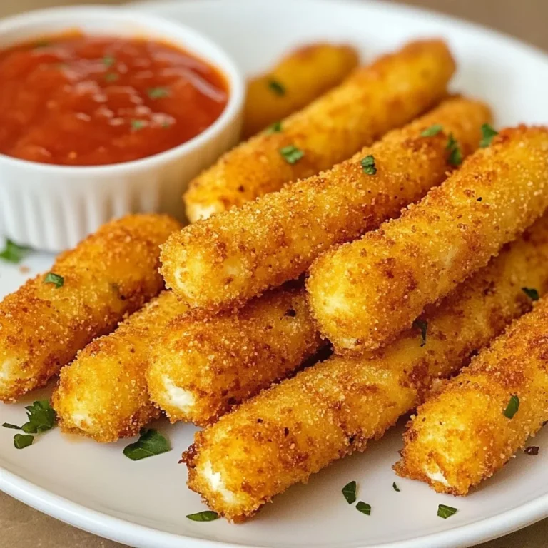 To make crispy air fryer mozzarella sticks, you need the following: - 12 mozzarella cheese sticks - 1 cup all-purpose flour - 2 large eggs - 1 cup Italian seasoned breadcrumbs - 1 teaspoon garlic powder - 1 teaspoon onion powder - ½ teaspoon salt - ½ teaspoon black pepper - Cooking spray - Marinara sauce for dipping These ingredients are key. The mozzarella sticks provide that gooey center, while the flour and eggs help the breadcrumbs stick. You can add extra flavors to your mozzarella sticks. Some great options include: - Crushed red pepper for heat - Dried herbs like oregano or basil - Parmesan cheese mixed with breadcrumbs These optional ingredients boost the taste. They add a new layer of flavor that makes your snack even better. You can easily swap ingredients to fit dietary needs. Here are some ideas: - Use gluten-free flour and breadcrumbs for a gluten-free option. - For a dairy-free version, try vegan cheese sticks. - Instead of eggs, use a flaxseed mixture as a binder. These substitutions keep your mozzarella sticks delicious while catering to different diets. Always ensure the replacements match your taste preferences and dietary restrictions. {{ingredient_image_2}} Start by freezing the mozzarella sticks. Place them in the freezer for at least one hour. Freezing helps them stay firm. This way, they won’t melt too quickly when you cook them. The result? A gooey, cheesy center that is oh-so-delicious! Now, let’s get our breading station ready. Grab three bowls. In the first bowl, pour in one cup of all-purpose flour. This is for a light coating. In the second bowl, crack two large eggs and whisk them until they are blended. They should look slightly frothy. The third bowl needs the flavor! Mix one cup of Italian seasoned breadcrumbs with one teaspoon of garlic powder, one teaspoon of onion powder, half a teaspoon of salt, and half a teaspoon of black pepper. This mix will give your mozzarella sticks a tasty crunch. It’s time to bread the cheese sticks! Take out your frozen mozzarella sticks. First, dredge each stick in the flour. Shake off any extra flour. Next, dip it into the egg mixture. Make sure it’s fully coated. Lastly, roll the stick in the breadcrumb mix. Press lightly to help the breadcrumbs stick well. This step is key for that crispy finish. Now, let’s preheat the air fryer. Set it to 390°F (200°C) and let it preheat for about five minutes. This ensures the mozzarella sticks cook at the right temperature. Once preheated, place the breaded sticks in a single layer inside the air fryer basket. Make sure they don’t overlap. Lightly spray them with cooking spray. This adds extra crispiness. Cook the mozzarella sticks for six to eight minutes. Watch for that golden brown color. Once they look crispy, they’re ready! Enjoy with marinara sauce for dipping. To get that perfect crispy texture, freezing the mozzarella sticks is key. Freeze them for at least one hour. This keeps them firm during cooking. When you bread the sticks, make sure to coat them well. Start with flour, then dip in egg, and finish with breadcrumbs. Press the breadcrumbs gently to ensure they stick. Lightly spray the sticks with cooking spray before air frying. This adds a nice crunch. One mistake is not freezing the cheese long enough. If the cheese melts too fast, you lose that gooey center. Another mistake is overcrowding the air fryer basket. This can cause uneven cooking and soggy sticks. Always place them in a single layer. Avoid skipping the cooking spray! It helps the sticks crisp up nicely. Serve your mozzarella sticks hot with marinara sauce for dipping. The tangy flavor pairs perfectly with the cheesy goodness. You can also try ranch dressing or a spicy aioli for a twist. For a fun touch, add some chopped herbs or chili flakes to your sauce. Enjoy these crispy snacks at parties or as a tasty treat at home. Pro Tips Freeze the Cheese: For the best results, freeze the mozzarella sticks for at least an hour before breading. This prevents them from melting too quickly and helps maintain a gooey center while achieving a crispy exterior. Season Your Breadcrumbs: Enhance the flavor of your mozzarella sticks by adding extra herbs and spices to the breadcrumb mixture. Consider mixing in some Italian seasoning or crushed red pepper for a spicy kick. Don't Overcrowd the Basket: When air frying, make sure to place the mozzarella sticks in a single layer without overlapping. This allows for even cooking and maximum crispiness. Check for Doneness: Keep an eye on the mozzarella sticks as they cook. Air fryers can vary, so check them around the 6-minute mark to ensure they reach a perfect golden brown without burning. {{image_4}} You can easily change the taste of your mozzarella sticks. Try adding spices to the breadcrumb mix. Here are some ideas: - Cajun seasoning for a spicy kick. - Smoked paprika for a smoky flavor. - Parmesan cheese to add a nutty touch. Mix these seasonings with the garlic and onion powder. This way, you create a unique snack every time. While mozzarella is a classic choice, you can try other cheeses too. Here are a few fun options: - Cheddar for a sharp taste. - Pepper Jack for some heat. - String cheese for a fun twist. Each cheese melts differently, giving you a new texture and flavor. Experiment and see what you like best! You can make mozzarella sticks fit special diets. For gluten-free sticks, use gluten-free flour and breadcrumbs. Many brands offer options that taste great. If you want a vegan version, use plant-based cheese. There are many types available now. You can also bread them with chickpea flour and gluten-free breadcrumbs. This way, you enjoy the same crispy treat without animal products. Feel free to get creative. The possibilities are endless! Leftover mozzarella sticks are easy to store. First, let the cooked sticks cool down. Then, place them in an airtight container. Make sure the container seals well to keep them fresh. You can store them in the fridge for up to three days. To enjoy your leftover mozzarella sticks, reheating is key. You can use the air fryer for the best results. Set the air fryer to 350°F (175°C). Place the sticks in a single layer and heat for about 3 to 5 minutes. This keeps them crispy. You can also use an oven. Preheat it to 375°F (190°C) and bake for 8 to 10 minutes. Freezing mozzarella sticks is a great way to enjoy them later. To freeze, place the uncooked, breaded sticks on a baking sheet. Make sure they are not touching. Freeze them for about 1 hour. Once firm, transfer the sticks to a freezer bag. They can last up to three months in the freezer. When ready to eat, cook them straight from the freezer without thawing. Adjust the cooking time to 8 to 10 minutes for perfect results. Yes, you can skip the breadcrumbs. Instead, use crushed nuts or crushed cornflakes. Both options add crunch without traditional breadcrumbs. You may need to adjust cooking time since they may brown differently. Freeze the mozzarella sticks for at least 1 hour. This step is key. It keeps the cheese from melting too fast. Proper freezing ensures you get that gooey center when cooked. Marinara sauce is the classic choice. Its tangy flavor complements the cheesy sticks perfectly. Other great options include ranch dressing, garlic aioli, or even a spicy marinara. Each adds a tasty twist to your snack. Using fresh mozzarella is possible, but results may vary. Fresh cheese has more moisture, making it harder to fry. If you use it, cut the cheese into smaller pieces. Freeze them for longer to help achieve the right texture. This guide covered all you need for air fryer mozzarella sticks. We talked about essential and optional ingredients, step-by-step cooking, and storage tips. I shared ways to make them crisp and tasty, plus fun variations to try. Don't forget about the great dipping sauces you can use. Now, you can make these snacks just right, impressing family and friends. Think about these tips next time you're craving a cheese treat! Enjoy your cooking!